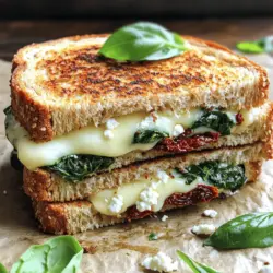 To make a tasty Sun-Dried Tomato and Spinach Grilled Cheese, gather these key items: - 4 slices of whole grain bread - 1 cup fresh spinach, washed and dried - 1/2 cup sun-dried tomatoes in oil, drained and chopped - 1 cup shredded mozzarella cheese - 1/2 cup crumbled feta cheese - 2 tablespoons olive oil - 1 tablespoon balsamic vinegar - Salt and pepper to taste These ingredients create a rich flavor that shines in every bite. The sun-dried tomatoes add a sweet, tangy taste. Fresh spinach gives a nice crunch and color. The blend of mozzarella and feta melts beautifully, bringing it all together. You can take this grilled cheese to the next level with some optional additions: - Fresh basil leaves for garnish - A pinch of garlic powder for extra warmth - Red pepper flakes for a spicy kick These extras can provide a burst of flavor. Fresh basil is bright and aromatic. Garlic powder adds depth, while red pepper flakes create a delightful heat. Feel free to swap out some ingredients based on your taste or what you have: - Use sourdough or rye bread instead of whole grain. - Try different cheeses like cheddar or goat cheese. - Substitute arugula for spinach for a peppery twist. These substitutions can change up the flavor profile. Each option offers a unique taste while keeping the essence of the dish. Remember, cooking is all about creativity! For the full recipe, check out the details above. To start, gather your ingredients. You need four slices of whole grain bread. Next, measure one cup of fresh spinach. Wash and dry the spinach well. Then, get half a cup of sun-dried tomatoes. Make sure they are in oil, then drain and chop them. You will also need one cup of shredded mozzarella cheese and half a cup of crumbled feta cheese. For seasoning, prepare salt and pepper to taste. Lastly, have two tablespoons of olive oil and one tablespoon of balsamic vinegar ready. Now, let’s cook! First, combine the chopped sun-dried tomatoes, fresh spinach, mozzarella, and feta in a medium bowl. Drizzle the olive oil and balsamic vinegar over this mix. Season it with salt and pepper, then mix everything well. Heat a non-stick skillet over medium heat. Take two slices of your bread and place half of the cheese and spinach mix on each slice. Top with the other two slices to form two sandwiches. Lightly brush the outside of both sandwiches with olive oil. This helps them get crispy when grilling. Carefully place the sandwiches on the skillet. Cook for about 4-5 minutes per side. Look for a golden brown color and melted cheese. Once cooked, remove the sandwiches from the skillet and let them cool for a moment. This helps the cheese set a bit. For a nice touch, cut each sandwich diagonally. This gives a great look and makes them easier to eat. You can garnish with fresh basil leaves if you like. This adds extra color and flavor. For the full recipe, check out the details above. Enjoy your delightful grilled cheese! To make your Sun-Dried Tomato and Spinach Grilled Cheese shine, focus on flavors. Start with quality sun-dried tomatoes. The richer the flavor, the better your sandwich will taste. Fresh spinach adds a nice crunch. For extra creaminess, mix in more mozzarella cheese. You can also add a hint of garlic powder to the cheese mix for depth. Many people rush their cooking. Don’t cook the sandwiches too fast. Medium heat is best. This lets the cheese melt while the bread gets golden brown. Another mistake is using too much oil. A light brush is enough to crisp the bread without it becoming greasy. Lastly, avoid overcrowding the skillet. Cook one or two sandwiches at a time for even grilling. Serve your grilled cheese with a side of tomato soup for a classic touch. You can also pair it with a fresh salad for a light meal. Want a kick? Add a slice of jalapeño inside the sandwich. For a fun twist, serve with a sprinkle of fresh basil on top. This will add color and flavor. For the full recipe, check out the details above. {{image_2}} You can keep this dish meat-free and still full of flavor. The sun-dried tomatoes and spinach offer a rich taste. If you want more protein, add chickpeas or lentils to the mix. Both options work great and boost nutrition. Feel free to add your favorite veggies. Sliced bell peppers add crunch. If you like a kick, try jalapeños. For a creamy touch, spread some cream cheese on the bread before grilling. You can also use pesto to give it a fresh twist. While whole grain bread is a winner, you can use other types. Sourdough adds a tangy flavor. Rye or ciabatta also works well. If you prefer gluten-free, look for gluten-free bread options at your store. Each choice changes the taste and texture, so experiment and find your favorite! For the full recipe, check out the details above. To keep your grilled cheese fresh, wrap it in foil or plastic wrap. Avoid using paper towels, as they can make the sandwich soggy. Store it in the fridge for up to three days. If you have extra filling, store it in a separate container. This way, you can make a fresh sandwich later. When you're ready to eat your leftover grilled cheese, use a skillet for the best results. Heat the skillet on medium-low heat. Place the sandwich in the skillet and cover it with a lid. Heat for about 3-4 minutes on each side. This method keeps the bread crispy and warms the cheese nicely. You can also use a microwave if you're in a hurry, but it may not be as crispy. If you want to save your grilled cheese for later, freezing is a great option. Wrap each sandwich tightly in plastic wrap and then in foil. This helps prevent freezer burn. You can store them in the freezer for up to one month. When you're ready to eat, thaw it in the fridge overnight. Then, follow the reheating instructions to enjoy a tasty meal. Yes, you can! Feel free to switch mozzarella and feta for your favorites. Cheddar adds a sharp taste, while Gouda gives a creamy texture. You can also mix cheeses for unique flavors. Just remember that some cheeses melt better than others. Aim for a good melt to keep the sandwich gooey and delicious. To make this sandwich vegan, swap out the dairy cheese for plant-based options. Use vegan mozzarella or cashew cheese. You can also add nutritional yeast for a cheesy flavor. Replace the butter with vegan margarine or olive oil for grilling. This way, you keep all the taste without any animal products. Many sides can complement your sun-dried tomato and spinach grilled cheese. A fresh salad adds crunch and brightness. Tomato soup is a classic pairing, offering warmth and comfort. You can also serve it with sweet potato fries or a side of pickles for a tangy bite. These sides enhance the meal and make it even more enjoyable. For the full recipe and more details, check the [Full Recipe]. This article highlights how to make a tasty Sun-Dried Tomato and Spinach Grilled Cheese. We explored essential and optional ingredients, plus helpful substitutions for flavor. I shared step-by-step cooking methods to ensure the perfect sandwich. You learned tips to enhance taste, avoid mistakes, and serve quickly. We covered variations, storage methods, and FAQs for easy reference. This dish is simple to make and fun to customize. Enjoy your cooking adventure!