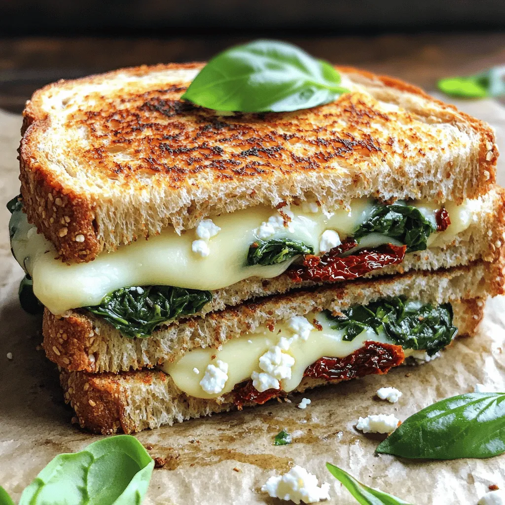 To make a tasty Sun-Dried Tomato and Spinach Grilled Cheese, gather these key items: - 4 slices of whole grain bread - 1 cup fresh spinach, washed and dried - 1/2 cup sun-dried tomatoes in oil, drained and chopped - 1 cup shredded mozzarella cheese - 1/2 cup crumbled feta cheese - 2 tablespoons olive oil - 1 tablespoon balsamic vinegar - Salt and pepper to taste These ingredients create a rich flavor that shines in every bite. The sun-dried tomatoes add a sweet, tangy taste. Fresh spinach gives a nice crunch and color. The blend of mozzarella and feta melts beautifully, bringing it all together. You can take this grilled cheese to the next level with some optional additions: - Fresh basil leaves for garnish - A pinch of garlic powder for extra warmth - Red pepper flakes for a spicy kick These extras can provide a burst of flavor. Fresh basil is bright and aromatic. Garlic powder adds depth, while red pepper flakes create a delightful heat. Feel free to swap out some ingredients based on your taste or what you have: - Use sourdough or rye bread instead of whole grain. - Try different cheeses like cheddar or goat cheese. - Substitute arugula for spinach for a peppery twist. These substitutions can change up the flavor profile. Each option offers a unique taste while keeping the essence of the dish. Remember, cooking is all about creativity! For the full recipe, check out the details above. To start, gather your ingredients. You need four slices of whole grain bread. Next, measure one cup of fresh spinach. Wash and dry the spinach well. Then, get half a cup of sun-dried tomatoes. Make sure they are in oil, then drain and chop them. You will also need one cup of shredded mozzarella cheese and half a cup of crumbled feta cheese. For seasoning, prepare salt and pepper to taste. Lastly, have two tablespoons of olive oil and one tablespoon of balsamic vinegar ready. Now, let’s cook! First, combine the chopped sun-dried tomatoes, fresh spinach, mozzarella, and feta in a medium bowl. Drizzle the olive oil and balsamic vinegar over this mix. Season it with salt and pepper, then mix everything well. Heat a non-stick skillet over medium heat. Take two slices of your bread and place half of the cheese and spinach mix on each slice. Top with the other two slices to form two sandwiches. Lightly brush the outside of both sandwiches with olive oil. This helps them get crispy when grilling. Carefully place the sandwiches on the skillet. Cook for about 4-5 minutes per side. Look for a golden brown color and melted cheese. Once cooked, remove the sandwiches from the skillet and let them cool for a moment. This helps the cheese set a bit. For a nice touch, cut each sandwich diagonally. This gives a great look and makes them easier to eat. You can garnish with fresh basil leaves if you like. This adds extra color and flavor. For the full recipe, check out the details above. Enjoy your delightful grilled cheese! To make your Sun-Dried Tomato and Spinach Grilled Cheese shine, focus on flavors. Start with quality sun-dried tomatoes. The richer the flavor, the better your sandwich will taste. Fresh spinach adds a nice crunch. For extra creaminess, mix in more mozzarella cheese. You can also add a hint of garlic powder to the cheese mix for depth. Many people rush their cooking. Don’t cook the sandwiches too fast. Medium heat is best. This lets the cheese melt while the bread gets golden brown. Another mistake is using too much oil. A light brush is enough to crisp the bread without it becoming greasy. Lastly, avoid overcrowding the skillet. Cook one or two sandwiches at a time for even grilling. Serve your grilled cheese with a side of tomato soup for a classic touch. You can also pair it with a fresh salad for a light meal. Want a kick? Add a slice of jalapeño inside the sandwich. For a fun twist, serve with a sprinkle of fresh basil on top. This will add color and flavor. For the full recipe, check out the details above. {{image_2}} You can keep this dish meat-free and still full of flavor. The sun-dried tomatoes and spinach offer a rich taste. If you want more protein, add chickpeas or lentils to the mix. Both options work great and boost nutrition. Feel free to add your favorite veggies. Sliced bell peppers add crunch. If you like a kick, try jalapeños. For a creamy touch, spread some cream cheese on the bread before grilling. You can also use pesto to give it a fresh twist. While whole grain bread is a winner, you can use other types. Sourdough adds a tangy flavor. Rye or ciabatta also works well. If you prefer gluten-free, look for gluten-free bread options at your store. Each choice changes the taste and texture, so experiment and find your favorite! For the full recipe, check out the details above. To keep your grilled cheese fresh, wrap it in foil or plastic wrap. Avoid using paper towels, as they can make the sandwich soggy. Store it in the fridge for up to three days. If you have extra filling, store it in a separate container. This way, you can make a fresh sandwich later. When you're ready to eat your leftover grilled cheese, use a skillet for the best results. Heat the skillet on medium-low heat. Place the sandwich in the skillet and cover it with a lid. Heat for about 3-4 minutes on each side. This method keeps the bread crispy and warms the cheese nicely. You can also use a microwave if you're in a hurry, but it may not be as crispy. If you want to save your grilled cheese for later, freezing is a great option. Wrap each sandwich tightly in plastic wrap and then in foil. This helps prevent freezer burn. You can store them in the freezer for up to one month. When you're ready to eat, thaw it in the fridge overnight. Then, follow the reheating instructions to enjoy a tasty meal. Yes, you can! Feel free to switch mozzarella and feta for your favorites. Cheddar adds a sharp taste, while Gouda gives a creamy texture. You can also mix cheeses for unique flavors. Just remember that some cheeses melt better than others. Aim for a good melt to keep the sandwich gooey and delicious. To make this sandwich vegan, swap out the dairy cheese for plant-based options. Use vegan mozzarella or cashew cheese. You can also add nutritional yeast for a cheesy flavor. Replace the butter with vegan margarine or olive oil for grilling. This way, you keep all the taste without any animal products. Many sides can complement your sun-dried tomato and spinach grilled cheese. A fresh salad adds crunch and brightness. Tomato soup is a classic pairing, offering warmth and comfort. You can also serve it with sweet potato fries or a side of pickles for a tangy bite. These sides enhance the meal and make it even more enjoyable. For the full recipe and more details, check the [Full Recipe]. This article highlights how to make a tasty Sun-Dried Tomato and Spinach Grilled Cheese. We explored essential and optional ingredients, plus helpful substitutions for flavor. I shared step-by-step cooking methods to ensure the perfect sandwich. You learned tips to enhance taste, avoid mistakes, and serve quickly. We covered variations, storage methods, and FAQs for easy reference. This dish is simple to make and fun to customize. Enjoy your cooking adventure!