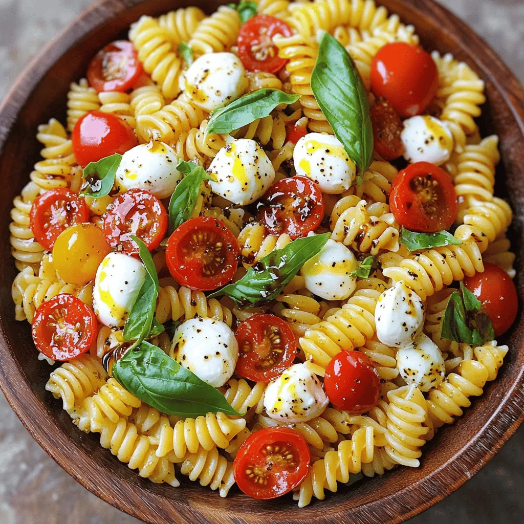 - 8 oz fusilli pasta - 1 cup cherry tomatoes, halved - 1 cup fresh mozzarella balls (bocconcini), halved - 1 cup fresh basil leaves, torn - 1/4 cup olive oil - 2 tablespoons balsamic vinegar - 1 clove garlic, minced - Salt and pepper to taste - Optional: 1/4 teaspoon red pepper flakes for heat Gathering the right ingredients is key to making the Best Caprese Pasta Salad. The fusilli pasta gives the salad a fun twist. I love how the shape holds the dressing. Fresh cherry tomatoes add a burst of flavor and color. You can’t go wrong with creamy mozzarella balls. They blend perfectly with the fresh basil. Olive oil and balsamic vinegar create a simple yet tasty dressing. A hint of garlic adds depth and warmth. Adjust the salt and pepper to your taste. If you want a bit of spice, try adding red pepper flakes. This salad is not just tasty; it’s healthy too! Each serving has about 300 calories. You will also find around 15 grams of fat. It packs in 10 grams of protein. Carbohydrates sit at about 35 grams. This dish is great for a light meal. I recommend a serving size of one cup. This salad is perfect for lunch or a side dish at dinner. You can also serve it at parties. It looks beautiful in a big bowl. Add extra basil and a drizzle of olive oil on top for a nice touch. For the full recipe, check out Caprese Pasta Salad Delight. To cook fusilli pasta to al dente, bring a pot of salted water to a boil. Add the pasta and cook it for about 8 to 10 minutes. Check the pasta often to ensure it does not overcook. You want it to be firm when bitten. Once the pasta is ready, drain it in a colander. Rinse the finished pasta under cold water. This stops the cooking process and cools it down quickly. It also helps to keep the pasta from sticking together. In a large mixing bowl, combine the cooked pasta, halved cherry tomatoes, and fresh mozzarella balls. The fresh mozzarella adds a creamy touch. Next, add the torn basil leaves. The basil gives a wonderful aroma and taste. It is important to mix gently. You want to coat all ingredients without breaking the pasta or mozzarella. This gentle touch keeps your salad looking nice. In a small bowl, whisk together the olive oil, balsamic vinegar, minced garlic, salt, and pepper. If you like some heat, add red pepper flakes too. Whisk until well blended. The dressing brings all the flavors together. Pour the dressing over the pasta salad. Toss gently until everything is evenly coated. Now, taste it and adjust the seasoning. You may want more salt, pepper, or balsamic vinegar. Let the salad sit for about 15 minutes. This allows the flavors to meld beautifully. For the full recipe, check out Caprese Pasta Salad Delight. To keep leftover pasta salad fresh, store it in an airtight container. This helps avoid moisture loss and keeps flavors intact. Place it in the fridge right after serving. The salad will stay good for about three days. For the best results, use glass or BPA-free plastic containers. They seal well and help maintain freshness. Avoid metal containers, as they can affect the taste of the salad. Want to boost the flavors? Try adding sliced olives or diced avocado. Both add a nice taste and texture. Fresh herbs like oregano or parsley can also enhance the dish. To let flavors meld, let the salad sit for at least 15 minutes before serving. This waiting time allows the dressing to soak into the pasta and veggies. It makes each bite more flavorful. When serving, consider using a large, colorful bowl. This makes the pasta salad look inviting. You can layer the salad with extra cherry tomatoes and mozzarella on top for a beautiful display. For garnish, add fresh basil leaves and a drizzle of olive oil just before serving. This adds a pop of color and enhances the flavor. Your guests will be impressed! {{image_2}} You can add protein to your Caprese pasta salad for a heartier meal. Here are some tasty ideas: - Grilled Chicken: Slice grilled chicken breast and mix it in. It adds great flavor and texture. - Shrimp: Cook shrimp in garlic and olive oil. Toss them in for a fresh twist. - Beans: For a vegetarian option, add chickpeas or black beans. They boost protein and fiber. These protein additions make the salad filling and nutritious. Choose what you love most! Caprese flavors work well with many vegetables. Here are some good choices: - Bell Peppers: Add colorful bell peppers for crunch and sweetness. - Cucumbers: Slice cucumbers for a refreshing bite that pairs well with the salad. - Zucchini: Grated or thinly sliced zucchini adds a nice texture. Use seasonal vegetables for the best taste. Fresh produce makes the salad even better! Different pasta shapes can change the dish's feel. Here are some options: - Penne: Penne holds sauce well and adds a new twist to the classic dish. - Farfalle: The bow-tie shape is fun and looks great on a plate. - Gluten-Free Pasta: If you need gluten-free options, look for brown rice or quinoa pasta. They work well with the recipe. Choosing the right pasta shape can enhance the eating experience. Enjoy experimenting! Yes, you can make Caprese pasta salad ahead of time. To do this, prepare the salad as usual but do not add the dressing until you're ready to serve. This keeps the pasta and veggies fresh. Store the salad in an airtight container in the fridge. You can make it up to a day in advance. Just toss it with the dressing before serving for best flavor. Caprese pasta salad lasts about 3 to 5 days in the fridge. Store it in a tight container to keep it fresh. The tomatoes may release some juice over time, which is normal. If it looks too wet, you can add a bit more olive oil before serving. Always check for any off smells or changes in texture before eating. If you need a substitute for balsamic vinegar, try red wine vinegar or apple cider vinegar. Both add a nice tang. You can also use lemon juice for a fresh twist. Each option brings a unique flavor, so feel free to experiment. Just mix it with olive oil and your other dressing ingredients for a delicious result. To make the best Caprese pasta salad, you start with fusilli pasta. Cook it until it's al dente. Drain and rinse it under cold water. In a big bowl, mix the pasta with cherry tomatoes and mozzarella balls. Then add torn basil leaves. Next, make the dressing. Whisk together olive oil, balsamic vinegar, minced garlic, salt, and pepper. Pour this over the salad and mix gently. Let it sit for about 15 minutes. This time helps the flavors blend well. Serve it in a large bowl for a beautiful dish. This Caprese pasta salad shines with fresh flavors. The juicy cherry tomatoes burst in your mouth. The mozzarella is creamy and soft, adding richness. Fresh basil gives it a nice herbal note. The olive oil and balsamic vinegar dressing adds a tangy finish. You can also add red pepper flakes for a bit of spice. This salad is quick to make and perfect for any meal. For detailed instructions, check out the Full Recipe for Caprese Pasta Salad Delight. In this post, we explored the delicious Caprese pasta salad. We covered the key ingredients, from fusilli to fresh basil, and detailed steps for preparation. You learned about serving sizes, storage tips, and flavor enhancements. This pasta salad is not just tasty; it’s also versatile with many options. You can add proteins or other veggies to make it your own. Enjoy creating this fresh dish that’s easy to share with friends and family. Keep experimenting with flavors, and you’ll make your next meal a hit!