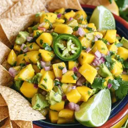 To make a tasty mango salsa with avocado, gather these fresh ingredients: - 2 ripe mangoes, diced - 1 large avocado, diced - 1 small red onion, finely chopped - 1 red bell pepper, diced - 1 jalapeño, deseeded and minced (adjust based on heat preference) - 1/4 cup fresh cilantro, chopped - Juice of 2 limes - 1 tablespoon olive oil - Salt and pepper to taste When preparing this mango salsa, you will need: - A sharp knife for chopping - A cutting board - A large mixing bowl - A small bowl for dressing - A whisk or fork for mixing the dressing - A spoon for gently folding the ingredients Choosing ripe mangoes and avocados is key. For mangoes, look for fruit that gives slightly when pressed. A sweet aroma near the stem is a good sign. For avocados, check for a dark skin color and gentle softness. Avoid any that feel too mushy or have dark spots. Ripe fruit ensures the best flavor in your salsa! For a full recipe, check out the Mango Avocado Fiesta Salsa. Enjoy the bright flavors! Start by gathering your fresh ingredients. You need: - 2 ripe mangoes, diced - 1 large avocado, diced - 1 small red onion, finely chopped - 1 red bell pepper, diced - 1 jalapeño, deseeded and minced - 1/4 cup fresh cilantro, chopped - Juice of 2 limes - 1 tablespoon olive oil - Salt and pepper to taste First, peel and dice the mangoes. Make sure they are ripe. Ripe mangoes should feel soft but not mushy. Next, cut the avocado. Be gentle to keep it from turning brown. Chop the red onion and bell pepper. Dice the jalapeño if you want some heat. Finally, chop the cilantro and set everything aside. In a large mixing bowl, combine the diced mangoes and avocado. Add the red onion, red bell pepper, and jalapeño to the bowl. Use a spatula to fold in the cilantro gently. This helps keep the avocado chunky. In a small bowl, whisk together the lime juice and olive oil. Pour this mixture over the salsa. Season with salt and pepper to taste. Toss everything gently until well combined. Cover the bowl with plastic wrap or a lid. Place the salsa in the refrigerator for at least 30 minutes. Chilling lets the flavors mix together well. When you are ready to serve, check the seasoning. You can adjust the salt and pepper if needed. For the full recipe, refer to the [Full Recipe]. To keep your mango salsa fresh, store it in an airtight container. This helps prevent browning. You can keep it in the fridge for up to three days. If you see any brown spots, just scoop them off. The flavors will still be great! If you like heat, add more jalapeño. For less spice, remove the seeds. You can also use a milder pepper, like a bell pepper. Always taste as you go. This way, you can find the perfect balance for your salsa. Choose ripe mangoes and avocados for the best taste. A ripe mango should feel soft but not mushy. For avocados, look for a slight give when you press them. Cut them just before mixing to keep them fresh. Always use a clean knife to avoid browning. These steps ensure your salsa looks and tastes amazing. For the full recipe, check out the detailed instructions above! {{image_2}} You can add fresh pineapple to your mango salsa for a fun twist. Pineapple brings a burst of sweetness and acidity. Simply dice 1 cup of ripe pineapple and mix it with the mango and avocado. The bright yellow color also makes the salsa pop. This addition gives your dish a tropical feel, making it perfect for summer parties. For more texture, consider adding black beans or corn. These ingredients add a nice crunch and protein. If you choose black beans, rinse and drain a 15-ounce can before mixing. For corn, you can use fresh, frozen, or canned. About 1 cup will do the trick. This change turns your salsa into a more filling snack or side dish. This mango salsa is naturally vegan and gluten-free. You can enjoy it on many diets without worry. If you're looking for low-carb options, skip the corn or beans. For a heartier meal, serve the salsa over grilled chicken or fish. This way, everyone can enjoy a tasty dish that suits their needs. Check out the Full Recipe for more ideas. Mango salsa with avocado pairs well with many dishes. Try it with grilled chicken or fish. The sweet and spicy flavors balance perfectly with the savory taste of meat. You can also serve it on tacos. It adds a fresh twist to the usual toppings. For a lighter meal, enjoy it with a salad. The bright colors and flavors make any dish pop. Serving mango salsa can be fun and creative. Use it as a dip with tortilla chips. This makes a great snack for parties. You can also serve it in small cups for a fun appetizer. If you want a fancy touch, scoop it into avocado halves. This makes a beautiful presentation. You can even serve it over rice or quinoa. It adds flavor and color to your grains. Mango salsa is so versatile! Use it as a topping for grilled shrimp or chicken. It can brighten up any dish. You can mix it into your favorite grains for a quick meal. It works well in wraps and sandwiches too. Try adding it to a quesadilla for extra flavor. The possibilities are endless with mango salsa. If you want to try the full recipe, check out the Mango Avocado Fiesta Salsa. Yes, you can use frozen mango. Just thaw it first. Frozen mango can be sweet and tasty. It may be softer than fresh mango but works well in salsa. If you choose this option, make sure to drain excess liquid after thawing. This keeps your salsa from being too watery. Mango salsa lasts about 3 to 5 days in the fridge. Store it in an airtight container for best results. The flavors will blend and taste even better after a day. However, check for any signs of spoilage before using. If it looks or smells off, it’s best to toss it. If your salsa tastes too acidic, add a pinch of sugar. This can help balance the flavors. You can also add more diced avocado to mellow the acidity. Mixing in some diced mango or bell pepper can work too. Taste as you go to get the flavor just right. For the full recipe, refer to the section above. Mango salsa is fresh, tasty, and easy to make. We explored key ingredients, tools, and tips for selecting fruit. The step-by-step guide shows how to prepare, mix, and chill the salsa. I shared storage tips, spice adjustments, and best practices for mango and avocado. You can try fun variations and serve it with many dishes. Always remember to adapt recipes to fit your needs. This salsa opens up so many flavors for your meals. Enjoy creating your own tasty versions!