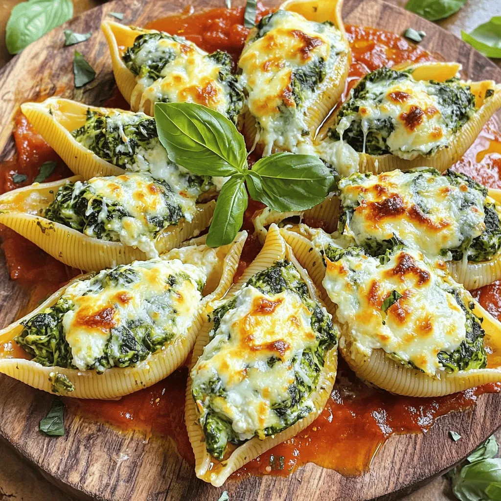 - 20 jumbo pasta shells - 2 cups fresh spinach, chopped - 1 cup ricotta cheese - 1 cup shredded mozzarella cheese - 1/2 cup grated Parmesan cheese - 1 egg, beaten - 2 cloves garlic, minced - 1 teaspoon salt - 1/2 teaspoon black pepper - 1/2 teaspoon nutmeg - 3 cups marinara sauce - Fresh basil leaves, for garnish Gathering the right ingredients is key for great stuffed shells. Start with jumbo pasta shells. They hold the filling well and look impressive. Fresh spinach adds a bright color and healthy touch. Ricotta cheese gives a creamy texture, while mozzarella melts beautifully. For a savory kick, use garlic and nutmeg. You’ll need a few spices, too. Salt enhances all the flavors, and black pepper adds a bit of heat. Don't forget the Parmesan cheese; it offers a nice salty flavor. Marinara sauce ties everything together. It adds moisture and richness to each bite. Lastly, fresh basil leaves brighten up the dish and make it look fancy. - Large pot for boiling - Mixing bowl - Baking dish (9x13-inch) - Spoon for stuffing Having the right tools makes cooking easier. A large pot helps you boil the pasta shells. Use a mixing bowl to combine all the filling ingredients. A 9x13-inch baking dish is perfect for holding all those stuffed shells. A spoon will help you stuff each shell with the delicious mixture. With all these ingredients and tools ready, you're set to create a mouthwatering meal. For the full recipe, check out the detailed instructions to bring these flavors to life! - Preheat the oven to 375°F (190°C). - Boil a large pot of salted water. Cook the pasta shells until they are al dente. Drain them and let them cool a bit. - In a big mixing bowl, combine the chopped spinach, ricotta cheese, half a cup of mozzarella cheese, and the Parmesan cheese. - Add the beaten egg, minced garlic, salt, pepper, and nutmeg. - Mix everything well to get an even blend. - Take a spoon and carefully fill each pasta shell with the cheese mixture. - Place the stuffed shells in a greased 9x13-inch baking dish. - Pour the marinara sauce over the shells, covering them well. - Sprinkle the remaining mozzarella cheese on top. - Cover the dish with foil and bake for 25 minutes. - After that, remove the foil and bake for another 10-15 minutes until the cheese is bubbly and golden. You can find the full recipe above for more details. - How to avoid mushy shells: To keep your pasta shells firm, cook them just until al dente. This means they should still have a slight bite. After draining, rinse them under cold water to stop the cooking. Avoid overcooking, as mushy shells will break when you stuff them. - Coming up with flavor variations: You can easily change the flavor of your stuffed shells. Try adding fresh herbs like basil or parsley. A pinch of red pepper flakes can add a nice kick. You could also mix in sun-dried tomatoes for a sweet and tangy twist. - Recommended sides and drinks to complement: Serve your stuffed shells with a simple side salad. A green salad with a lemon vinaigrette works well. Garlic bread is another great choice. For drinks, a glass of red wine, like Chianti, pairs nicely. If you prefer non-alcoholic, a sparkling water with lemon is refreshing. - Plating ideas for visual appeal: Present your stuffed shells on a large platter. Drizzle extra marinara sauce around the edges. Top with fresh basil leaves for a pop of color. You can also sprinkle some grated Parmesan on top before serving for an added touch. This makes the dish look inviting and delicious. For the complete instructions, check out the Full Recipe. {{image_2}} You can easily make this dish fit your needs. For those avoiding gluten, use gluten-free pasta shells. Many brands offer great options that still taste delicious. If you want to go vegan, swap out the ricotta cheese for a plant-based alternative. You can use blended tofu mixed with lemon juice, or try cashew cream for a rich taste. These swaps keep the dish tasty while meeting dietary needs. Want to add more flavor? Try including proteins like cooked chicken or sausage. Just cook them first, chop them up, and mix right into your filling. Adding meats makes the dish heartier and more filling. If you want to sneak in extra veggies, consider adding diced bell peppers, mushrooms, or zucchini to the filling. They mix well with the spinach and ricotta. You can even layer some spinach or chopped kale inside the shells for added nutrition. These flavor additions will impress your family and friends. For the full recipe, check out the earlier section. To keep your spinach and ricotta stuffed shells fresh, store them in the fridge. Place them in an airtight container. They stay good for about three to five days. If you want to keep them longer, freezing is a great option. To freeze, wrap the shells tightly in plastic wrap, then place them in a freezer-safe container. They can last for up to three months in the freezer. When you're ready to eat, take them out and thaw in the fridge overnight. To reheat, place them in a baking dish. Cover with foil and bake at 350°F (175°C) for about 20 minutes, or until heated through. You can also microwave them, but the oven keeps them nice and crispy. Meal prep is a smart way to enjoy stuffed shells anytime. You can prepare the shells in advance. Cook the pasta and make the filling, then stuff the shells. Place them in a baking dish and cover with plastic wrap. You can store them in the fridge for up to 24 hours before baking. For batch cooking, make a large quantity of stuffed shells. After they cool, freeze them in single layers. Once frozen, you can stack them in a container. This way, you can take out just what you need. It’s a great time-saver for busy weeknights! For the full recipe, check out the detailed instructions provided. How do you cook the pasta shells? Boil a large pot of salted water. Cook the jumbo shells until al dente. This usually takes about 8 to 10 minutes. Drain them and let them cool a bit before stuffing. Can you use other types of cheese? Yes! You can use mozzarella, feta, or even goat cheese. Each cheese adds a different taste. Feel free to mix and match based on what you love. What can I substitute for marinara sauce? You can use Alfredo sauce, pesto, or even a simple olive oil and garlic mix. These options give a fresh twist to the dish. Just make sure the sauce complements the flavors. How long can I keep leftovers in the fridge? Leftovers can last up to three days in the fridge. Store them in an airtight container. Reheat in the oven or microwave until warm. Can this dish be made ahead of time? Absolutely! You can prepare these stuffed shells a day in advance. Just cover them and keep them in the fridge. When ready, bake them right before serving. For the Full Recipe, check out the details above. This blog post covered how to make delicious spinach and ricotta stuffed shells. We discussed the ingredients you need, the steps for prepping and baking, and handy tips for perfect results. You learned about dietary mods and ways to store leftovers. Now you have everything you need to create this tasty dish. Remember, cooking is fun. Experiment with flavors and make it your own. Enjoy sharing this meal with family and friends!