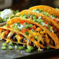 - Store-bought or homemade taco shells - Cheese varieties: cheddar and mozzarella - Protein options: ground beef or plant-based substitute For loaded cheesy pocket tacos, you need a few key ingredients. First, choose your taco shells. You can buy them or make your own with tortilla dough. Next, select your cheese. I love using a mix of cheddar and mozzarella for the perfect melt. For protein, use cooked ground beef or a plant-based option if you prefer. - Black beans and corn - Diced tomatoes and green onions - Recommended seasoning and spices Now, let's add some veggies! Black beans and corn bring great texture and flavor. Diced tomatoes add freshness, while green onions give a nice crunch. Use taco seasoning to spice up your filling. A bit of salt and pepper also helps to bring out the flavors. - Suggestions for customizable toppings - Description of how toppings enhance the dish Toppings make these tacos even better! You can add sour cream for creaminess, guacamole for richness, or salsa for a zesty kick. Shredded lettuce adds crunch and color. Each topping can change the flavor and texture of your tacos, making them more fun and tasty. For the Full Recipe, check out the recipe section above. For store-bought taco shells, follow the package instructions. Preheat your oven as directed. If you want to make your own, prepare a simple tortilla dough. Roll the dough into pockets and set them aside. Homemade shells add a nice touch, but store-bought saves time. Heat a skillet over medium heat and add one tablespoon of olive oil. Once hot, add cooked ground beef. Sprinkle taco seasoning over the beef. Stir well and cook for 2-3 minutes until heated. You can adjust the seasoning to your taste. Next, mix in black beans, corn, diced tomatoes, and half of the green onions in a large bowl. This adds great flavor and nutrition. Season the mixture with salt and pepper. Taste it to ensure it's just right. Carefully fill each taco pocket with the meat and vegetable mix. Don’t be shy; pack them in! Next, sprinkle a generous amount of cheddar and mozzarella cheese into each pocket. This is what makes them loaded and cheesy! Place the filled tacos on a baking sheet. Bake them for about 10-12 minutes. You want the cheese to melt and the pockets to get slightly crispy. When they come out, let them cool for one minute. Add the remaining green onions and any toppings you love, like sour cream or guacamole. For the full recipe, check this [Full Recipe]. To get crispy taco pockets, use a light touch with oil. Brush a thin layer of olive oil on the outside. Bake them until golden brown. For the best cheese melt, use a mix of cheddar and mozzarella. Cheddar gives a nice sharp flavor, while mozzarella adds gooeyness. Layer the cheese on top of the filling. This way, it melts better and stays inside. Pair your loaded cheesy pocket tacos with fresh sides. A simple green salad adds crunch. You might also serve them with guacamole or salsa for extra flavor. To impress at a party, arrange the tacos on a colorful platter. Use fresh herbs or diced tomatoes for a pop of color. This makes the dish look fun and inviting. You can easily make this recipe vegetarian or vegan. Swap out the ground beef for a plant-based meat or mushrooms. Use vegan cheese to keep it dairy-free. For gluten-free options, look for taco shells made from corn. You can also make your own with gluten-free flour. This way, everyone can enjoy the meal! For the full recipe, check the main section. {{image_2}} You can change the proteins in this dish. Try shredded chicken, turkey, or tofu. If you want to skip meat, you can use beans. Pinto beans, kidney beans, or chickpeas work great. You can also add more veggies. Bell peppers, zucchini, or spinach can add color and flavor. Mix and match to find what you like best. Why not bring global flavors into your tacos? You can add spices from around the world. For example, try curry powder for an Indian twist. You can also use teriyaki sauce for a fun Asian flair. For fusion tacos, think about using kimchi or salsa verde. These ingredients will make your tacos exciting and new. Using seasonal produce makes your tacos fresher. In spring, add asparagus or radishes. Summer is great for corn and tomatoes. In fall, consider adding roasted squash or apples. Winter brings hearty veggies like kale or Brussels sprouts. You can also adapt the recipe for holidays. For Cinco de Mayo, add festive toppings like fresh cilantro and lime. For a winter gathering, use warm spices like cinnamon or nutmeg. Enjoy making these tacos year-round! To keep your loaded cheesy pocket tacos fresh, store them in the fridge. Use an airtight container to lock in flavor. Place a paper towel inside the container to absorb excess moisture. This helps keep the tacos crisp. You can store them for up to three days. When you're ready to eat your leftovers, reheating is key. I recommend using an oven to warm them up. Preheat your oven to 350°F (175°C). Place the tacos on a baking sheet. Heat for about 10 minutes. This method helps restore the crispy texture. Avoid microwaving as it can make them soggy. If you must use a microwave, cover the tacos with a paper towel to reduce moisture. To freeze unbaked tacos, assemble them first. Place the filled tacos on a baking sheet. Freeze them for about an hour until firm. Then, transfer them to a freezer-safe bag. This method saves space and keeps them fresh. When you want to bake them, remove the tacos from the freezer. Thaw them in the fridge overnight. Preheat your oven and bake as directed in the Full Recipe. Enjoy your tasty treat anytime! Loaded cheesy pocket tacos are a fun twist on traditional tacos. They use pocket taco shells filled with cheese, meat, and veggies. The melting cheese adds a rich flavor. Each bite is warm and satisfying. You can customize the filling to suit your taste. This dish appeals to both kids and adults. It’s perfect for parties, family dinners, or a quick meal. Yes, you can prep these tacos ahead of time. Cook the filling and let it cool. Store it in the fridge for up to two days. You can fill the taco shells before baking. Just cover them and keep them in the fridge. When you're ready to eat, bake them as the recipe suggests. This saves time and makes mealtime easy. Absolutely! There are many low-carb alternatives for taco shells. Lettuce wraps make a fresh and crunchy option. You can also use cauliflower tortillas for a tasty twist. Cheese crisps are another fun choice. These options keep the flavor while cutting down on carbs. They make the dish lighter and still very enjoyable. To add heat, use spicier taco seasoning. You can also mix in jalapeños or diced green chilies. For extra spice, top with hot salsa or spicy sour cream. You can even add a few dashes of hot sauce to the filling. These simple changes will bring more heat without losing the great flavor. This blog post breaks down how to make loaded cheesy pocket tacos. You learned about the ingredients needed, like taco shells and cheese, and how to cook the filling. I shared tips for making crispy tacos and ideas for tasty toppings. You can make these tacos for any occasion, even with dietary needs in mind. Now, it's time to get cooking and enjoy these delicious tacos. Remember, the best meals come from creativity and passion in the kitchen. Happy cooking!