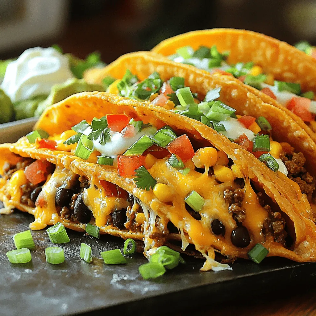 - Store-bought or homemade taco shells - Cheese varieties: cheddar and mozzarella - Protein options: ground beef or plant-based substitute For loaded cheesy pocket tacos, you need a few key ingredients. First, choose your taco shells. You can buy them or make your own with tortilla dough. Next, select your cheese. I love using a mix of cheddar and mozzarella for the perfect melt. For protein, use cooked ground beef or a plant-based option if you prefer. - Black beans and corn - Diced tomatoes and green onions - Recommended seasoning and spices Now, let's add some veggies! Black beans and corn bring great texture and flavor. Diced tomatoes add freshness, while green onions give a nice crunch. Use taco seasoning to spice up your filling. A bit of salt and pepper also helps to bring out the flavors. - Suggestions for customizable toppings - Description of how toppings enhance the dish Toppings make these tacos even better! You can add sour cream for creaminess, guacamole for richness, or salsa for a zesty kick. Shredded lettuce adds crunch and color. Each topping can change the flavor and texture of your tacos, making them more fun and tasty. For the Full Recipe, check out the recipe section above. For store-bought taco shells, follow the package instructions. Preheat your oven as directed. If you want to make your own, prepare a simple tortilla dough. Roll the dough into pockets and set them aside. Homemade shells add a nice touch, but store-bought saves time. Heat a skillet over medium heat and add one tablespoon of olive oil. Once hot, add cooked ground beef. Sprinkle taco seasoning over the beef. Stir well and cook for 2-3 minutes until heated. You can adjust the seasoning to your taste. Next, mix in black beans, corn, diced tomatoes, and half of the green onions in a large bowl. This adds great flavor and nutrition. Season the mixture with salt and pepper. Taste it to ensure it's just right. Carefully fill each taco pocket with the meat and vegetable mix. Don’t be shy; pack them in! Next, sprinkle a generous amount of cheddar and mozzarella cheese into each pocket. This is what makes them loaded and cheesy! Place the filled tacos on a baking sheet. Bake them for about 10-12 minutes. You want the cheese to melt and the pockets to get slightly crispy. When they come out, let them cool for one minute. Add the remaining green onions and any toppings you love, like sour cream or guacamole. For the full recipe, check this [Full Recipe]. To get crispy taco pockets, use a light touch with oil. Brush a thin layer of olive oil on the outside. Bake them until golden brown. For the best cheese melt, use a mix of cheddar and mozzarella. Cheddar gives a nice sharp flavor, while mozzarella adds gooeyness. Layer the cheese on top of the filling. This way, it melts better and stays inside. Pair your loaded cheesy pocket tacos with fresh sides. A simple green salad adds crunch. You might also serve them with guacamole or salsa for extra flavor. To impress at a party, arrange the tacos on a colorful platter. Use fresh herbs or diced tomatoes for a pop of color. This makes the dish look fun and inviting. You can easily make this recipe vegetarian or vegan. Swap out the ground beef for a plant-based meat or mushrooms. Use vegan cheese to keep it dairy-free. For gluten-free options, look for taco shells made from corn. You can also make your own with gluten-free flour. This way, everyone can enjoy the meal! For the full recipe, check the main section. {{image_2}} You can change the proteins in this dish. Try shredded chicken, turkey, or tofu. If you want to skip meat, you can use beans. Pinto beans, kidney beans, or chickpeas work great. You can also add more veggies. Bell peppers, zucchini, or spinach can add color and flavor. Mix and match to find what you like best. Why not bring global flavors into your tacos? You can add spices from around the world. For example, try curry powder for an Indian twist. You can also use teriyaki sauce for a fun Asian flair. For fusion tacos, think about using kimchi or salsa verde. These ingredients will make your tacos exciting and new. Using seasonal produce makes your tacos fresher. In spring, add asparagus or radishes. Summer is great for corn and tomatoes. In fall, consider adding roasted squash or apples. Winter brings hearty veggies like kale or Brussels sprouts. You can also adapt the recipe for holidays. For Cinco de Mayo, add festive toppings like fresh cilantro and lime. For a winter gathering, use warm spices like cinnamon or nutmeg. Enjoy making these tacos year-round! To keep your loaded cheesy pocket tacos fresh, store them in the fridge. Use an airtight container to lock in flavor. Place a paper towel inside the container to absorb excess moisture. This helps keep the tacos crisp. You can store them for up to three days. When you're ready to eat your leftovers, reheating is key. I recommend using an oven to warm them up. Preheat your oven to 350°F (175°C). Place the tacos on a baking sheet. Heat for about 10 minutes. This method helps restore the crispy texture. Avoid microwaving as it can make them soggy. If you must use a microwave, cover the tacos with a paper towel to reduce moisture. To freeze unbaked tacos, assemble them first. Place the filled tacos on a baking sheet. Freeze them for about an hour until firm. Then, transfer them to a freezer-safe bag. This method saves space and keeps them fresh. When you want to bake them, remove the tacos from the freezer. Thaw them in the fridge overnight. Preheat your oven and bake as directed in the Full Recipe. Enjoy your tasty treat anytime! Loaded cheesy pocket tacos are a fun twist on traditional tacos. They use pocket taco shells filled with cheese, meat, and veggies. The melting cheese adds a rich flavor. Each bite is warm and satisfying. You can customize the filling to suit your taste. This dish appeals to both kids and adults. It’s perfect for parties, family dinners, or a quick meal. Yes, you can prep these tacos ahead of time. Cook the filling and let it cool. Store it in the fridge for up to two days. You can fill the taco shells before baking. Just cover them and keep them in the fridge. When you're ready to eat, bake them as the recipe suggests. This saves time and makes mealtime easy. Absolutely! There are many low-carb alternatives for taco shells. Lettuce wraps make a fresh and crunchy option. You can also use cauliflower tortillas for a tasty twist. Cheese crisps are another fun choice. These options keep the flavor while cutting down on carbs. They make the dish lighter and still very enjoyable. To add heat, use spicier taco seasoning. You can also mix in jalapeños or diced green chilies. For extra spice, top with hot salsa or spicy sour cream. You can even add a few dashes of hot sauce to the filling. These simple changes will bring more heat without losing the great flavor. This blog post breaks down how to make loaded cheesy pocket tacos. You learned about the ingredients needed, like taco shells and cheese, and how to cook the filling. I shared tips for making crispy tacos and ideas for tasty toppings. You can make these tacos for any occasion, even with dietary needs in mind. Now, it's time to get cooking and enjoy these delicious tacos. Remember, the best meals come from creativity and passion in the kitchen. Happy cooking!