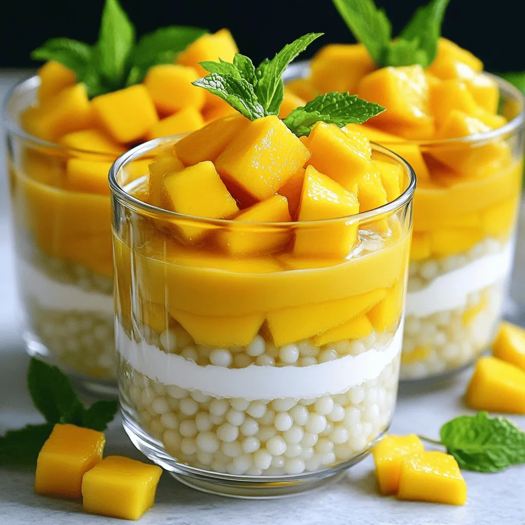 To create Mango Sago with Coconut Milk, you will need these simple ingredients: - 1 cup small tapioca pearls (sago) - 2 ripe mangoes, diced - 1 cup coconut milk - 2 tablespoons sugar (adjust to taste) - 1/2 teaspoon vanilla extract - Pinch of salt - Fresh mint leaves for garnish These ingredients come together to create a delightful and refreshing dessert. The sago pearls provide a chewy texture, while the mango adds sweetness. Coconut milk gives a creamy finish, and mint leaves add a touch of freshness. For the full recipe, you'll see how to combine these ingredients into a perfect treat. Enjoy making this dish that is great for warm days and special occasions! - Rinse the tapioca pearls under cold water. This step removes excess starch. - In a medium pot, boil 4 cups of water. - Add the rinsed sago pearls to the boiling water. Stir gently to avoid sticking. - Cook the sago pearls for about 10-15 minutes. They should turn clear. Stir often. - Once cooked, remove the pot from heat and cover it. Let it sit for 10 minutes. - Drain the sago pearls and rinse them under cold water. This stops the cooking. Set aside. - In a medium bowl, mix 1 cup of coconut milk, 2 tablespoons of sugar, 1/2 teaspoon vanilla extract, and a pinch of salt. - Stir well until the sugar dissolves. This sweetened mixture will enhance the flavors. - Divide the cooked sago pearls into serving glasses. - Pour the sweetened coconut milk over the sago pearls until they are fully submerged. - Gently fold in the diced mangoes into the mixture. Reserve some mango pieces for topping. - Chill the Mango Sago Delight in the refrigerator for at least 30 minutes. - Serve in individual bowls or glasses. Top with the reserved mango and fresh mint leaves for garnish. For the full recipe, check the details above. Enjoy this refreshing dessert treat! To cook tapioca correctly, timing and stirring matter. Start by rinsing the pearls well. This step helps remove excess starch. Use a medium pot and bring 4 cups of water to a boil. Once boiling, add the rinsed pearls. Stir gently but often. This keeps them from sticking together. Cook for about 10 to 15 minutes. You want them to turn clear. If they stick, just give them a gentle stir. After cooking, turn off the heat. Cover the pot and let it sit for 10 minutes. This extra time ensures they finish cooking evenly. When it comes to sweetening, I always say to adjust sugar for your taste. The recipe calls for 2 tablespoons, but you can change it. If you love your dessert sweeter, add more sugar. Just remember to mix well until it dissolves. Taste it before serving. This way, you can enjoy the perfect balance of sweetness. Garnishing adds a fun touch to your dish. Fresh mint leaves look great on top. You can also try other fruits. Slices of kiwi or strawberries add color and flavor. If you want a tropical vibe, use shredded coconut. Play around and see what you like best! {{image_2}} You can mix other fruits with mangoes for extra flavor. Try adding diced strawberries or juicy kiwi. These fruits bring a nice tartness that pairs well with the sweet mango. You might also enjoy tropical fruit variations like pineapple or passion fruit. They add a bright, zesty kick to your dessert. To enhance your Mango Sago, think about adding pandan leaves or other extracts. Pandan adds a sweet, floral note that complements coconut well. You can also use almond or coconut extracts for a richer flavor. If you want to boost the coconut taste, use coconut cream instead of milk. It gives a thicker texture and a stronger coconut flavor. If you need a substitute for coconut milk, try almond or oat milk. These options keep it creamy but lighter. For sweeteners, use agave syrup or maple syrup instead of sugar. Both options can add a unique sweetness to your dish. This way, you can enjoy a Mango Sago that fits your diet! For the complete recipe, check out the Full Recipe above. To keep Mango Sago fresh, store it in the fridge. Use an airtight container to avoid odors. This dessert stays good for about 2 to 3 days. Check for any change in smell or texture before eating. Mango Sago is best served cold, so reheating is not needed. If you want it warm, heat the coconut milk gently. Avoid boiling it, as this can change the texture. Always stir well to keep it smooth. Serve Mango Sago chilled for the best taste. It pairs well with light dishes like grilled shrimp or fresh salad. The coolness of the dessert contrasts nicely with warm meals. Try adding a slice of lemon or lime to brighten the flavors! Mango Sago with Coconut Milk is a sweet and creamy dessert. It comes from Southeast Asia, especially popular in Hong Kong and Thailand. This dish mixes small tapioca pearls, ripe mangoes, and rich coconut milk. The flavors blend well, creating a tropical treat. You enjoy it chilled, making it perfect for hot days. Yes, you can use frozen mangoes! They are a great option if fresh mangoes aren't available. Simply thaw the mangoes first. Cut them into small cubes. This saves prep time and ensures you still get that sweet mango flavor. Preparing Mango Sago takes about 20 minutes. You need another 30 minutes to chill it. In total, it takes about 1 hour to enjoy this dessert. This makes it a quick and easy treat for gatherings or family meals. Mango Sago is great for meal prep! You can make it a day ahead. Just store it in the fridge in airtight containers. This way, the flavors deepen and it stays fresh. It’s a simple dessert to whip up for busy weeks. You can create various desserts using sago. Try sago pudding with coconut and palm sugar. You can also make fruit salad with sago, mixing different fruits. Another option is to make sweet sago soup with pandan flavoring. Each idea adds a new twist to this versatile ingredient. You can find tapioca pearls at Asian grocery stores. They are often in the same aisle as rice and noodles. You can also buy them online. Look for small pearls, as those work best for this recipe. Check the packaging for cooking instructions to help you prepare them perfectly. Mango Sago with Coconut Milk is a tasty dessert to try. We covered the ingredients, cooking steps, and tips for best results. Remember, you can mix in other fruits or flavor options to make it your own. Store it right to keep it fresh longer. I hope you feel inspired to make this delightful treat. Enjoy each bite, and share it with friends!