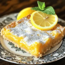 - 1 cup all-purpose flour - 1/4 cup powdered sugar - 1/2 cup unsalted butter, melted - 1 cup granulated sugar - 2 large eggs - 1/4 cup freshly squeezed lemon juice (about 2 lemons) - Zest of 1 lemon - 1/2 teaspoon baking powder - 1/4 teaspoon salt - Extra powdered sugar for dusting The ingredients for zesty lemon bars are simple but key to bright flavor. Using fresh lemons makes a big difference. The zest adds a strong lemon taste that you will love. - Vanilla extract - Lemon zest for garnish You can add vanilla extract for a warm note. A sprinkle of lemon zest on top makes your bars look pretty. These additions can take your lemon bars to the next level. For the full recipe, check out the complete step-by-step instructions. - Preheat the oven to 350°F (175°C). - Prepare the baking dish: Grease or line with parchment paper. - Combine flour and powdered sugar with melted butter. - Press mixture into the bottom of the pan and bake for 15 minutes. - Whisk together sugar and eggs. - Add lemon juice, zest, baking powder, and salt. - Pour filling over the baked crust. - Bake for an additional 20-25 minutes until set. When making these zesty lemon bars, follow each step closely. I find that preheating the oven helps ensure an even bake. Greasing the pan or using parchment paper makes it easy to lift out the bars later. For the crust, mix the flour and powdered sugar well with melted butter. Press it firmly, so it holds together. This step is key for a sturdy base. When you whisk the filling, aim for a smooth mixture. The lemon juice and zest give that bright flavor. Pour it over the crust right after it comes out of the oven. This gives the best result. Finally, watch the bars closely. They should look set and golden around the edges. Once baked, let them cool before slicing. You can find the full recipe with all details and measurements. To make the best lemon bars, you need to balance sweetness and tartness. Start by adjusting the sugar based on the type of lemons you have. Some lemons are sweeter, while others are more tart. Use less sugar if your lemons are very sweet. Adding a pinch of salt can also enhance the flavor. Salt brings out the lemon's bright taste. Just a small amount can make a big difference. Cooling time is key for good texture. After baking, let your lemon bars cool completely before cutting. This helps them set properly. If you cut them too early, they may fall apart. Always use fresh ingredients. Fresh lemons provide the best flavor and aroma. Avoid bottled lemon juice for the best results. For a stunning finish, dust the bars with powdered sugar evenly. Use a fine sieve for a light touch. This makes them look more appealing. You can also garnish with a slice of lemon and a sprig of mint. These add color and freshness to your dish. Serve your lemon bars on a pretty plate to impress your guests. For the full recipe, check out the details above. {{image_2}} You can add berries to the lemon bars for a fruity twist. Blueberries, raspberries, or strawberries work great. Simply fold in about a cup of fresh or frozen berries into the filling. This adds color and flavor, making the bars even more fun. You can also infuse your lemon bars with herbal flavors. Adding chopped basil or mint gives a fresh taste. Use about a tablespoon of finely chopped herbs in the filling. It brings a unique twist to the classic lemony flavor. If you need gluten-free options, try using almond flour or coconut flour. Both work well and keep the bars tender. Make sure to adjust the amounts, as these flours can behave differently. For vegan substitutions, replace the eggs with flaxseed meal or chia seeds. Mix one tablespoon of either with three tablespoons of water. Let it sit for a few minutes until it thickens. You can also swap butter for coconut oil or a vegan butter blend. This keeps your lemon bars delicious and suitable for all diets. You can adapt the recipe with unique ingredients from different cultures. Try adding matcha powder for a Japanese flair. Mix in about one to two teaspoons for a green tea flavor. Another option is to include cardamom for an Indian twist. Just a pinch can add warmth and depth to the bars. You can also sprinkle some coconut on top for a tropical touch. For more ideas, explore the full recipe to see how these variations can transform your lemon bars into something special. To keep your zesty lemon bars fresh, start by cooling them completely. Once cool, place them in an airtight container. Store them in the fridge for up to one week. This helps keep the bars firm and zesty. If you want to store them longer, freezing is a great option. Wrap each bar in plastic wrap, then place them in a freezer-safe bag. They can last for up to three months in the freezer. When ready to enjoy, simply thaw them in the fridge overnight. Reheating lemon bars is simple. If they are cold from the fridge, let them sit at room temperature for about 10 minutes. For a warm treat, preheat your oven to 350°F (175°C). Place the bars on a baking sheet and warm them for about 5-10 minutes. This will bring back their fresh taste. Avoid microwaving them, as this can make them soggy. When stored properly, lemon bars have a nice shelf life. In the fridge, they will stay fresh for about one week. If frozen, they can last up to three months without losing flavor. Always check for signs of spoilage before eating. If you see any mold or off smells, it's best to discard them. Enjoy your zesty lemon bars knowing they stay fresh for a good time! You can tell when lemon bars are done by looking for a few signs. First, the edges should be slightly golden. The center should be set but still jiggle a bit. If you insert a toothpick, it should come out clean or with a few moist crumbs. This combination shows that your lemon bars are perfectly baked! Yes, you can use bottled lemon juice, but I do not recommend it. Fresh lemon juice tastes much better. It adds a bright, zesty flavor that bottled juice lacks. Fresh juice also gives your dessert a vibrant taste. You will notice the difference in your lemon bars! If your lemon bars are too tart, you can balance the flavors. Try adding a little more sugar to the filling. You can mix in a touch of powdered sugar on top after baking. Another option is to serve with whipped cream or ice cream. These options can help soften the tartness and make your dessert more enjoyable. Lemon bars pair well with many tasty treats. Try serving them with a scoop of vanilla ice cream. A dollop of whipped cream also works great. Fresh berries, like strawberries or blueberries, add color and flavor. You could even serve them with tea or lemonade for a refreshing touch. These pairings enhance the experience and make it even more delightful! In this post, we explored how to make delicious lemon bars. We covered key ingredients and detailed steps, from preparing the crust to baking the filling. I shared tips for perfecting the taste and texture and even some fun variations. As you bake, remember fresh ingredients make a big difference. Enjoy your lemon bars, and don’t be afraid to get creative with flavors. These treats will surely impress!