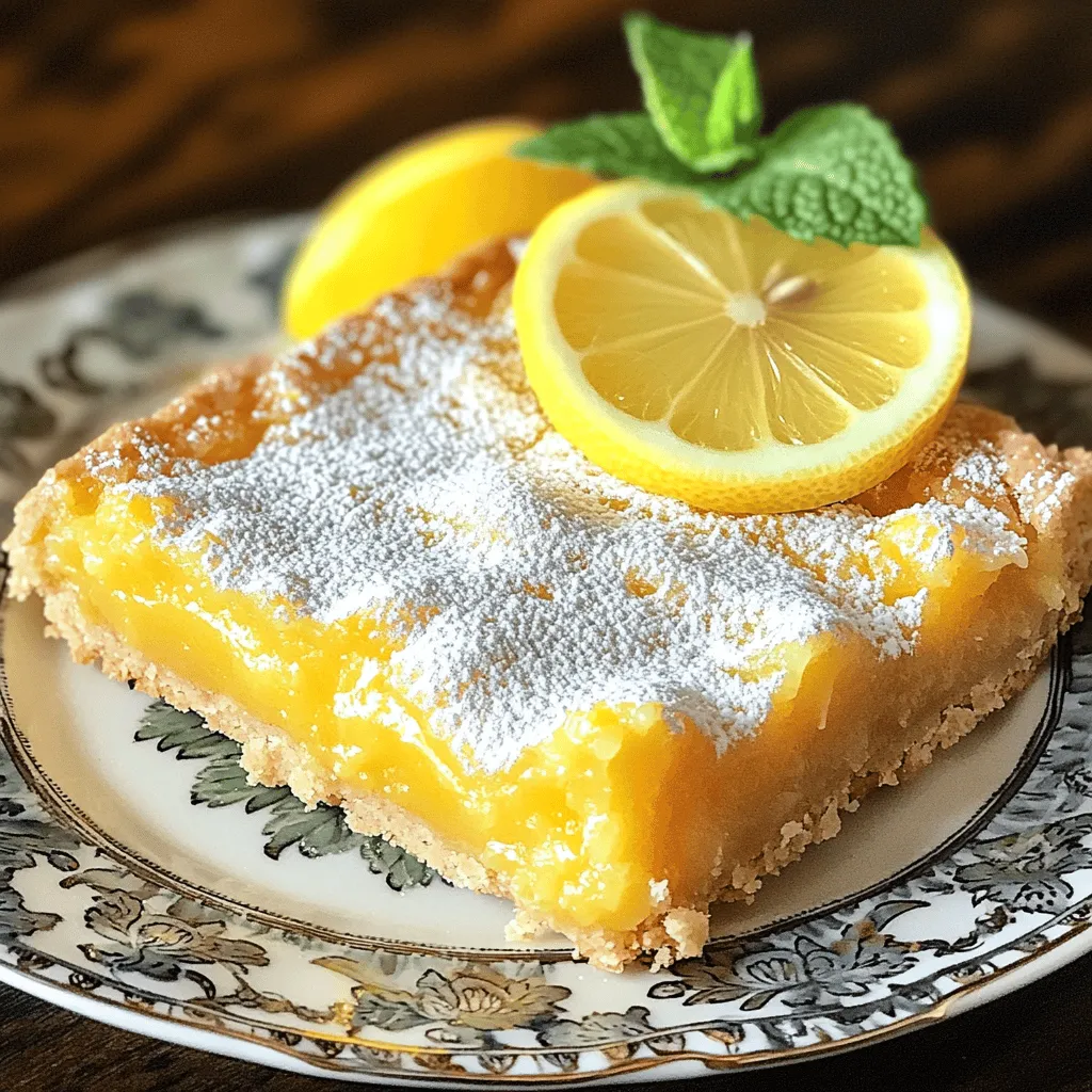 - 1 cup all-purpose flour - 1/4 cup powdered sugar - 1/2 cup unsalted butter, melted - 1 cup granulated sugar - 2 large eggs - 1/4 cup freshly squeezed lemon juice (about 2 lemons) - Zest of 1 lemon - 1/2 teaspoon baking powder - 1/4 teaspoon salt - Extra powdered sugar for dusting The ingredients for zesty lemon bars are simple but key to bright flavor. Using fresh lemons makes a big difference. The zest adds a strong lemon taste that you will love. - Vanilla extract - Lemon zest for garnish You can add vanilla extract for a warm note. A sprinkle of lemon zest on top makes your bars look pretty. These additions can take your lemon bars to the next level. For the full recipe, check out the complete step-by-step instructions. - Preheat the oven to 350°F (175°C). - Prepare the baking dish: Grease or line with parchment paper. - Combine flour and powdered sugar with melted butter. - Press mixture into the bottom of the pan and bake for 15 minutes. - Whisk together sugar and eggs. - Add lemon juice, zest, baking powder, and salt. - Pour filling over the baked crust. - Bake for an additional 20-25 minutes until set. When making these zesty lemon bars, follow each step closely. I find that preheating the oven helps ensure an even bake. Greasing the pan or using parchment paper makes it easy to lift out the bars later. For the crust, mix the flour and powdered sugar well with melted butter. Press it firmly, so it holds together. This step is key for a sturdy base. When you whisk the filling, aim for a smooth mixture. The lemon juice and zest give that bright flavor. Pour it over the crust right after it comes out of the oven. This gives the best result. Finally, watch the bars closely. They should look set and golden around the edges. Once baked, let them cool before slicing. You can find the full recipe with all details and measurements. To make the best lemon bars, you need to balance sweetness and tartness. Start by adjusting the sugar based on the type of lemons you have. Some lemons are sweeter, while others are more tart. Use less sugar if your lemons are very sweet. Adding a pinch of salt can also enhance the flavor. Salt brings out the lemon's bright taste. Just a small amount can make a big difference. Cooling time is key for good texture. After baking, let your lemon bars cool completely before cutting. This helps them set properly. If you cut them too early, they may fall apart. Always use fresh ingredients. Fresh lemons provide the best flavor and aroma. Avoid bottled lemon juice for the best results. For a stunning finish, dust the bars with powdered sugar evenly. Use a fine sieve for a light touch. This makes them look more appealing. You can also garnish with a slice of lemon and a sprig of mint. These add color and freshness to your dish. Serve your lemon bars on a pretty plate to impress your guests. For the full recipe, check out the details above. {{image_2}} You can add berries to the lemon bars for a fruity twist. Blueberries, raspberries, or strawberries work great. Simply fold in about a cup of fresh or frozen berries into the filling. This adds color and flavor, making the bars even more fun. You can also infuse your lemon bars with herbal flavors. Adding chopped basil or mint gives a fresh taste. Use about a tablespoon of finely chopped herbs in the filling. It brings a unique twist to the classic lemony flavor. If you need gluten-free options, try using almond flour or coconut flour. Both work well and keep the bars tender. Make sure to adjust the amounts, as these flours can behave differently. For vegan substitutions, replace the eggs with flaxseed meal or chia seeds. Mix one tablespoon of either with three tablespoons of water. Let it sit for a few minutes until it thickens. You can also swap butter for coconut oil or a vegan butter blend. This keeps your lemon bars delicious and suitable for all diets. You can adapt the recipe with unique ingredients from different cultures. Try adding matcha powder for a Japanese flair. Mix in about one to two teaspoons for a green tea flavor. Another option is to include cardamom for an Indian twist. Just a pinch can add warmth and depth to the bars. You can also sprinkle some coconut on top for a tropical touch. For more ideas, explore the full recipe to see how these variations can transform your lemon bars into something special. To keep your zesty lemon bars fresh, start by cooling them completely. Once cool, place them in an airtight container. Store them in the fridge for up to one week. This helps keep the bars firm and zesty. If you want to store them longer, freezing is a great option. Wrap each bar in plastic wrap, then place them in a freezer-safe bag. They can last for up to three months in the freezer. When ready to enjoy, simply thaw them in the fridge overnight. Reheating lemon bars is simple. If they are cold from the fridge, let them sit at room temperature for about 10 minutes. For a warm treat, preheat your oven to 350°F (175°C). Place the bars on a baking sheet and warm them for about 5-10 minutes. This will bring back their fresh taste. Avoid microwaving them, as this can make them soggy. When stored properly, lemon bars have a nice shelf life. In the fridge, they will stay fresh for about one week. If frozen, they can last up to three months without losing flavor. Always check for signs of spoilage before eating. If you see any mold or off smells, it's best to discard them. Enjoy your zesty lemon bars knowing they stay fresh for a good time! You can tell when lemon bars are done by looking for a few signs. First, the edges should be slightly golden. The center should be set but still jiggle a bit. If you insert a toothpick, it should come out clean or with a few moist crumbs. This combination shows that your lemon bars are perfectly baked! Yes, you can use bottled lemon juice, but I do not recommend it. Fresh lemon juice tastes much better. It adds a bright, zesty flavor that bottled juice lacks. Fresh juice also gives your dessert a vibrant taste. You will notice the difference in your lemon bars! If your lemon bars are too tart, you can balance the flavors. Try adding a little more sugar to the filling. You can mix in a touch of powdered sugar on top after baking. Another option is to serve with whipped cream or ice cream. These options can help soften the tartness and make your dessert more enjoyable. Lemon bars pair well with many tasty treats. Try serving them with a scoop of vanilla ice cream. A dollop of whipped cream also works great. Fresh berries, like strawberries or blueberries, add color and flavor. You could even serve them with tea or lemonade for a refreshing touch. These pairings enhance the experience and make it even more delightful! In this post, we explored how to make delicious lemon bars. We covered key ingredients and detailed steps, from preparing the crust to baking the filling. I shared tips for perfecting the taste and texture and even some fun variations. As you bake, remember fresh ingredients make a big difference. Enjoy your lemon bars, and don’t be afraid to get creative with flavors. These treats will surely impress!
