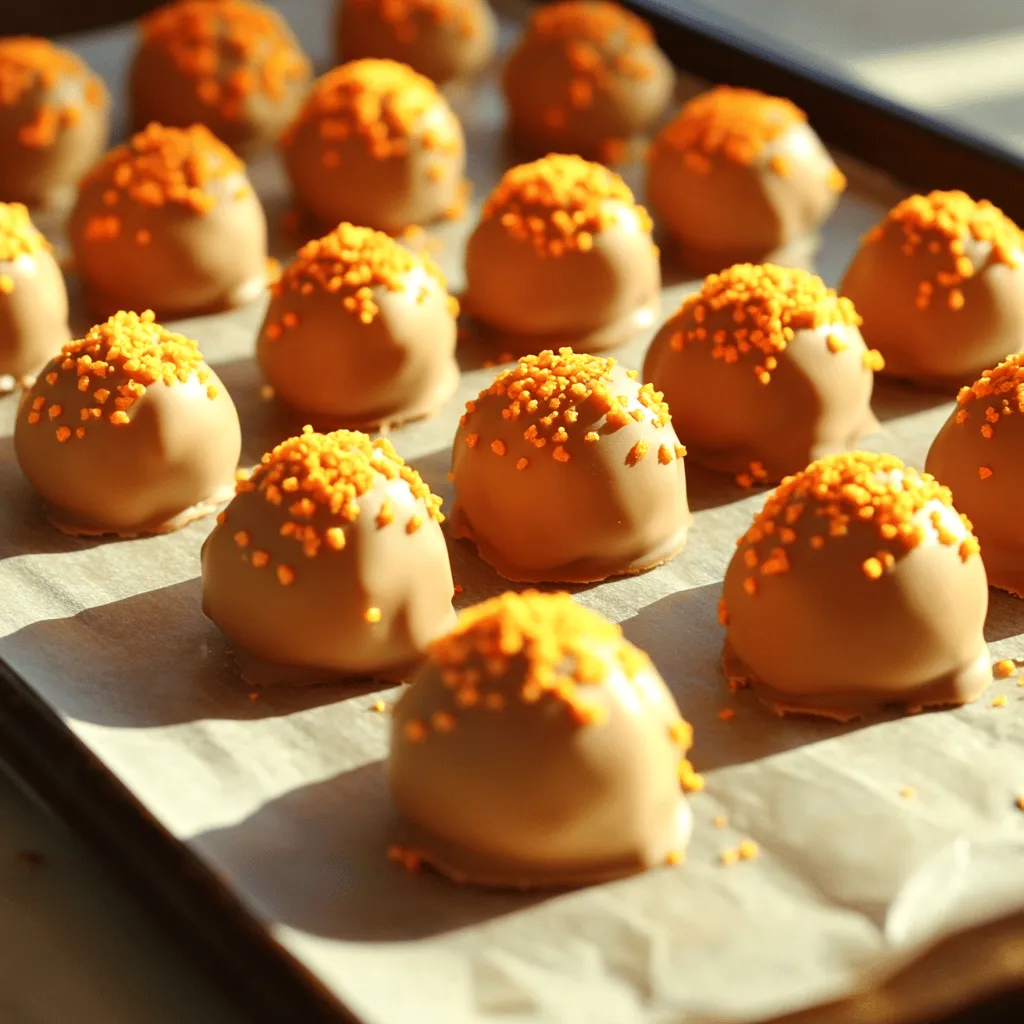 Making these tasty truffles is fun and easy. Here’s what you need: - 1 cup vanilla wafer crumbs - ½ cup cream cheese, softened - ½ cup powdered sugar - 1 tablespoon orange zest - 1 teaspoon vanilla extract - ½ cup orange-flavored chocolate chips - 2 tablespoons heavy cream - Orange sprinkles for coating You can switch some ingredients if you need to. Here are some ideas: - Vanilla wafer crumbs: Use graham cracker crumbs instead. They work well too. - Cream cheese: Use mascarpone or Greek yogurt for a different taste. - Powdered sugar: You can use granulated sugar but blend it first for a smoother texture. - Orange-flavored chocolate chips: Dark or white chocolate chips are great if you prefer those flavors. - Heavy cream: You can use coconut cream for a dairy-free option. Choosing the right ingredients makes a big difference. Here’s how to find the best: - Vanilla wafer crumbs: Check for freshness. Look for a sealed package with no air. - Cream cheese: Look for a smooth texture. Avoid any with cracks or a watery surface. - Orange zest: Use fresh oranges. They give a strong flavor. Smell them to ensure they are ripe. - Chocolate chips: Choose high-quality brands. They melt better and taste richer. - Sprinkles: Pick vibrant colors. They should be firm and not clumpy. These tips help you get the best flavors for your No Bake Orange Creamsicle Truffles. You can find the full recipe for more details on making these delicious treats. 1. Start by mixing the vanilla wafer crumbs and softened cream cheese in a bowl. Use a sturdy spoon or spatula. Make sure the mixture is smooth and well combined. 2. Next, add the powdered sugar, orange zest, and vanilla extract. Mix again until everything is evenly blended. 3. Now, fold in the orange-flavored chocolate chips with a spatula. This adds a delightful burst of flavor. 4. Use your hands to roll the mixture into small balls, about 1 inch wide. Place the balls on a baking sheet lined with parchment paper. 5. Refrigerate the truffles for 30 minutes. This helps them firm up nicely. 6. In a microwave-safe bowl, melt the heavy cream with the orange chocolate chips. Heat for 30 seconds, then stir until smooth. 7. Dip each chilled truffle into the melted chocolate. Let any extra chocolate drip off. 8. Roll the dipped truffles in orange sprinkles. This adds a fun and colorful touch. 9. Place the truffles back on the parchment-lined sheet. Refrigerate until the chocolate hardens, about 15 minutes. - When mixing the cream cheese and crumbs, look for a smooth texture. No lumps should remain. - For rolling the truffles, wet your hands slightly to prevent sticking. - The melted chocolate should be shiny and smooth, showing it’s ready for dipping. - After adding sprinkles, ensure they stick well by gently pressing them onto the truffles. - Don't skip the refrigeration step. It helps the truffles hold their shape. - Use fresh cream cheese; expired cream can ruin the taste. - Avoid over-mixing the chocolate after melting. Stir just until smooth. - If the mixture is too soft, add more vanilla wafer crumbs to help it firm up. Follow these steps, and your No Bake Orange Creamsicle Truffles will be a tasty treat delight! For the complete recipe, check the [Full Recipe]. To get the best texture for your truffles, start with creamy cream cheese. It makes a smooth base. Use finely crushed vanilla wafers. They help bind the mix and add crunch. You want the mixture to be moist but easy to roll into balls. If it's too sticky, add more wafer crumbs. If too dry, a little cream cheese helps. I love adding a twist to these truffles. You can mix in crushed nuts for crunch. Chopped almonds or pecans work great. For a touch of sweetness, try adding a bit more powdered sugar. A splash of orange juice can boost the orange flavor. Want a tangy kick? A little lemon zest pairs nicely with the orange. When melting chocolate, do it slowly. Heat it in short bursts in the microwave. Stir after each burst until it's smooth. This helps avoid burning. If you use a double boiler, keep water at a simmer. Make sure the bowl doesn't touch the water. This gives you control over the heat. Once melted, dip your truffles right away for a shiny finish. For the full recipe, check out the complete guide for No Bake Orange Creamsicle Truffles. {{image_2}} You can change the flavor of your truffles easily. Try lemon zest for a zesty twist. You can also use lime juice for a tropical taste. Want something sweeter? Add some raspberry puree for a berry burst. Each flavor gives a unique taste to the truffles. Mix and match to find your favorite. If you want to make vegan truffles, swap cream cheese for a plant-based cream cheese. Use maple syrup instead of powdered sugar for sweetness. You can also choose dairy-free chocolate chips. These swaps keep the creamy texture and taste while making it vegan-friendly. Get creative with your coatings! Instead of orange sprinkles, try crushed nuts for a crunchy bite. You can also use shredded coconut for a tropical feel. Drizzle melted white chocolate on top for an elegant look. Each topping adds a new layer of flavor and fun. To keep your truffles fresh, store them in an airtight container. Line the container with parchment paper for added protection. Place the truffles in a single layer to prevent sticking. You can keep them in the fridge for the best taste. These truffles last about one week in the fridge. For longer storage, you can freeze them. Place the truffles on a baking sheet and freeze until firm. Once set, transfer them to a freezer-safe bag. They can last up to three months in the freezer. No need to reheat these truffles. If they look a bit dull after thawing, give them a quick roll in fresh orange sprinkles. This simple step makes them look fresh and tasty again. Enjoy your delicious No Bake Orange Creamsicle Truffles! For the detailed recipe, check the Full Recipe. Yes, you can choose many other flavors. Consider using lemon, lime, or raspberry. Each flavor gives a unique twist. Just swap the orange zest and chocolate for your selected flavor. This simple change keeps the recipe fun and fresh. These truffles can last up to a week in the fridge. Store them in an airtight container. If you want to keep them longer, freeze them. They can last for up to three months in the freezer. Just make sure to thaw them in the fridge before serving. You can serve these truffles with fresh fruit or whipped cream. Pair them with a scoop of vanilla ice cream for extra sweetness. They also go well with a cup of tea or coffee. This combo makes for a delightful treat. You can find the full recipe [Full Recipe]. You now have all the tools to make No Bake Orange Creamsicle Truffles. We covered the complete ingredient list, swaps, and tips for choosing fresh ingredients. You learned step-by-step instructions and visual tips to guide you. We also explored how to perfect textures and suggest fun variations. Keep these ideas in mind as you try new flavors and combinations. Enjoy making your truffles, and don't be afraid to get creative!