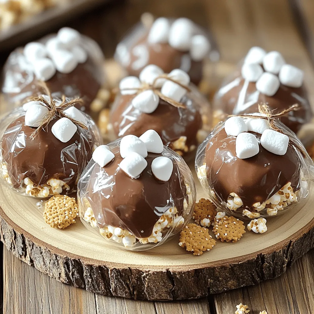 - 8 cups of popped popcorn (plain or lightly salted) - 1 cup mini marshmallows - 1 cup graham cracker crumbs - 1 cup milk chocolate chips - 1/2 cup unsalted butter - 3 tablespoons light corn syrup - 1 teaspoon vanilla extract - A pinch of salt To create S'mores popcorn balls, you need simple ingredients. The popped popcorn is the base. It should be plain or lightly salted to balance the sweetness. Mini marshmallows add that classic s'mores taste. The graham cracker crumbs give crunch and texture. Milk chocolate chips melt perfectly to coat everything. Unsalted butter helps the chocolate blend smoothly. Light corn syrup adds stickiness, holding everything together. Vanilla extract enhances the flavor, and a pinch of salt balances the sweetness. - Alternatives for chocolate chips: You can use dark chocolate chips or white chocolate chips. They both bring a different taste to the mix. - Gluten-free options for graham crackers: Look for gluten-free graham crackers made from rice or almond flour. They work well in this recipe. - Vegan substitutes for butter: Coconut oil or vegan butter can replace unsalted butter. These options keep the dish plant-based without losing flavor. Using these substitutes can help you enjoy S'mores popcorn balls no matter your dietary needs. Always feel free to experiment! For a complete guide, check out the Full Recipe. Start by popping 8 cups of plain or lightly salted popcorn. In a large bowl, mix the popcorn with 1 cup of graham cracker crumbs and 1 cup of mini marshmallows. Gently stir the mixture. You want the ingredients to mix well without crushing the popcorn. This keeps it light and airy. Next, grab a medium saucepan. Set it over low heat and add 1/2 cup of unsalted butter. Once melted, add 1 cup of milk chocolate chips and 3 tablespoons of light corn syrup. Stir constantly. This helps the chocolate melt smoothly. After it’s all melted, remove it from heat. Stir in 1 teaspoon of vanilla extract and a pinch of salt. Now, pour the melted chocolate mixture over the popcorn mix. Use a spatula to fold everything together. Be gentle but thorough. You want every piece of popcorn covered in chocolate. This is what makes the treat extra special! Let the mixture cool for about 5 minutes. Then, it’s time to form the popcorn balls. With your hands, grab some mixture and squeeze it tightly. Aim for balls that are about 2-3 inches wide. If it’s too sticky, lightly grease your hands with cooking spray. This will help them hold their shape. Place the formed popcorn balls on a baking sheet lined with parchment paper. Let them sit for 15-30 minutes. This helps them firm up. Once set, they are ready to enjoy! For more details, check out the Full Recipe. To make your S'mores popcorn balls extra crunchy, use fresh popcorn. Popcorn that is too old can be chewy. For the best crunch, use plain or lightly salted popcorn. This lets the other flavors shine. Mix the ingredients evenly for the best taste. Combine the popcorn, graham cracker crumbs, and mini marshmallows in a large bowl. Stir gently to avoid crushing the popcorn. This step is key for a good texture. Get creative when you serve your popcorn balls. Wrap each one in clear cellophane. Tie them with twine or a ribbon for a cute touch. You can also place them in a fun bowl. This adds charm to your table setting. Pair your popcorn balls with cold milk or hot cocoa. These drinks enhance the sweet flavors. You can even use them as party favors. Guests will love taking them home! Using the right kitchen tools makes a big difference. Use a large mixing bowl for your ingredients. A sturdy spatula helps when mixing everything together. When shaping the popcorn balls, your hands will get sticky. A light spray of cooking spray on your hands helps. You can also use an ice cream scoop for even shapes. This keeps your hands clean and makes shaping easier. For the full recipe, check the earlier section. Enjoy your time making these sweet treats! {{image_2}} You can change the taste of your S'mores popcorn balls with just a few tweaks. Adding peanut butter gives a nutty flavor. Just mix in about half a cup of creamy peanut butter while you melt the chocolate. You can also drizzle caramel on top for a sweet twist. Want more crunch? Try adding nuts or dried fruit. Chopped walnuts or almonds add a nice texture. Dried cranberries or cherries can bring in a fruity taste. Just mix in a cup of your choice after you combine the popcorn and chocolate. Make your S'mores popcorn balls fit any event! For Halloween, add orange and black sprinkles. For Christmas, use red and green candies. You can even shape them into fun forms like pumpkins or Christmas trees. Get creative with colors and decorations. Use colored chocolate melts for a fun touch. Different shapes and colors can make your treats stand out. They become a great conversation starter at parties! If you want a lighter treat, use air-popped popcorn. This method cuts down on fat and calories. You can also reduce the sugar in the recipe. Try using less corn syrup and chocolate chips. These small changes help you enjoy S'mores popcorn balls without the guilt. Plus, they still taste great! You can customize your recipe to fit your health needs while keeping it fun and tasty. For the full recipe, check out the instructions above! To keep your S'mores popcorn balls fresh, store them in an airtight container. This method keeps moisture out and maintains their crunch. You can use a large glass jar or a plastic container with a tight lid. If you plan to share, you can also wrap each ball in plastic wrap for easy transport. At room temperature, S'mores popcorn balls can last about 3 to 5 days. If you store them in the fridge, they can last up to a week. However, chilling may slightly affect their texture, making them a bit chewier. For the best taste and crunch, enjoy them at room temperature. To freeze S'mores popcorn balls, place them in a single layer on a baking sheet. Freeze for about 1 hour until firm. After that, you can transfer them to a freezer-safe bag or container. When you're ready to eat, let them thaw in the fridge overnight. After thawing, bring them to room temperature for the best texture. Yes, you can make S'mores Popcorn Balls a day ahead. They stay fresh and tasty. Store them in an airtight container at room temperature. This way, they will hold their shape and crunch. One common issue is sticky mixtures. If the popcorn is too wet, it won't shape well. To fix this, use less melted chocolate. If your hands get sticky, grease them lightly with cooking spray. This helps shape the balls easily. Absolutely! You can use air-popped popcorn, kettle corn, or cheese popcorn. Each type gives a unique taste and texture. Kettle corn adds sweetness, while cheese popcorn adds a savory twist. Choose what you like best. To make a larger batch, simply double or triple the ingredients. Just ensure you have a big enough mixing bowl. You might need to adjust the melting time for chocolate too. Keep mixing until everything is well coated. These popcorn balls go great with milk or hot chocolate. You can also serve them with fruit like strawberries or bananas. They make a fun snack for parties or movie nights. Enjoy sharing them with friends and family! The blog post outlined how to make delicious s'mores popcorn balls. We detailed ingredients, step-by-step instructions, and useful tips for perfecting your treat. You learned about ingredient substitutes and variations, too. In closing, these popcorn balls are fun, easy, and great for sharing. Try different flavors or themes to make them your own. Enjoy your tasty creations and watch them disappear at your next gathering!