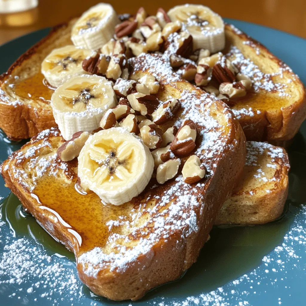 - 4 slices of thick banana bread - 2 large eggs - 1/2 cup milk (dairy or non-dairy) - 1 tablespoon vanilla extract - 1 teaspoon ground cinnamon - 1 tablespoon maple syrup (plus extra for serving) - 1 tablespoon butter or coconut oil (for cooking) - Sliced bananas and chopped nuts (for topping) - Powdered sugar (for garnish, optional) Gather these ingredients to make your Banana Bread French Toast easy and delicious. The thick banana bread adds a sweet touch. The eggs and milk create a rich base for dipping. Vanilla extract and cinnamon bring extra flavor. Maple syrup makes it sweet and sticky. You can cook your toast in butter or coconut oil for added richness. Top with sliced bananas and nuts for crunch. A sprinkle of powdered sugar adds a nice finish. For the full recipe, check out the details above. Enjoy your cooking! 1. Start by whisking together the eggs, milk, vanilla extract, cinnamon, and maple syrup in a medium bowl. Make sure everything blends well. 2. Preheat your skillet or griddle over medium heat. Add a tablespoon of butter or coconut oil to coat the surface. 1. Take each slice of banana bread and dip it into the egg mixture. Make sure both sides are fully coated. Let any extra mixture drip off. 2. Place the coated banana bread slices on the skillet. Cook for about 2-3 minutes on each side. You want them golden brown and slightly crispy. 1. Serve your banana bread French toast hot. Top it with sliced bananas and chopped nuts for crunch. 2. Drizzle with maple syrup and, if you like, sprinkle powdered sugar on top. Enjoy your delicious creation! To make the best banana bread French toast, use day-old banana bread. Fresh bread can get too soggy. Day-old bread absorbs the egg mixture well while keeping its shape. Adjust cooking time for your desired crispiness. If you like it soft, cook for less time. For extra crunch, let it cook a bit longer. You can use a skillet or a griddle. A skillet heats up fast and is easy to control. A griddle can cook more slices at once. Both work well! Keep your heat steady for even cooking. Too high heat can burn the outside while leaving the inside soft. Pair your French toast with fresh fruits like strawberries or blueberries. Whipped cream adds a nice touch too! You can also sprinkle some seasonal spices for variety, like nutmeg or pumpkin spice. These small changes keep breakfast exciting and fun! {{image_2}} You can make vegan banana bread French toast by swapping eggs and milk. Use flax eggs or a banana puree instead of eggs. For milk, almond or oat milk works well. You still get that yummy taste! For gluten-free options, choose gluten-free banana bread. You can find many types at stores or bake your own. Use gluten-free flour as a base. This way, everyone can enjoy this dish! Want to mix it up? Try adding chocolate chips or nuts to the batter. They add a fun crunch and sweetness. You can also experiment with different syrups and toppings. Maple syrup is classic, but try honey or berry syrup for a new twist! Get creative with stuffed versions! You can fill the banana bread with cream cheese or Nutella before cooking. This adds a rich layer of flavor. For savory twists, add cheese or fresh herbs. It’s a fun way to surprise your taste buds! For the full recipe, check out the guide above. Enjoy making your banana bread French toast! To store leftover French toast, let it cool first. Place the slices in an airtight container. A glass or plastic container works well. You can also use a resealable bag. Just make sure to remove as much air as possible. This keeps it fresh for a longer time. You can freeze banana bread French toast for later use. Wrap each slice tightly in plastic wrap. Then, place them in a freezer-safe bag. This way, they won't stick together. When you're ready to eat, take a slice out and let it thaw in the fridge. To reheat, place the thawed slice in a toaster or on a skillet. Heat until warm and crispy. This keeps the taste and texture close to fresh. Leftovers can last in the fridge for about three days. If you freeze them, they can stay good for up to three months. Just watch for signs of spoilage. If the French toast looks dry or smells off, it's best to toss it. Always make sure to check your food before eating. What makes banana bread French toast different? Banana bread French toast stands out because of its sweet, fruity flavor. The banana bread adds a rich taste compared to regular bread. It has a soft texture, which makes each bite delightful. The spices in banana bread, like cinnamon, enhance the overall flavor. This dish is a warm hug on a plate! Can I make this dish ahead of time? Yes, you can prepare the egg mixture ahead of time. Just store it in the fridge for up to one day. When you're ready, dip the banana bread in the mixture and cook it fresh. This method saves time while keeping your French toast tasty. Can I use regular bread instead of banana bread? You can use regular bread, but it will taste different. Banana bread has natural sweetness and moisture. If you choose regular bread, consider adding mashed bananas to the egg mixture. This way, you still get that delicious banana flavor! What should I do if I don't have eggs? If you lack eggs, try using a mashed banana or applesauce as a substitute. Use about 1/4 cup of either for each egg. This swap keeps the mixture thick and adds flavor. You can also mix ground flaxseed with water for a great binding option. Why is my French toast soggy? Soggy French toast often happens from too much egg mixture or not cooking long enough. Make sure to dip the bread quickly, allowing excess to drip off. Cook on medium heat to ensure it gets crispy. Flip it when golden brown on one side. What should I do if it sticks to the pan? If your French toast sticks, it might be due to not enough fat in the pan. Always use butter or coconut oil and let it heat up before adding the bread. If it sticks, gently loosen it with a spatula. Patience is key; let it cook properly! Banana bread French toast is a tasty twist on a classic dish. You learned the key ingredients, from thick banana bread to flavor boosters. The step-by-step guide helps you cook with ease. Discovering variations ensures everyone can join in, no matter their diet. Remember to store leftovers correctly to keep them fresh. Enjoy this simple, delicious meal any time. Try your own combos for a fun experience. Cooking should be joyful, and this recipe makes it easy and rewarding!