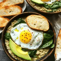 To make savory oatmeal with a fried egg, you will need simple, fresh ingredients. Here’s what you need: - 1 cup rolled oats - 2 cups vegetable broth - 1 cup fresh spinach, roughly chopped - 1/2 avocado, sliced - 1/4 cup grated Parmesan cheese (optional) - 2 large eggs - 1 teaspoon olive oil - 1 tablespoon soy sauce or tamari - 1/2 teaspoon garlic powder - Salt and pepper to taste - Red pepper flakes, for garnish (optional) These ingredients come together to create a hearty breakfast. Each element adds flavor and nutrition. The rolled oats provide a warm base, while the spinach gives a fresh touch. Avocado offers creaminess, and the fried egg adds protein. You can find the full recipe at the end of this section. Remember that you can adjust the toppings and seasonings. Experiment with your favorites to make this dish your own. Enjoy the process of cooking and the delight of eating. 1. First, bring the vegetable broth to a boil in a medium saucepan. 2. Next, add the rolled oats, garlic powder, and a pinch of salt. 3. Reduce the heat to low and simmer for about 5 minutes. Stir often until the oats are creamy. 1. While the oats cook, heat olive oil in a non-stick skillet over medium heat. 2. Crack the eggs into the skillet. Fry them to your liking, whether sunny side up or over easy. 3. Season the eggs with salt and pepper, then set them aside. 1. Once the oats are creamy, stir in the fresh spinach until it wilts. 2. Mix in the soy sauce or tamari to add flavor. 3. Divide the oatmeal into bowls and top each with a fried egg. 4. You can add sliced avocado and grated Parmesan cheese if you like. 5. For a spicy kick, sprinkle some red pepper flakes on top. This savory oatmeal with fried egg makes a tasty breakfast you can enjoy any day. For the full recipe, check out the earlier section. To make your savory oatmeal just right, pay close attention to the cooking time. If you want creamy oats, simmer them longer. A good rule is to start with five minutes. If you like them thicker, cook a bit longer. You can also play with the liquid. Try using less broth for a denser texture or more for a soupier dish. To boost the taste, add herbs or spices. Fresh thyme adds a nice touch. Smoked paprika gives a warm, rich flavor. You can also try using different broth. Chicken or beef broth can change the profile. Adding bouillon cubes can also deepen the taste. Each option brings a unique twist. Frying eggs can be fun. You might want to try sunny side up or over easy. Sunny side up keeps the yolk runny, while over easy gives a firmer yolk. To avoid sticking, use a good non-stick skillet. Heat the oil well before adding the eggs. This helps them slide right out. You can find the full recipe of savory oatmeal with fried egg to try these tips! {{image_2}} You can change up your savory oatmeal by adding different toppings. One tasty swap is sautéed mushrooms instead of avocado. The mushrooms add a rich, earthy flavor that pairs well with the oats. You can also add diced tomatoes or olives for a burst of freshness. Both options bring their own unique taste and keep your breakfast exciting. If you're looking for a vegan option, replace the fried egg with a tofu scramble. This keeps the meal hearty while making it plant-based. For those with gluten issues, just use certified gluten-free oats. This way, everyone can enjoy this delicious dish without worry. To elevate the taste, think about adding different cheeses. Feta or gouda can bring a creamy richness to your bowl. If you like heat, try adding hot sauce or salsa. These simple changes can transform your savory oatmeal into a gourmet breakfast. You can find the full recipe above to get started! After you enjoy your savory oatmeal, store leftovers in airtight containers. This keeps them fresh. Refrigerate them right away. It’s best to eat leftovers within 2-3 days. This helps maintain their flavor and texture. To reheat, you can use a microwave or stovetop. For the microwave, place the oatmeal in a bowl and cover it. Heat in short bursts, stirring in between. If using the stovetop, add a splash of broth or water. Heat over low heat, stirring until warm. This restores some creaminess to your oatmeal. Can you freeze savory oatmeal? Yes, you can freeze it! However, the texture might change. To freeze, let the oatmeal cool and place it in freezer-safe containers. When ready to eat, thaw it in the fridge overnight. Reheat it carefully, adding a little liquid if needed. Enjoy your meal with those rich flavors! Yes, you can prepare savory oatmeal ahead of time. Cook the oatmeal and store it in the fridge. Use an airtight container to keep it fresh. It stays good for about 2-3 days. When you want to eat it, simply reheat it on the stove or in the microwave. You may need to add a splash of broth or water to get the right texture again. If you want to skip the eggs, there are great alternatives. You can use tofu, chickpeas, or even a dollop of yogurt. Silken tofu works well as a creamy topping. Cooked chickpeas can add a nice texture. You can also try a vegan egg substitute found in stores. These options keep your dish tasty and filling. Boost the nutrition of your savory oatmeal easily. Add more greens like kale or arugula. You can also throw in seeds, like chia or flaxseeds, for fiber and omega-3s. Nuts, like walnuts or almonds, add crunch and healthy fats. For extra flavor, mix in herbs like basil or cilantro. These small changes make a big difference in taste and health. For the full recipe, check out the [Full Recipe]. This blog post explored a tasty savory oatmeal recipe. We discussed the key ingredients, detailed cooking steps, and offered tips to enhance flavor and texture. You learned about variations, storage, and common questions. Incorporating savory oatmeal into your meals can be both fun and healthy. Experiment with toppings and adjust flavors to fit your taste. Enjoy creating your perfect bowl!