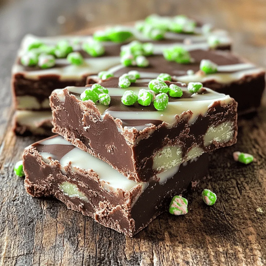 To make mint chocolate fudge, gather these simple ingredients: - 2 cups semi-sweet chocolate chips - 1 cup sweetened condensed milk - 1 teaspoon peppermint extract - 1/2 teaspoon vanilla extract - 1/4 teaspoon sea salt - 1/2 cup crushed peppermint candies (or candy canes) - 1/2 cup white chocolate chips (for drizzling, optional) These ingredients create a rich and tasty treat. The chocolate chips provide a smooth base. Sweetened condensed milk adds creaminess and sweetness. Peppermint extract gives that cool mint flavor. The sea salt helps balance the sweetness. You can add a few fun toppings to enhance your fudge: - Crushed peppermint candies (for extra crunch) - Melted white chocolate (for a pretty finish) - Sprinkles (for color and fun) These toppings elevate the dessert and make it look festive. They also add different textures, making each bite exciting. If you’re missing an ingredient, here are some swaps: - Use dark chocolate chips instead of semi-sweet for a richer taste. - Try coconut milk in place of sweetened condensed milk for a dairy-free option. - Use almond extract instead of peppermint for a different flavor. These substitutions let you adapt the recipe to your taste or dietary needs. With these options, you can still enjoy this delicious fudge. For the full recipe, check out the link above. First, take an 8x8 inch baking dish. Line it with parchment paper. Leave some paper hanging over the edges. This helps you lift the fudge out later. Lightly grease the paper with cooking spray or butter. This step ensures the fudge does not stick. Next, grab a medium saucepan. Place the semi-sweet chocolate chips and sweetened condensed milk inside. Set the heat to low. Stir the mixture gently and keep stirring until it melts. This may take a few minutes. You want it to be smooth and creamy. Remove the pan from heat when done. Now, it’s time to add flavor! Stir in the peppermint extract, vanilla extract, and sea salt. Mix until you feel the flavors blend well. Then, gently fold in the crushed peppermint candies. Save a tablespoon of these for later. This adds a nice crunch and fun look to your fudge. These steps will lead you to a delicious treat. You can follow the Full Recipe for complete details. Enjoy the process! To get smooth fudge, melt the chocolate slowly. Use low heat and stir often. This helps prevent any burning. If you notice lumps, keep stirring until it’s smooth. The sweetened condensed milk also helps create a creamy texture. One big mistake is not measuring your ingredients well. Use measuring cups for chocolate and milk. Too much chocolate can make it too thick. Another mistake is rushing to cut the fudge. Wait at least two hours for it to set. If you cut it too soon, it will be messy. For a great drizzle, melt white chocolate evenly. Use a microwave in short bursts. Stir after each burst to keep it smooth. When drizzling, use a spoon or a squeeze bottle. This gives you control and a nice look. Don't forget to sprinkle the reserved peppermint on top for a fun finish. For the full recipe, check out the Mint Chocolate Fudge section. {{image_2}} You can make mint chocolate fudge even more fun by adding nuts or other candies. Chopped walnuts or pecans give a nice crunch. You can also try adding mini marshmallows or chocolate chunks for extra sweetness. Just fold them in gently with the crushed peppermint before pouring the mixture into your pan. This will add new textures and flavors to your fudge. If you want to change the flavor, you can use different extracts. Almond extract adds a nutty taste that pairs well with mint. You can also try orange or raspberry extracts for a fruity twist. Just remember to keep the amount similar to the peppermint extract in the recipe. A little swap can make your fudge unique and exciting. For vegan or dairy-free options, you can replace the sweetened condensed milk. Use coconut cream or a non-dairy milk like almond or oat milk thickened with a bit of cornstarch. Choose dairy-free chocolate chips to keep it all plant-based. This way, everyone can enjoy the rich taste of mint chocolate fudge without worry. For the full recipe, check the earlier section. To keep your mint chocolate fudge fresh, store it in an airtight container. Place parchment paper between layers to prevent sticking. You can keep it at room temperature for up to a week. If you live in a warm area, refrigeration is best. Just be sure to let it come to room temp before serving for the best taste. You can freeze mint chocolate fudge for longer storage. Cut it into squares and wrap each piece tightly in plastic wrap. Then, place them in a freezer-safe bag. This way, they stay fresh for up to three months. When you want to enjoy a piece, take it out and let it thaw in the fridge. It will taste just as good as fresh! Mint chocolate fudge lasts about a week at room temp. In the fridge, it can last up to two weeks. If you freeze it, it can last for three months. Always check for any signs of spoilage, like off smells or changes in texture. This way, you can enjoy your fudge safely! For the full recipe, check out the earlier sections. You can tell the fudge is set when it feels firm to the touch. After chilling, it should hold its shape. If you gently press down, it should not leave an indent. It usually takes about two hours in the fridge. For best results, let it chill overnight. Yes, you can use milk chocolate or dark chocolate. Each will give a unique taste. Milk chocolate makes it sweeter, while dark chocolate adds a rich flavor. You can mix chocolates too for a fun twist. You can find mint chocolate fudge at many local bakeries or candy shops. Many grocery stores also carry it, especially around holidays. If you want a special treat, try looking online. Some specialty stores ship fudge right to your door. You can make fudge without condensed milk by using coconut milk or almond milk. Replace the sweetened condensed milk with an equal amount of coconut milk. You may need to add a bit of sugar to keep it sweet. Leftover fudge is great for many treats! You can chop it up and mix it into ice cream. It also works well in brownies or cookies. Try melting it to make a sauce for cakes or pancakes. With a little creativity, the options are endless! This blog post covered how to make mint chocolate fudge from start to finish. We went over the ingredients needed, optional toppings, and substitutions. You learned the step-by-step process to prepare, melt, and flavor your fudge. I shared tips for a smooth texture and common mistakes to avoid. Variations included nuts, different flavors, and vegan options. Finally, we discussed storage tips and answered common questions. Now, you can confidently make your own mint chocolate fudge at home! Enjoy each step and get creative with it.