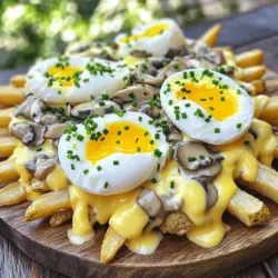 To make Egg Mushroom Sauce Fries, you will need the following ingredients: - 4 large russet potatoes - 2 tablespoons olive oil - Salt and pepper to taste - 1 cup sliced mushrooms - 1 small onion - 2 cloves garlic - 2 tablespoons soy sauce - 1 tablespoon Worcestershire sauce - 1/2 cup heavy cream - 2 large eggs - Fresh chives or parsley for garnish These ingredients create a delightful mix of flavors. The russet potatoes give a perfect base with their fluffy inside and crispy skin. The mushrooms add depth, while the garlic and onion bring a savory kick. Soy sauce and Worcestershire sauce give umami richness. The heavy cream ties it all together for a creamy texture. You can add fresh herbs for a hint of brightness. This dish is not just a meal; it's a warm hug on a plate. For the full recipe, check out the detailed instructions below. Preheating the Oven Start by preheating your oven to 425°F (220°C). This step is key for crispy fries. Coating the Fries with Olive Oil Next, take 4 large russet potatoes. Cut them into fries. Place the fries in a bowl. Drizzle 2 tablespoons of olive oil over the fries. Sprinkle salt and pepper to taste. Toss the fries well until they are evenly coated. This will help them crisp up nicely in the oven. Sautéing Onions and Garlic In a skillet, heat a splash of olive oil over medium heat. Add 1 small finely chopped onion. Sauté the onion until it turns translucent. This should take about 3-4 minutes. Then, add 2 cloves of minced garlic. Stir and cook for another minute until fragrant. Adding Mushrooms and Sauces Now, add 1 cup of sliced mushrooms to the skillet. Cook them for about 5-7 minutes. You want the mushrooms to turn golden brown. Next, stir in 2 tablespoons of soy sauce and 1 tablespoon of Worcestershire sauce. Let it simmer for an extra 2-3 minutes. Finally, pour in 1/2 cup of heavy cream. Stir and let it cook until the sauce thickens slightly. Remove it from heat. Preparing the Simmering Water In a separate pot, bring water to a gentle simmer. Make sure the water is not boiling. This will help you poach the eggs perfectly. Poaching Eggs to Desired Doneness Crack 2 large eggs into separate small dishes. Gently slide each egg into the simmering water. Cook for about 3-4 minutes for soft yolks. If you like firmer yolks, cook them a bit longer. Once done, carefully remove the eggs with a slotted spoon. Layering the Fries, Mushroom Sauce, and Eggs Once the fries are crispy and golden, take them out of the oven. Place the fries on a large platter. Pour the mushroom sauce generously over the fries. Finally, top the loaded fries with the poached eggs. For a burst of flavor, garnish with fresh chives or parsley. Enjoy your Egg Mushroom Sauce Fries! For the complete directions, check out the Full Recipe. - Recommended Oven Temperature: Set your oven to 425°F (220°C) for the best results. This high heat helps the fries get nice and crispy. - Flipping Techniques: Flip the fries halfway through cooking. This helps them cook evenly and achieve a golden brown color. - Flavor Additions and Adjustments: Add herbs like thyme or rosemary for extra flavor. You can also mix in a splash of white wine for depth. - Choosing the Right Mushrooms: Use button or cremini mushrooms for their great taste. They soak up flavors well and add a nice texture. - Common Poaching Mistakes: Avoid cracking eggs directly into the water. Use a small bowl first. This helps keep the egg intact. - Alternative Cooking Methods: If you're not a fan of poaching, try frying or scrambling the eggs. Each method gives a different taste and texture. These tips will help you make the best Egg Mushroom Sauce Fries. For the complete process, check out the Full Recipe. Enjoy your cooking! {{image_2}} When it comes to Egg Mushroom Sauce Fries, you can mix things up. The base dish is great, but there are many ways to make it your own. - Sweet Potato Fries: These fries add a sweet twist. They are also packed with vitamins. Sweet potatoes have a nice color too. Bake them just like russet potatoes. - Skin-On Fries: Leaving the skin on adds texture and flavor. You save time too. Just wash the potatoes well before cutting them. This method keeps more nutrients in your dish. - Creamy Garlic Sauce: If you want a different sauce, try this one. It gives a rich and bold flavor. Just blend garlic with cream and season to taste. It pairs well with the fries. - Tomato-Based Sauce: This option is tangy and fresh. Use a simple marinara sauce for a new flavor. It adds a nice contrast to the richness of the dish. - Adding Cheese or Bacon: Cheese adds creaminess, while bacon brings crunch. Sprinkle shredded cheese on top right before serving. For bacon, cook it until crispy, then crumble over the dish. - Fresh Vegetable Garnishes: Fresh veggies add color and crunch. Try chopped tomatoes or diced bell peppers. They brighten up the plate and add extra nutrients. These variations let you play with flavors. You can make Egg Mushroom Sauce Fries unique each time. For the full recipe, check out the complete guide above. - Best Practices for Refrigeration: Let your Egg Mushroom Sauce Fries cool down before storing. Place them in an airtight container. This helps keep them fresh and prevents odors from mixing with other foods. - How Long They Last: Properly stored, your leftovers can last up to three days in the fridge. After that, the fries may lose their crispness, and the sauce can separate. It’s best to enjoy them soon! - Methods for Reheating Fries: To reheat, use an oven or air fryer. Preheat to 350°F (175°C). Spread the fries on a baking sheet and warm them for about 10-15 minutes. This helps regain their crunch. - Keeping Sauce Creamy: To reheat the sauce, place it in a small pan over low heat. Stir often to prevent sticking. If it thickens too much, add a splash of cream or broth to keep it smooth. To make this dish vegan, swap the eggs for a tofu scramble. Use firm tofu and crumble it. Sauté it with spices like turmeric for color. Replace the heavy cream with coconut cream or cashew cream for the sauce. Ensure the Worcestershire sauce is vegan. These swaps keep the dish rich and tasty. Yes, you can make the mushroom sauce early. Cook it as the recipe says, then cool it down. Store it in an airtight container in the fridge. When ready to serve, just reheat it gently on the stove. This saves you time and lets the flavors blend well. Egg Mushroom Sauce Fries pair well with fresh salads or steamed veggies. You can also serve them with crusty bread or a side of pickles. For a heartier meal, try adding grilled chicken or a veggie burger. This adds protein and makes the dish more filling. Yes, you can make the sauce gluten-free. Use tamari instead of soy sauce for a gluten-free option. Check the Worcestershire sauce label to ensure it’s gluten-free as well. This way, you can enjoy the rich flavors without worries about gluten. To make Egg Mushroom Sauce Fries, follow these steps: - 4 large russet potatoes, cut into fries - 2 tablespoons olive oil - Salt and pepper to taste - 1 cup mushrooms, sliced (button or cremini) - 1 small onion, finely chopped - 2 cloves garlic, minced - 2 tablespoons soy sauce - 1 tablespoon Worcestershire sauce (non-alcoholic) - 1/2 cup heavy cream - 2 large eggs - Fresh chives or parsley for garnish 1. Preheat the oven to 425°F (220°C). Toss the cut fries with olive oil, salt, and pepper in a bowl. Spread them in a single layer on a baking sheet. 2. Bake the fries for about 30-35 minutes. Flip them halfway until golden and crispy. 3. In a skillet over medium heat, add a splash of olive oil. Sauté the chopped onion until it is clear. 4. Add the minced garlic and sliced mushrooms. Cook for 5-7 minutes until the mushrooms are golden brown. 5. Stir in the soy sauce and Worcestershire sauce. Let it simmer for 2-3 minutes. 6. Lower the heat. Pour in the heavy cream and stir. Let it cook for a few minutes until it thickens slightly. Remove from heat. 7. Bring water to a gentle simmer in a pot. Crack the eggs into small dishes. Carefully slide them into the water to poach. Cook for 3-4 minutes for soft yolks. 8. Once the fries are done, take them out of the oven. Place them on a platter. Pour the mushroom sauce over the fries. 9. Carefully place the poached eggs on top of the fries. 10. Garnish with fresh chives or parsley for extra flavor and color. In this post, we explored making Egg Mushroom Sauce Fries. We gathered fresh ingredients and learned to prepare crispy fries, rich sauce, and perfectly poached eggs. I shared tips to enhance flavor and improve texture. Remember, you can tweak the recipe with different potatoes or sauces. Store leftovers well and enjoy reheating them. Cooking can be fun, so don’t be afraid to try new things. Dive into this recipe, get creative, and impress yourself and others with a delicious meal!