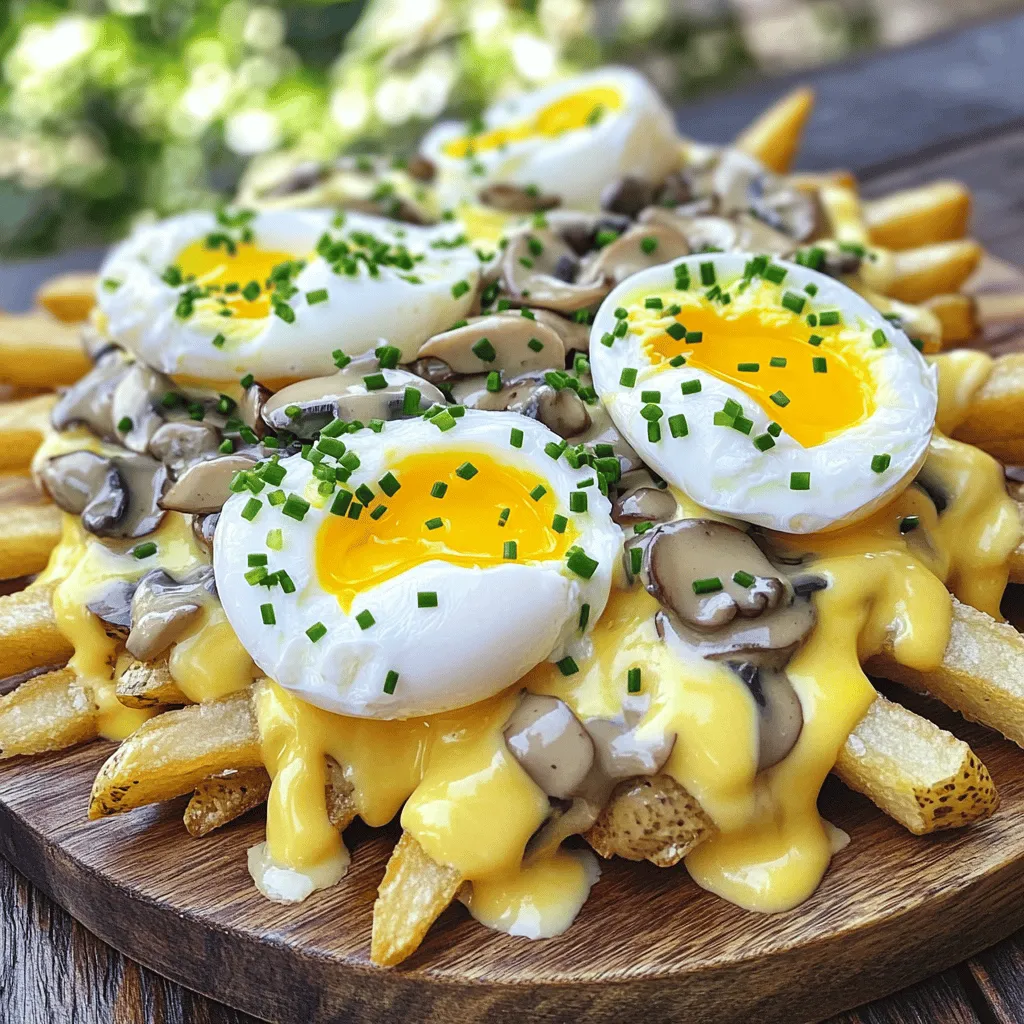 To make Egg Mushroom Sauce Fries, you will need the following ingredients: - 4 large russet potatoes - 2 tablespoons olive oil - Salt and pepper to taste - 1 cup sliced mushrooms - 1 small onion - 2 cloves garlic - 2 tablespoons soy sauce - 1 tablespoon Worcestershire sauce - 1/2 cup heavy cream - 2 large eggs - Fresh chives or parsley for garnish These ingredients create a delightful mix of flavors. The russet potatoes give a perfect base with their fluffy inside and crispy skin. The mushrooms add depth, while the garlic and onion bring a savory kick. Soy sauce and Worcestershire sauce give umami richness. The heavy cream ties it all together for a creamy texture. You can add fresh herbs for a hint of brightness. This dish is not just a meal; it's a warm hug on a plate. For the full recipe, check out the detailed instructions below. Preheating the Oven Start by preheating your oven to 425°F (220°C). This step is key for crispy fries. Coating the Fries with Olive Oil Next, take 4 large russet potatoes. Cut them into fries. Place the fries in a bowl. Drizzle 2 tablespoons of olive oil over the fries. Sprinkle salt and pepper to taste. Toss the fries well until they are evenly coated. This will help them crisp up nicely in the oven. Sautéing Onions and Garlic In a skillet, heat a splash of olive oil over medium heat. Add 1 small finely chopped onion. Sauté the onion until it turns translucent. This should take about 3-4 minutes. Then, add 2 cloves of minced garlic. Stir and cook for another minute until fragrant. Adding Mushrooms and Sauces Now, add 1 cup of sliced mushrooms to the skillet. Cook them for about 5-7 minutes. You want the mushrooms to turn golden brown. Next, stir in 2 tablespoons of soy sauce and 1 tablespoon of Worcestershire sauce. Let it simmer for an extra 2-3 minutes. Finally, pour in 1/2 cup of heavy cream. Stir and let it cook until the sauce thickens slightly. Remove it from heat. Preparing the Simmering Water In a separate pot, bring water to a gentle simmer. Make sure the water is not boiling. This will help you poach the eggs perfectly. Poaching Eggs to Desired Doneness Crack 2 large eggs into separate small dishes. Gently slide each egg into the simmering water. Cook for about 3-4 minutes for soft yolks. If you like firmer yolks, cook them a bit longer. Once done, carefully remove the eggs with a slotted spoon. Layering the Fries, Mushroom Sauce, and Eggs Once the fries are crispy and golden, take them out of the oven. Place the fries on a large platter. Pour the mushroom sauce generously over the fries. Finally, top the loaded fries with the poached eggs. For a burst of flavor, garnish with fresh chives or parsley. Enjoy your Egg Mushroom Sauce Fries! For the complete directions, check out the Full Recipe. - Recommended Oven Temperature: Set your oven to 425°F (220°C) for the best results. This high heat helps the fries get nice and crispy. - Flipping Techniques: Flip the fries halfway through cooking. This helps them cook evenly and achieve a golden brown color. - Flavor Additions and Adjustments: Add herbs like thyme or rosemary for extra flavor. You can also mix in a splash of white wine for depth. - Choosing the Right Mushrooms: Use button or cremini mushrooms for their great taste. They soak up flavors well and add a nice texture. - Common Poaching Mistakes: Avoid cracking eggs directly into the water. Use a small bowl first. This helps keep the egg intact. - Alternative Cooking Methods: If you're not a fan of poaching, try frying or scrambling the eggs. Each method gives a different taste and texture. These tips will help you make the best Egg Mushroom Sauce Fries. For the complete process, check out the Full Recipe. Enjoy your cooking! {{image_2}} When it comes to Egg Mushroom Sauce Fries, you can mix things up. The base dish is great, but there are many ways to make it your own. - Sweet Potato Fries: These fries add a sweet twist. They are also packed with vitamins. Sweet potatoes have a nice color too. Bake them just like russet potatoes. - Skin-On Fries: Leaving the skin on adds texture and flavor. You save time too. Just wash the potatoes well before cutting them. This method keeps more nutrients in your dish. - Creamy Garlic Sauce: If you want a different sauce, try this one. It gives a rich and bold flavor. Just blend garlic with cream and season to taste. It pairs well with the fries. - Tomato-Based Sauce: This option is tangy and fresh. Use a simple marinara sauce for a new flavor. It adds a nice contrast to the richness of the dish. - Adding Cheese or Bacon: Cheese adds creaminess, while bacon brings crunch. Sprinkle shredded cheese on top right before serving. For bacon, cook it until crispy, then crumble over the dish. - Fresh Vegetable Garnishes: Fresh veggies add color and crunch. Try chopped tomatoes or diced bell peppers. They brighten up the plate and add extra nutrients. These variations let you play with flavors. You can make Egg Mushroom Sauce Fries unique each time. For the full recipe, check out the complete guide above. - Best Practices for Refrigeration: Let your Egg Mushroom Sauce Fries cool down before storing. Place them in an airtight container. This helps keep them fresh and prevents odors from mixing with other foods. - How Long They Last: Properly stored, your leftovers can last up to three days in the fridge. After that, the fries may lose their crispness, and the sauce can separate. It’s best to enjoy them soon! - Methods for Reheating Fries: To reheat, use an oven or air fryer. Preheat to 350°F (175°C). Spread the fries on a baking sheet and warm them for about 10-15 minutes. This helps regain their crunch. - Keeping Sauce Creamy: To reheat the sauce, place it in a small pan over low heat. Stir often to prevent sticking. If it thickens too much, add a splash of cream or broth to keep it smooth. To make this dish vegan, swap the eggs for a tofu scramble. Use firm tofu and crumble it. Sauté it with spices like turmeric for color. Replace the heavy cream with coconut cream or cashew cream for the sauce. Ensure the Worcestershire sauce is vegan. These swaps keep the dish rich and tasty. Yes, you can make the mushroom sauce early. Cook it as the recipe says, then cool it down. Store it in an airtight container in the fridge. When ready to serve, just reheat it gently on the stove. This saves you time and lets the flavors blend well. Egg Mushroom Sauce Fries pair well with fresh salads or steamed veggies. You can also serve them with crusty bread or a side of pickles. For a heartier meal, try adding grilled chicken or a veggie burger. This adds protein and makes the dish more filling. Yes, you can make the sauce gluten-free. Use tamari instead of soy sauce for a gluten-free option. Check the Worcestershire sauce label to ensure it’s gluten-free as well. This way, you can enjoy the rich flavors without worries about gluten. To make Egg Mushroom Sauce Fries, follow these steps: - 4 large russet potatoes, cut into fries - 2 tablespoons olive oil - Salt and pepper to taste - 1 cup mushrooms, sliced (button or cremini) - 1 small onion, finely chopped - 2 cloves garlic, minced - 2 tablespoons soy sauce - 1 tablespoon Worcestershire sauce (non-alcoholic) - 1/2 cup heavy cream - 2 large eggs - Fresh chives or parsley for garnish 1. Preheat the oven to 425°F (220°C). Toss the cut fries with olive oil, salt, and pepper in a bowl. Spread them in a single layer on a baking sheet. 2. Bake the fries for about 30-35 minutes. Flip them halfway until golden and crispy. 3. In a skillet over medium heat, add a splash of olive oil. Sauté the chopped onion until it is clear. 4. Add the minced garlic and sliced mushrooms. Cook for 5-7 minutes until the mushrooms are golden brown. 5. Stir in the soy sauce and Worcestershire sauce. Let it simmer for 2-3 minutes. 6. Lower the heat. Pour in the heavy cream and stir. Let it cook for a few minutes until it thickens slightly. Remove from heat. 7. Bring water to a gentle simmer in a pot. Crack the eggs into small dishes. Carefully slide them into the water to poach. Cook for 3-4 minutes for soft yolks. 8. Once the fries are done, take them out of the oven. Place them on a platter. Pour the mushroom sauce over the fries. 9. Carefully place the poached eggs on top of the fries. 10. Garnish with fresh chives or parsley for extra flavor and color. In this post, we explored making Egg Mushroom Sauce Fries. We gathered fresh ingredients and learned to prepare crispy fries, rich sauce, and perfectly poached eggs. I shared tips to enhance flavor and improve texture. Remember, you can tweak the recipe with different potatoes or sauces. Store leftovers well and enjoy reheating them. Cooking can be fun, so don’t be afraid to try new things. Dive into this recipe, get creative, and impress yourself and others with a delicious meal!