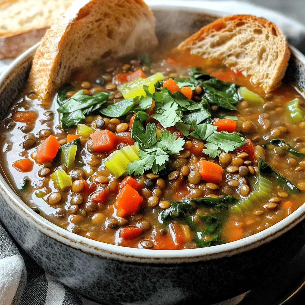 To make a great spicy lentil soup, you need the right ingredients. Here’s what you will need: - 1 cup green or brown lentils, rinsed - 1 large onion, diced - 2 cloves garlic, minced - 1 carrot, diced - 1 rib celery, diced - 1 red bell pepper, diced - 1 teaspoon ground cumin - 1 teaspoon smoked paprika - 1/2 teaspoon cayenne pepper (adjust to taste) - 1 can (14 oz) diced tomatoes - 4 cups vegetable broth - 2 tablespoons olive oil - Salt and pepper to taste - 2 cups spinach or kale, chopped - Fresh cilantro or parsley, for garnish These ingredients come together to create a rich and hearty soup. The lentils provide protein, while the veggies add texture and flavor. You can add more ingredients to enhance the taste. Here are some ideas: - 1 teaspoon turmeric for a warm flavor - 1 tablespoon lemon juice for brightness - A splash of hot sauce for more heat - Chopped bell peppers or zucchini for extra veggies Feel free to mix and match. These add-ins can turn a good soup into a great one! Garnishes make your soup more appealing. Here are some great options: - Fresh cilantro or parsley sprinkled on top - A dollop of yogurt for creaminess - Crusty bread on the side for dipping Serving your soup in deep bowls makes it look inviting. Enjoy it hot and share it with friends and family for a comforting meal. For the full recipe, check out the instructions above! Start by gathering your fresh veggies. You need one large onion, two cloves of garlic, one carrot, one rib of celery, and one red bell pepper. Dice the onion, carrot, celery, and bell pepper into small pieces. Mince the garlic. This helps all the flavors mix well when cooking. In a large pot, heat two tablespoons of olive oil over medium heat. Add the diced onion, garlic, carrot, and celery. Sauté them for about 5 to 7 minutes. You want the onions to turn translucent and the veggies to soften. This step builds a rich base for your soup. Next, stir in the diced red bell pepper and cook for an additional 3 to 4 minutes. Now, it’s time to add some spice! Sprinkle in one teaspoon of ground cumin, one teaspoon of smoked paprika, and half a teaspoon of cayenne pepper. Stir these spices for 1 to 2 minutes until you smell their wonderful aroma. After that, add one cup of rinsed green or brown lentils and one can of diced tomatoes with their juice to the pot. Pour in four cups of vegetable broth. Bring the mixture to a boil. Once it’s boiling, reduce the heat to low and cover the pot. Let it simmer for 25 to 30 minutes, or until the lentils are tender. Stir occasionally to keep it from sticking. After the lentils are cooked, add two cups of chopped spinach or kale. Season with salt and pepper to taste. Cook for another 5 minutes until the greens wilt. This adds color and nutrition to your soup. Serve your spicy lentil soup hot, garnished with fresh cilantro or parsley. For a full recipe, check out the details above. Enjoy your hearty meal! To get tender lentils, start with rinsing them under cold water. This removes any dirt and helps them cook evenly. Use fresh lentils for the best results. Cooking them in vegetable broth adds more flavor. Keep an eye on them as they simmer. If they get too soft, they can turn mushy. Aim for a soft texture but still with a slight bite. Spices make this soup special. Ground cumin and smoked paprika add warmth and depth. I use cayenne pepper for a spicy kick, but you can adjust it. If you want more heat, add extra cayenne. For a twist, try curry powder or turmeric. Mixing spices in the oil releases their full flavor. Let them sizzle for a minute before adding other ingredients. Serve this soup hot in deep bowls. A sprinkle of fresh cilantro or parsley brightens the dish. Pair it with a slice of crusty bread. This helps soak up the flavorful broth. You can also add a dollop of yogurt on top for creaminess. For a heartier meal, enjoy it with a side salad. It makes a filling and satisfying dinner. For the full recipe, check out the Fiery Lentil Delight. {{image_2}} You can use many types of lentils in your soup. Green lentils are hearty and hold their shape well. Brown lentils are also a great choice and cook quickly. Red lentils break down more during cooking, giving a creamier texture. Each type adds a unique flavor and look to your dish. Experiment to find your favorite! The spice level can change how your soup tastes. For less heat, cut down on cayenne pepper. You can also swap it for sweet paprika. If you love heat, add more cayenne or even chili flakes. Always taste as you go. This lets you control the heat and keep it just how you like it. This soup is perfect for everyone, including vegetarians and vegans. All the ingredients are plant-based. You can use vegetable broth to keep it vegan. If you want extra protein, add chickpeas or tofu. They blend well and boost nutrition. Enjoy this warm bowl of comfort, knowing it fits many diets! To keep your spicy lentil soup fresh, let it cool first. Then, transfer it to an airtight container. Store it in the fridge for up to four days. Make sure to seal the container well. This keeps the soup from absorbing other smells in your fridge. If you want to save your soup for later, freezing works great. Pour the cooled soup into freezer-safe containers or bags. Leave some space at the top for expansion. You can freeze it for up to three months. When ready to eat, simply thaw it overnight in the fridge. Reheating is easy! You can warm up your soup on the stove or in the microwave. If using the stove, pour the soup into a pot. Heat over medium until it bubbles gently. Stir it often to avoid sticking. If using a microwave, place it in a microwave-safe bowl. Heat in short intervals, stirring in between. Enjoy your warm soup! For the full recipe, check out the detailed instructions above. You can serve spicy lentil soup with crusty bread. A slice of sourdough works well. You can also pair it with a side salad. A fresh green salad adds a nice crunch. For a heartier meal, add rice or quinoa. Top the soup with fresh herbs for color and flavor. Yes, you can make spicy lentil soup in a slow cooker. Start by sautéing the onion, garlic, and veggies in a pan. Then add them to the slow cooker. Mix in the lentils, spices, and broth. Cook on low for 6-8 hours or on high for 3-4 hours. This method lets the flavors blend well. Yes, spicy lentil soup is gluten-free. The ingredients are naturally gluten-free. Just check your vegetable broth for gluten. Most brands are safe, but it’s good to confirm. Enjoy this soup without any worries about gluten! For the complete recipe, check out the Full Recipe. This blog post covered the key ingredients and steps for spicy lentil soup. I shared tips for cooking perfect lentils and ideas for tasty variations. You can store leftovers easily and reheat them well too. Spicy lentil soup is simple and fun to make. Whether you like it mild or hot, this soup fits your taste. With these tips, you can enjoy a warm bowl any time!