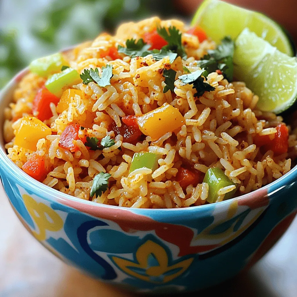 To make homemade Spanish rice, gather these simple ingredients: - 2 cups long-grain white rice - 4 cups vegetable broth - 1 large onion, finely chopped - 1 bell pepper (red or green), diced - 2 cloves garlic, minced - 1 can (14 oz) diced tomatoes with green chilies - 1 teaspoon ground cumin - 1 teaspoon smoked paprika - 1/2 teaspoon turmeric - 1/2 teaspoon chili powder - Salt and pepper to taste - 3 tablespoons olive oil - Fresh cilantro, chopped (for garnish) - Lime wedges (for serving) You can add more flavors with optional seasonings. Try adding: - A dash of cayenne pepper for heat - A sprinkle of oregano for an earthy taste - Chopped green onions for freshness Garnishes can also take your dish to the next level. Consider: - Avocado slices for creaminess - Sour cream for richness - Additional lime wedges for zest Don't worry if you lack some ingredients. Here are some easy swaps: - Use chicken broth instead of vegetable broth for a meaty flavor. - Swap white rice for brown rice, but adjust cooking time. - If you don’t have cumin, try coriander for a different spice. - You can use fresh tomatoes if canned are not available. These substitutions make the recipe flexible and fun! For the full recipe, check out the provided link. To start making your homemade Spanish rice, gather all the ingredients first. You will need two cups of long-grain white rice, four cups of vegetable broth, and a large onion. Chop the onion finely. Next, you need one bell pepper, either red or green, diced. Don’t forget to mince two cloves of garlic. For flavor, grab a can of diced tomatoes with green chilies. Measure out the spices: one teaspoon of ground cumin, smoked paprika, and half a teaspoon each of turmeric and chili powder. Finally, have salt, pepper, and three tablespoons of olive oil ready. In a medium saucepan, heat one tablespoon of olive oil over medium heat. Add the chopped onion and bell pepper. Sauté them until they are soft, which takes about four to five minutes. After that, add the minced garlic and cook for one more minute until it smells amazing. Now, stir in the rice and let it cook for two to three minutes. This step helps toast the rice and mix in the flavors. Then, pour in the vegetable broth and add the can of diced tomatoes with its juices. Don’t forget to add the spices: cumin, paprika, turmeric, chili powder, salt, and pepper. Stir everything well and bring it to a gentle boil. Once boiling, reduce the heat to low, cover the saucepan tightly, and simmer for about 15 to 20 minutes. This cooking method ensures the rice absorbs all the flavors. Once the rice is cooked, turn off the heat and let it sit for five minutes with the lid on. This steaming step makes the rice fluffy. After five minutes, use a fork to fluff the rice gently. Add the remaining olive oil and fresh chopped cilantro for a bright touch. For serving, place the rice in a nice bowl. Garnish it with more cilantro and some lime wedges on the side. This adds a zesty finish and makes your dish look beautiful. Enjoy your homemade Spanish rice! For the full recipe, check out the details above. When making Spanish rice, avoid these traps: - Too much water: This can make your rice mushy. Stick to the broth ratio. - Skipping the toasting: Toasting the rice adds flavor. Don’t rush this step. - Stirring too much: Once you add the broth, avoid stirring. This helps the rice cook evenly. To boost flavor, try these tips: - Use broth: Always use vegetable or chicken broth instead of water. It adds depth. - Add herbs: Fresh herbs like cilantro can brighten the dish. Toss them in just before serving. - Citrus zest: A little lime or lemon zest can make the rice pop. Add it with the broth. Having the right tools makes cooking easier: - Medium saucepan: A good pot is key for even cooking. - Sharp knife: Use a sharp knife for chopping onions and peppers. This saves time and effort. - Wooden spoon: For stirring, a wooden spoon is gentle on your pot and rice. For the full recipe, check out the detailed instructions provided earlier. Enjoy cooking! {{image_2}} You can easily make Spanish rice vegetarian or vegan. Use vegetable broth for a rich flavor. You can add more veggies like zucchini, corn, or peas. These add color and nutrients. I love adding black beans for protein and fiber. They also make the dish more filling. You can top it with avocado or a sprinkle of nutritional yeast for a cheesy flavor without dairy. To make your Spanish rice a full meal, consider adding protein. Chicken, shrimp, or beef work well. Simply cook the protein in the pan before adding the rice. For a twist, try chorizo for a spicy kick. If you want plant-based options, use tofu or tempeh. Just cube them and sauté until golden. Mix them in before serving for a hearty touch. Spanish rice varies by region. In Mexico, you might find it with green bell peppers and peas. In the Caribbean, they may add coconut milk for a creamy texture. Some recipes use saffron for a unique flavor. You can even find versions with olives and capers, giving a briny taste. Explore these different styles to find your favorite! You can store leftover Spanish rice in an airtight container. Let it cool down first. Place it in the fridge within two hours. It will stay fresh for about 3 to 5 days. Make sure to label the container with the date. This helps you keep track of freshness. When you reheat Spanish rice, add a splash of water. This helps it stay moist. Use a microwave-safe bowl for this. Cover the bowl with a damp paper towel. Heat it in short intervals of 30 seconds. Stir between intervals until it reaches your desired warmth. You can also reheat it on the stove. Just add a bit of oil in a pan and warm it gently. To freeze Spanish rice, cool it completely first. Then, divide it into smaller portions. Use freezer-safe bags or containers for storage. Remove as much air as possible before sealing. Label the bags with the date. It can last for about 2 to 3 months in the freezer. When you're ready to eat it, thaw it in the fridge overnight. Reheat as mentioned earlier for best results. Enjoy your flavorful dish anytime! Spanish rice differs from regular rice in its flavors and ingredients. I use spices like cumin and smoked paprika to give it a rich taste. Regular rice usually has a mild flavor. Spanish rice also often includes tomatoes, onions, and bell peppers, adding color and nutrition. This dish is a celebration of flavors, making it perfect for any meal. Yes, you can make Spanish rice in a rice cooker! Start by sautéing the onions and bell peppers in your pan. Then, add the rice and spices to the cooker. Pour in the vegetable broth and diced tomatoes next. Set your rice cooker to the white rice setting. Once it finishes cooking, let the rice sit for a few minutes. This method saves time and makes it easier. To make Spanish rice spicier, add more chili powder or diced jalapeños. You can also use spicy diced tomatoes. If you prefer a milder dish, reduce the chili powder and use regular diced tomatoes. Adjusting these ingredients helps you create the perfect balance for your taste buds. In this article, we covered how to make delicious homemade Spanish rice. We explored key ingredients, optional seasonings, and ingredient swaps. I shared step-by-step cooking instructions, tips to avoid mistakes, and ways to enhance the flavor. You learned about different variations, storage methods, and answers to common questions. Making Spanish rice is easy and fun. You can impress friends and family with your skills. Enjoy your tasty rice, and don’t hesitate to experiment!