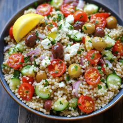 - 1 cup couscous - 1 1/4 cups vegetable broth - 1 cup cherry tomatoes, halved - 1 cucumber, diced - 1/2 red onion, finely chopped - 1/2 cup Kalamata olives, pitted and halved - 1/4 cup feta cheese, crumbled - 1/4 cup fresh parsley, chopped - 1/4 cup extra virgin olive oil - 2 tablespoons lemon juice - 1 teaspoon dried oregano - Salt and pepper to taste To make a great Mediterranean Couscous Salad, you need simple, fresh ingredients. Each one adds its flavor and texture. You start with couscous, a quick-cooking grain that acts as the base. I use vegetable broth to boost its taste. This adds depth to the dish. Next, I add bright cherry tomatoes. Their sweetness pairs well with the crunch of a diced cucumber. The red onion gives a little bite. Kalamata olives add a salty, briny flavor that sings of the Mediterranean. Feta cheese brings creaminess and tang. Fresh parsley adds a burst of color and freshness. Olive oil and lemon juice create a zesty dressing that ties everything together. I sprinkle dried oregano for an herbal touch. This salad is not just tasty; it is also healthy. Each ingredient brings its own nutrients to the table. I love how they work together for a fresh, colorful dish. You can find the full recipe [Full Recipe]. To start, grab a medium saucepan. Pour in 1 1/4 cups of vegetable broth. Heat it on high until it boils. This step is key for flavor. Once boiling, stir in 1 cup of couscous. Cover the pot and remove it from heat. Let it sit for about 5 minutes. This lets the couscous absorb all the broth. After 5 minutes, fluff it with a fork. Set it aside to cool while you prepare the other ingredients. Next, take a large mixing bowl. Combine 1 cup of halved cherry tomatoes, 1 diced cucumber, and 1/2 finely chopped red onion. Add in 1/2 cup of pitted and halved Kalamata olives. Crumble 1/4 cup of feta cheese and toss it in too. Now, gently fold in the cooled couscous with this fresh mix. Make sure everything is well combined but be careful not to mash the veggies. In a small bowl, whisk together 1/4 cup of extra virgin olive oil and 2 tablespoons of lemon juice. Add 1 teaspoon of dried oregano, along with salt and pepper to taste. This dressing adds flavor and ties everything together. Pour the dressing over your couscous salad. Toss gently to coat all the ingredients evenly. Finally, sprinkle 1/4 cup of chopped fresh parsley on top and give it one last gentle toss. Enjoy this fresh and vibrant dish! To ensure your couscous is fluffy, start with the right amount of broth. Use 1 1/4 cups of vegetable broth for every cup of couscous. Bring the broth to a boil, then quickly stir in the couscous. Cover the pot and remove it from heat. Let it sit for about five minutes. This method helps the couscous absorb all the liquid and stay light. Fluff it with a fork to separate the grains. When choosing herbs, fresh is best for flavor. Fresh parsley adds a bright taste. Dried oregano works too, but fresh herbs shine in this dish. If you use dried herbs, reduce the amount slightly. This helps keep the flavor balanced. For a stunning look, serve the salad in a large, colorful bowl. You can also use individual cups for each guest. This adds a fun touch. Garnish your salad with extra parsley on top for a fresh pop. A lemon wedge on the side gives a nice splash of color and flavor. To boost the flavor of your salad, consider adding spices. A pinch of cumin or smoked paprika can add warmth. Fresh herbs like basil or mint can also give it a new twist. Marinating the salad before serving enhances the taste. Let it sit in the fridge for at least an hour. This allows the flavors to mix and deepen. For the best results, try marinating overnight. This way, each bite bursts with flavor. For the full recipe, check out the detailed instructions provided earlier. {{image_2}} You can easily change this salad to fit your taste. Adding proteins like chickpeas or grilled chicken boosts the nutrition. Chickpeas add fiber, while chicken gives it a hearty feel. If you prefer a different cheese, try goat cheese instead of feta. Goat cheese adds a creamy tang that pairs well with the other flavors. Fresh, seasonal vegetables can change the game. For example, adding bell peppers gives a sweet crunch. You can also use local produce to make the salad more vibrant. Farmers' markets often have great options that inspire new flavors. You have choices when it comes to dressings. A balsamic vinaigrette can add depth and sweetness. You can also play with flavors. If you like it spicy, add red pepper flakes. For a tangy twist, a bit more lemon juice works well. Explore these options to find what you love best. For the full recipe, check [Full Recipe]. To store your Mediterranean couscous salad, keep it in an airtight container. This helps keep it fresh and safe. It stays good in the fridge for about 3 to 5 days. Make sure to check for any signs of spoilage before serving leftovers. If it looks or smells unusual, it's best to toss it. You can freeze couscous salad, but it's not the best option. Freezing may change the texture of the veggies. If you decide to freeze it, use a freezer-safe container. When you're ready to eat, thaw the salad in the fridge overnight. After thawing, freshen it up with a splash of olive oil or lemon juice. Meal prepping this salad is easy and fun! You can make it a day ahead. Store the dressing separately to keep everything crisp. When you're ready to eat, mix it all together. Use your favorite veggies and protein for customization. This way, you can enjoy fresh meals all week long! Couscous is a tiny pasta made from semolina wheat. It cooks quickly and has a light, fluffy texture. Often used in salads, couscous absorbs flavors well. You can find it in many stores, often near rice or pasta. It is a staple in North African cuisine. Yes, you can make this salad ahead of time. It tastes even better after sitting for a few hours. Store it in the fridge for up to three days. Just remember to keep the dressing separate if you want extra crunch. Mix it in just before you serve. To make this salad vegan, simply leave out the feta cheese. You can add extra veggies or use a vegan cheese if you like. Chickpeas can also add protein and texture. This change keeps the salad fresh and tasty without any animal products. Absolutely! You can use any olives you prefer. Green olives or even stuffed olives work well. Each type will change the flavor a bit. Just make sure to pit and slice them before adding to the salad. This salad pairs well with grilled vegetables or fish. It also goes great with hummus and pita bread. You can serve it as a side dish or a light main course. For a complete meal, add a protein like chicken or shrimp. This blog post shared a simple Mediterranean Couscous Salad recipe. You learned the key ingredients, like couscous and veggies, and how to prepare them. I discussed tips for flavor, presentation, and easy substitutions. Remember, you can customize this salad with different proteins or herbs to suit your taste. It’s nutritious and fun to make! Enjoy your culinary adventure and savor every bite of this vibrant dish.