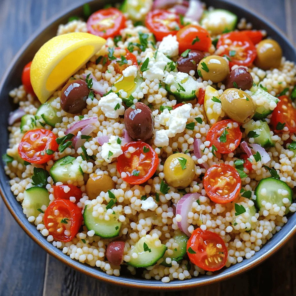 - 1 cup couscous - 1 1/4 cups vegetable broth - 1 cup cherry tomatoes, halved - 1 cucumber, diced - 1/2 red onion, finely chopped - 1/2 cup Kalamata olives, pitted and halved - 1/4 cup feta cheese, crumbled - 1/4 cup fresh parsley, chopped - 1/4 cup extra virgin olive oil - 2 tablespoons lemon juice - 1 teaspoon dried oregano - Salt and pepper to taste To make a great Mediterranean Couscous Salad, you need simple, fresh ingredients. Each one adds its flavor and texture. You start with couscous, a quick-cooking grain that acts as the base. I use vegetable broth to boost its taste. This adds depth to the dish. Next, I add bright cherry tomatoes. Their sweetness pairs well with the crunch of a diced cucumber. The red onion gives a little bite. Kalamata olives add a salty, briny flavor that sings of the Mediterranean. Feta cheese brings creaminess and tang. Fresh parsley adds a burst of color and freshness. Olive oil and lemon juice create a zesty dressing that ties everything together. I sprinkle dried oregano for an herbal touch. This salad is not just tasty; it is also healthy. Each ingredient brings its own nutrients to the table. I love how they work together for a fresh, colorful dish. You can find the full recipe [Full Recipe]. To start, grab a medium saucepan. Pour in 1 1/4 cups of vegetable broth. Heat it on high until it boils. This step is key for flavor. Once boiling, stir in 1 cup of couscous. Cover the pot and remove it from heat. Let it sit for about 5 minutes. This lets the couscous absorb all the broth. After 5 minutes, fluff it with a fork. Set it aside to cool while you prepare the other ingredients. Next, take a large mixing bowl. Combine 1 cup of halved cherry tomatoes, 1 diced cucumber, and 1/2 finely chopped red onion. Add in 1/2 cup of pitted and halved Kalamata olives. Crumble 1/4 cup of feta cheese and toss it in too. Now, gently fold in the cooled couscous with this fresh mix. Make sure everything is well combined but be careful not to mash the veggies. In a small bowl, whisk together 1/4 cup of extra virgin olive oil and 2 tablespoons of lemon juice. Add 1 teaspoon of dried oregano, along with salt and pepper to taste. This dressing adds flavor and ties everything together. Pour the dressing over your couscous salad. Toss gently to coat all the ingredients evenly. Finally, sprinkle 1/4 cup of chopped fresh parsley on top and give it one last gentle toss. Enjoy this fresh and vibrant dish! To ensure your couscous is fluffy, start with the right amount of broth. Use 1 1/4 cups of vegetable broth for every cup of couscous. Bring the broth to a boil, then quickly stir in the couscous. Cover the pot and remove it from heat. Let it sit for about five minutes. This method helps the couscous absorb all the liquid and stay light. Fluff it with a fork to separate the grains. When choosing herbs, fresh is best for flavor. Fresh parsley adds a bright taste. Dried oregano works too, but fresh herbs shine in this dish. If you use dried herbs, reduce the amount slightly. This helps keep the flavor balanced. For a stunning look, serve the salad in a large, colorful bowl. You can also use individual cups for each guest. This adds a fun touch. Garnish your salad with extra parsley on top for a fresh pop. A lemon wedge on the side gives a nice splash of color and flavor. To boost the flavor of your salad, consider adding spices. A pinch of cumin or smoked paprika can add warmth. Fresh herbs like basil or mint can also give it a new twist. Marinating the salad before serving enhances the taste. Let it sit in the fridge for at least an hour. This allows the flavors to mix and deepen. For the best results, try marinating overnight. This way, each bite bursts with flavor. For the full recipe, check out the detailed instructions provided earlier. {{image_2}} You can easily change this salad to fit your taste. Adding proteins like chickpeas or grilled chicken boosts the nutrition. Chickpeas add fiber, while chicken gives it a hearty feel. If you prefer a different cheese, try goat cheese instead of feta. Goat cheese adds a creamy tang that pairs well with the other flavors. Fresh, seasonal vegetables can change the game. For example, adding bell peppers gives a sweet crunch. You can also use local produce to make the salad more vibrant. Farmers' markets often have great options that inspire new flavors. You have choices when it comes to dressings. A balsamic vinaigrette can add depth and sweetness. You can also play with flavors. If you like it spicy, add red pepper flakes. For a tangy twist, a bit more lemon juice works well. Explore these options to find what you love best. For the full recipe, check [Full Recipe]. To store your Mediterranean couscous salad, keep it in an airtight container. This helps keep it fresh and safe. It stays good in the fridge for about 3 to 5 days. Make sure to check for any signs of spoilage before serving leftovers. If it looks or smells unusual, it's best to toss it. You can freeze couscous salad, but it's not the best option. Freezing may change the texture of the veggies. If you decide to freeze it, use a freezer-safe container. When you're ready to eat, thaw the salad in the fridge overnight. After thawing, freshen it up with a splash of olive oil or lemon juice. Meal prepping this salad is easy and fun! You can make it a day ahead. Store the dressing separately to keep everything crisp. When you're ready to eat, mix it all together. Use your favorite veggies and protein for customization. This way, you can enjoy fresh meals all week long! Couscous is a tiny pasta made from semolina wheat. It cooks quickly and has a light, fluffy texture. Often used in salads, couscous absorbs flavors well. You can find it in many stores, often near rice or pasta. It is a staple in North African cuisine. Yes, you can make this salad ahead of time. It tastes even better after sitting for a few hours. Store it in the fridge for up to three days. Just remember to keep the dressing separate if you want extra crunch. Mix it in just before you serve. To make this salad vegan, simply leave out the feta cheese. You can add extra veggies or use a vegan cheese if you like. Chickpeas can also add protein and texture. This change keeps the salad fresh and tasty without any animal products. Absolutely! You can use any olives you prefer. Green olives or even stuffed olives work well. Each type will change the flavor a bit. Just make sure to pit and slice them before adding to the salad. This salad pairs well with grilled vegetables or fish. It also goes great with hummus and pita bread. You can serve it as a side dish or a light main course. For a complete meal, add a protein like chicken or shrimp. This blog post shared a simple Mediterranean Couscous Salad recipe. You learned the key ingredients, like couscous and veggies, and how to prepare them. I discussed tips for flavor, presentation, and easy substitutions. Remember, you can customize this salad with different proteins or herbs to suit your taste. It’s nutritious and fun to make! Enjoy your culinary adventure and savor every bite of this vibrant dish.