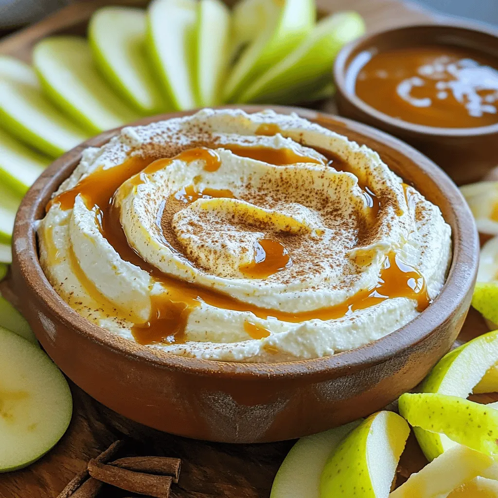 - 8 oz cream cheese, softened - 1 cup powdered sugar - 1 cup caramel sauce - 1 tsp vanilla extract - 1/2 tsp cinnamon The main ingredients create a creamy base. The cream cheese gives the dip its rich texture. Powdered sugar adds sweetness without graininess. The caramel sauce brings that classic flavor we love. Vanilla extract enhances the taste, while cinnamon offers a warm touch. - 1/2 cup chopped pecans or walnuts - Sliced apples for dipping Adding chopped nuts gives a nice crunch. They also boost the flavor profile. Sliced apples are perfect for dipping. They provide a fresh taste to balance the sweetness. - Granny Smith - Honeycrisp - Fuji Granny Smith apples are tart and crisp. They pair well with the sweet dip. Honeycrisp apples offer a juicy, sweet bite. Fuji apples are sweet and crunchy, making them great too. Choose any of these apples for the best experience. For the full recipe, check the section above. - Soften the cream cheese - Gather all ingredients To start, take your cream cheese out of the fridge. Let it sit at room temperature for about 30 minutes. This makes it easier to mix. While you wait, gather your ingredients. You will need: - 8 oz cream cheese, softened - 1 cup powdered sugar - 1 cup caramel sauce - 1 tsp vanilla extract - 1/2 teaspoon cinnamon - 1/2 cup chopped pecans or walnuts (optional) - Sliced apples for dipping - Beat cream cheese until smooth - Gradually incorporate powdered sugar Next, grab a medium mixing bowl. Use an electric mixer to beat the softened cream cheese. Mix it until it is smooth and creamy. This step is crucial for a nice texture. Slowly add in the powdered sugar. Keep mixing until it is fully combined. The mixture should be light and fluffy. - Add caramel sauce, vanilla, and cinnamon - Mix until creamy and smooth Now, it’s time for the fun part! Pour in the caramel sauce, vanilla extract, and cinnamon. Mix everything until it is creamy and smooth. If you want some crunch, fold in the chopped pecans or walnuts. This adds great texture. Finally, transfer your dip to a serving bowl. Drizzle some extra caramel sauce on top for a nice finish. Serve this dip with sliced apples for a delightful treat. For the full recipe, check out the details! Garnish your dip with extra caramel sauce. This adds sweetness and makes it look fancy. You can also use a variety of apple slices. Try Granny Smith, Honeycrisp, or Fuji apples. Different colors make the plate pop. If your dip is too runny, add more cream cheese. This will help it thicken up nicely. You can also use powdered sugar to adjust the thickness. If it is too thick, add a splash of milk. This will thin it out and make it smooth again. You can store the dip in the fridge. It will stay fresh for up to three days. Just cover it tightly with plastic wrap or a lid. To prepare in advance, mix all ingredients and store them. Then, add the apples and caramel when you’re ready to serve. For the full recipe, check out the earlier section. {{image_2}} You can spice up your caramel apple dip in fun ways. One great idea is adding chocolate chips. They bring a sweet, rich flavor that pairs well with the creamy dip. Just fold in about half a cup of mini chocolate chips after mixing the dip. Another tasty option is incorporating peanut butter. This gives a nutty twist to your dip. Use about a quarter cup of creamy peanut butter. Mix it in with the cream cheese for a smooth texture. This change makes the dip even more delicious and satisfying. You can also change how you serve the dip. Instead of just using it for apples, try it as a spread. It tastes great on toast or pancakes. Spread a generous layer on your favorite bread and enjoy a new snack. You can serve the dip with different fruits or snacks. Sliced pears, strawberries, or even pretzels work well. This adds variety and makes it fun for gatherings. Guests will love trying different combinations. If you're looking for healthier options, consider using low-fat cream cheese. It cuts calories without losing that creamy texture. You can find it at most grocery stores. Another option is sugar-free caramel sauce. This helps lower sugar content while keeping the dip sweet. Many brands offer tasty sugar-free alternatives. They work just as well in your recipe. Enjoy your caramel apple dip while keeping it light! For the full recipe, check out the Caramel Apple Delight Dip section. To keep your caramel apple dip fresh, use an airtight container. Glass or plastic containers work well. Make sure to seal it tightly after each use. This helps prevent air from getting in and keeps the dip creamy. You can store the dip in the fridge for easy access. You can warm up the caramel apple dip if you prefer it warm. To do this, use a microwave-safe bowl. Heat it in short bursts, about 10-15 seconds at a time. Stir in between to keep the texture smooth. Be careful not to overheat, as it can become too runny. This dip lasts up to five days in the fridge. Always check for signs of spoilage. If you see changes in smell or texture, it's best to throw it away. Keep your dip safe and tasty for all your gatherings! You can make quick caramel at home with just sugar and water. Heat 1 cup of sugar and 1/4 cup of water in a pot over medium heat. Stir until the sugar dissolves, then stop stirring. Let it simmer until it turns golden brown. Remove it from heat and slowly add 1/2 cup of heavy cream. Be careful, as it will bubble up. Stir until smooth and let it cool before using. Yes, you can use non-dairy cream cheese in this recipe. Brands like Tofutti or Kite Hill work well. Just make sure to check the texture. If it seems too thick, you might need to add a bit of milk or a plant-based milk alternative. This will help keep the dip creamy. You can serve many fruits and treats with caramel apple dip. Try these options: - Sliced pears - Bananas - Strawberries - Pretzels - Graham crackers These add fun textures and tastes to your dip experience. This blog post covered how to make a tasty caramel apple dip. We talked about the main and optional ingredients, like cream cheese and chopped nuts. You learned the step-by-step process for mixing it all together. Tips for serving and storing were shared to keep your dip fresh. Finally, we explored fun variations and answered common questions. Enjoy making this dip and experimenting with flavors. It’s simple, fun, and perfect for gatherings!