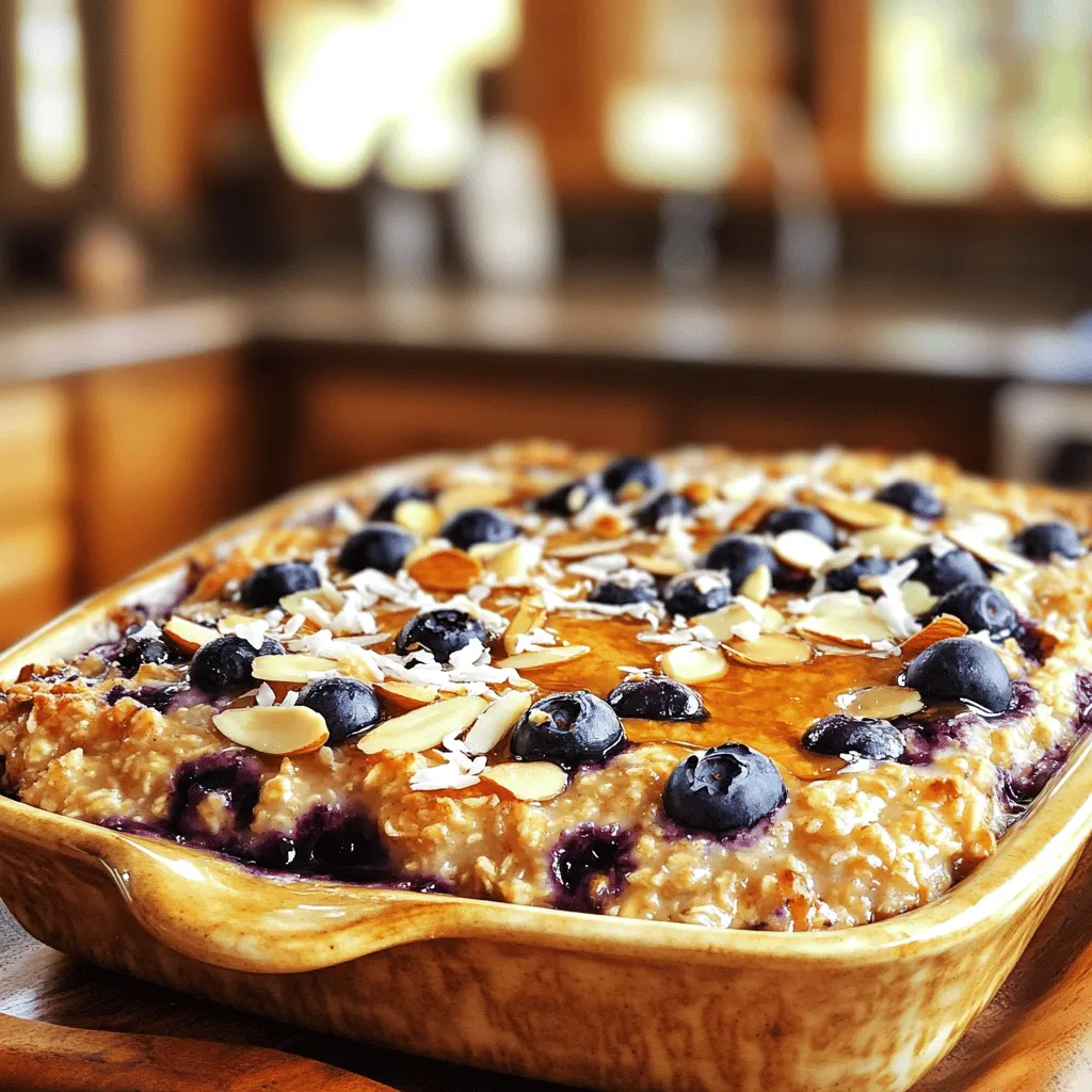 When making Blueberry Oatmeal Bake, you need these simple ingredients: - 2 cups rolled oats - 2 cups almond milk (or any milk of choice) - 1 cup fresh or frozen blueberries - 1/2 cup honey or maple syrup - 1/4 cup almond butter (or peanut butter) - 2 large eggs - 1 teaspoon vanilla extract - 1 teaspoon baking powder - 1/2 teaspoon cinnamon - 1/4 teaspoon salt - Optional toppings: sliced almonds, shredded coconut, or additional blueberries These ingredients mix together to make a warm and tasty dish. I love how the oats give you energy, while the blueberries add sweetness. Using almond milk keeps it light and fluffy. You can also choose other types of milk if you prefer. Honey or maple syrup adds a nice touch of sweetness. The almond butter or peanut butter gives creaminess and flavor. Eggs bind everything together, making it a solid bake. Vanilla extract brings a lovely aroma, while baking powder helps it rise. Cinnamon and salt enhance all the flavors. You can add toppings like sliced almonds or coconut to make it even better. This recipe is not only healthy but also fun to make. For the full recipe, check out the detailed steps to create this delightful breakfast. - Preheat your oven to 350°F (175°C). Grease a 9x9-inch baking dish. - In a large bowl, mix 2 cups of rolled oats with 1 teaspoon of baking powder. - In another bowl, whisk together 2 cups of almond milk, 1/2 cup of honey, 1/4 cup of almond butter, 2 eggs, and 1 teaspoon of vanilla until smooth. - Pour the wet mixture into the dry oats. Stir until just combined. - Gently fold in 1 cup of blueberries. Be careful not to crush them. - Transfer the mixture into the greased baking dish and spread it evenly. - Bake for 30-35 minutes or until the top is golden brown. - Check doneness with a toothpick. It should come out clean. - Let it cool for a few minutes before slicing into squares. This recipe is a great way to start your day with energy. For the full recipe, check out the earlier sections. To get the best texture, use rolled oats. They absorb liquid well and give a nice chew. If you want a creamier bake, add a bit more almond milk. Adjust sweetness to taste by adding more honey or maple syrup. Start with half a cup and add more if you like it sweeter. You can use fresh or frozen blueberries. Fresh berries burst with flavor, while frozen ones make it easy to enjoy this dish year-round. If using frozen blueberries, add them directly from the freezer. This keeps the batter from turning blue. Toppings can take your Blueberry Oatmeal Bake to the next level. Try adding sliced almonds for crunch. Shredded coconut adds a tropical twist. If you want something creamy, serve it with yogurt or nut butter. It tastes great warm, but you can also chill it. Chilled oatmeal bake can be a refreshing treat. One common mistake is overmixing the batter. Stir just until combined. Overmixing can make the texture tough. Another mistake is not greasing the baking dish. This can make it hard to serve. Lastly, keep an eye on baking time. Ovens vary, so check for a golden top and use a toothpick to test doneness. {{image_2}} You can make this dish fit your needs easily. Here are some ways to switch things up: - Dairy-free alternatives: Use almond milk, coconut milk, or oat milk instead of regular milk. - Sweetener options: Swap honey for agave syrup or use stevia for a low-calorie choice. - Nut butter variations: Try peanut butter or cashew butter if almond butter isn't your thing. Adding new flavors can make this bake even better. Consider these ideas: - Incorporating additional fruits: Toss in sliced bananas, strawberries, or raspberries for extra yum. - Adding nuts or seeds: Mix in walnuts, pecans, or chia seeds for a crunchy texture. - Using spices for extra flavor: Add nutmeg, ginger, or cardamom to spice up your bake. You can adjust this recipe for different diets. Here’s how: - Vegan adaptations: Replace eggs with flaxseed meal mixed with water for binding. - Gluten-free options: Choose gluten-free oats to keep it safe for gluten-free eaters. - Low-sugar alternatives: Use unsweetened applesauce or mashed bananas to reduce sugar. For the full recipe, check out the Blueberry Oatmeal Bake section. To keep your Blueberry Oatmeal Bake fresh, you can refrigerate it. Place the baked oatmeal in an airtight container. This keeps it moist and tasty. You can store it for up to five days in the fridge. If you want to save some for later, freezing is a great option. Cut the oatmeal into individual portions. Wrap each piece in plastic wrap and then place them in a freezer bag. This way, you can easily grab a portion whenever you want. When it’s time to enjoy your Blueberry Oatmeal Bake again, you can reheat it in the oven. Preheat your oven to 350°F (175°C). Place the portion on a baking sheet and heat for about 10-15 minutes. This method keeps the bake soft and brings back its great flavor. If you’re in a hurry, use the microwave. Place a portion on a microwave-safe plate. Heat it for about 30-60 seconds, depending on your microwave. Just be careful not to overheat it, or it could dry out. In the fridge, Blueberry Oatmeal Bake lasts about five days. If you freeze it, it can stay good for up to three months. Check for signs that it has gone bad. If you see mold or smell something off, it’s best to throw it away. Always trust your senses. Enjoy your delicious breakfast with confidence! Yes, you can make Blueberry Oatmeal Bake ahead of time. Prepare it the night before and store it in the fridge. Just bake it in the morning for a fresh breakfast. This makes mornings easier and gives you more time to enjoy your meal. You can substitute rolled oats with quick oats, but the texture will change. Quick oats will make the bake softer and less chewy. If you want a gluten-free option, use certified gluten-free oats. They work well and keep the same great taste. Yes, you can use frozen blueberries without thawing them. They will release some juice while baking, making the dish even more delicious. Just fold them in gently to avoid crushing them. This keeps the texture intact and brightens the flavor. Serve Blueberry Oatmeal Bake warm for the best taste. Top it with sliced almonds, shredded coconut, or extra blueberries for added crunch and flavor. A dollop of yogurt or a drizzle of honey also makes it special. Enjoy it as a wholesome breakfast or snack! This recipe yields about 6 to 8 servings. It’s perfect for family breakfasts or meal prep for the week. You can easily adjust the recipe if you need more or fewer servings. Just remember to bake it in a larger or smaller dish. For the complete recipe, check the Full Recipe section. This blog post shared a tasty Blueberry Oatmeal Bake recipe. We covered ingredients, step-by-step instructions, tips, variations, and storage info. You can easily make this dish your own. Experiment with flavors and toppings to match your taste. Enjoy it warm or chilled. Making this bake ahead of time will save you hassle and time. With a few simple steps, you create a delicious breakfast or snack that’s sure to please.