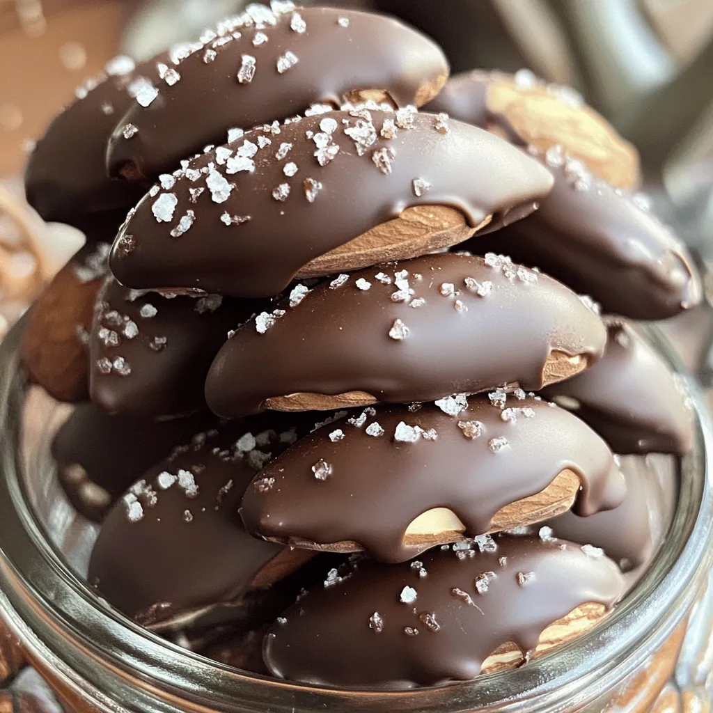 To make chocolate-dipped almonds, you need just a few simple items. Here’s what you will need: - 1 cup raw almonds - 1 cup dark chocolate chips (70% cocoa or higher) - 1 tablespoon coconut oil (optional, for smoothness) - Sea salt, for sprinkling - ½ teaspoon vanilla extract (optional) Each ingredient plays a key role in the taste and texture of your treat. The almonds give a nice crunch and a nutty flavor. Dark chocolate chips add a rich taste and sweetness. The coconut oil helps the chocolate melt smoothly, making it easier to dip. A sprinkle of sea salt on top balances the sweetness. Adding vanilla extract enhances the flavor, but it’s optional. These ingredients are easy to find at most grocery stores. You can use other nuts, but almonds give the best flavor. Make sure you have all the ingredients ready before you start. This way, you can enjoy the process and create a delightful treat! For the full recipe, check out the detailed instructions later in the article. Making chocolate-dipped almonds is fun and easy. You will toast the almonds first. Next, you melt the chocolate. Then, dip the almonds, sprinkle them with sea salt, and chill. Finally, store or serve your tasty treat. - Preheat the Oven: Set your oven to 350°F (175°C). Spread the raw almonds on a baking sheet. Toast them for 10-12 minutes, until they smell great and look slightly golden. Keep an eye on them to avoid burning. - Melt the Chocolate: In a microwave-safe bowl, mix the dark chocolate chips and coconut oil (if you want). Microwave in 30-second bursts. Stir after each burst until the chocolate is smooth and fully melted. For more flavor, add vanilla extract now. - Dip the Almonds: Take the almonds from the oven and let them cool a bit. Once cool, dip each almond into the melted chocolate using a fork. Make sure each almond is fully coated. - Set on a Baking Sheet: Place the dipped almonds on a parchment-lined baking sheet. Keep them evenly spaced and do not let them touch each other. - Add Sea Salt: While the chocolate is still wet, sprinkle a little sea salt on each almond. This gives a nice sweet and salty taste. - Chill to Hardening: Put the baking sheet in the fridge for about 30 minutes. This helps the chocolate harden completely. - Store or Serve: After they set, move the chocolate-dipped almonds to an airtight container. You can eat them right away or store them for up to two weeks. These steps will lead you to a delicious snack. For a full recipe, check out the complete guide! Ensuring a Smooth Finish To get a nice, smooth finish, use good chocolate. I recommend dark chocolate with at least 70% cocoa. Adding a bit of coconut oil helps too. This makes the chocolate silky and easy to work with. Tips for Even Coating When you dip the almonds, make sure to shake off extra chocolate. This keeps the coating even. Use a fork to help lift the almonds from the chocolate. If you dip them quickly, you get a better coat. Arranging for Serving Arrange the chocolate-dipped almonds on a decorative platter. You can also use a jar to show off your treat. Make sure they are spaced out. This keeps them from sticking together. Creative Serving Ideas For fun, serve them in small cupcake liners. You could also add sprinkles or sea salt on top for flair. People love a little extra touch on their treats. Try using different colors for the liners to match your theme. {{image_2}} You can use many types of chocolate for your almonds. Each type gives a unique taste. - Milk Chocolate: This choice is creamy and sweet. It will make your almonds taste like candy. - Dark Chocolate: I love using dark chocolate with 70% cocoa or more. It adds richness and a slight bitterness that pairs well with the almonds. - White Chocolate: If you want something sweeter, try white chocolate. It’s not real chocolate, but it tastes delightful on almonds. You can make your chocolate-dipped almonds even more special with flavors and mix-ins. - Infusing with Extracts: Adding a splash of vanilla or almond extract can enhance the flavor. Just mix it in when you melt the chocolate. - Adding Other Toppings: Think about using toppings like crushed cookies or sprinkles. You can even drizzle more chocolate on top for a fun look. These variations will keep your chocolate-dipped almonds exciting and delicious. Check out the Full Recipe to get started! To keep your chocolate-dipped almonds fresh, store them in an airtight container. This helps prevent moisture from ruining the chocolate. You can use glass jars or plastic containers, but make sure they seal well. Place parchment paper between layers if you stack them. These tasty treats can last up to two weeks when stored properly. For the best taste and texture, enjoy them within five days. Keep them in a cool, dry place away from sunlight. Avoid storing them in the fridge, as cold air can cause the chocolate to sweat. If your chocolate-dipped almonds lose their shine, you can revive them. Simply re-melt a small amount of chocolate and dip them again. Let them cool on a baking sheet lined with parchment paper. This will help restore their beautiful look and taste. To make chocolate-dipped almonds, follow these steps: - Preheat your oven to 350°F (175°C). - Spread raw almonds on a baking sheet. - Toast in the oven for 10-12 minutes until fragrant. - In a bowl, melt dark chocolate chips with coconut oil in the microwave. - Dip each almond in the melted chocolate using a fork. - Place on a parchment-lined baking sheet. - Sprinkle sea salt over the wet chocolate. - Refrigerate for about 30 minutes to let the chocolate harden. You can find the full recipe above for detailed steps. Yes, you can use different nuts! Cashews, pecans, or walnuts work well. Each nut offers a unique flavor. Just remember to toast them like almonds. This step enhances their taste before dipping in chocolate. Chocolate-dipped almonds are both tasty and nutritious. Almonds are high in healthy fats, protein, and fiber. Dark chocolate adds antioxidants and can boost heart health. A small serving can be a good snack option. You can find chocolate-dipped almonds at many grocery stores. Look in the snack aisle or near the nuts section. You can also check online retailers or specialty shops for gourmet options. Yes, you can freeze chocolate-dipped almonds. Place them in an airtight container. They can last up to three months in the freezer. Just let them thaw at room temperature before enjoying. Making chocolate-dipped almonds is simple and fun. You now know the key ingredients, step-by-step directions, and storage tips. Explore variations for more flavor and enjoy sharing these treats. Remember, using different chocolates or nuts can change up the taste. With a few tips, you can create a smooth finish and a stunning display. Whether for yourself or a gift, these almonds are a great choice. Dive in and start making your tasty snacks today!