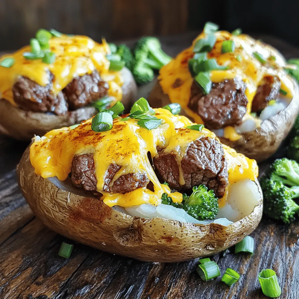 To make the loaded baked potato with steak bites, gather these key items: - 4 medium Russet potatoes - 1 lb sirloin steak, cut into bite-sized pieces - 1 tablespoon olive oil - Salt and pepper to taste - 1 teaspoon garlic powder - 1 teaspoon smoked paprika - ½ cup sour cream - 1 cup shredded cheddar cheese - ½ cup green onions, chopped These ingredients create a flavorful base for your dish. The Russet potatoes hold up well and are fluffy inside. Sirloin steak brings rich taste, while the spices add depth. You may want to add more flair to your dish with these tasty options: - ½ cup cooked crispy bacon bits - ½ cup broccoli florets, steamed Bacon adds crunch and saltiness. Broccoli offers a healthy twist and a pop of color. Feel free to mix and match toppings to suit your taste! If you have dietary needs, consider these swaps: - Use sweet potatoes instead of Russet potatoes for a sweeter flavor. - Substitute chicken or tofu for steak to make it vegetarian. - Try Greek yogurt instead of sour cream for a lighter option. These substitutes help you enjoy the dish while sticking to your diet. Always remember to adjust cooking times based on the ingredients you choose. For the full recipe, check out the complete guide! Start by washing the Russet potatoes. Use cold water to scrub them clean. Next, poke holes in each potato with a fork. This step helps the steam escape while baking. After that, rub a little olive oil on each potato. Sprinkle some salt over them for flavor. Place the potatoes directly on the oven rack. Bake them at 425°F (220°C) for 45 to 60 minutes. They are done when a fork goes through easily. While the potatoes bake, heat a skillet on medium-high. Add a tablespoon of olive oil to the pan. Season the sirloin steak pieces with salt, pepper, garlic powder, and smoked paprika. This mix adds great flavor. Once the skillet is hot, add the steak bites. Cook them for about 5 to 7 minutes. Stir occasionally until they are cooked to your liking. After cooking, remove them from the heat and set aside. When the potatoes are ready, take them out of the oven. Let them cool for a few minutes first. Cut a slit lengthwise in each potato. Use a fork to fluff the insides gently. Next, add a dollop of sour cream into each potato. Then, pile on the cooked steak bites. Sprinkle shredded cheddar cheese on top, followed by chopped green onions. If you like, add crispy bacon bits and steamed broccoli for extra flavor. Place the loaded potatoes back in the oven for 5 to 7 minutes. This step melts the cheese and warms everything through. Enjoy your delicious dish! To bake the best potatoes, start with good Russet potatoes. They have thick skin and fluffy flesh. Wash each potato well and poke holes with a fork. This step prevents them from bursting in the oven. Rub the skins with olive oil for a crispy texture. Sprinkle salt on top to enhance the flavor. Bake them at 425°F for 45 to 60 minutes. You want them soft when pierced with a fork. Seasoning is key for tasty steak bites. I use salt and pepper as a base. Garlic powder adds a nice kick, while smoked paprika gives a deep flavor. Coat the steak pieces well and let them sit for a few minutes. This helps the spices stick. When cooking, focus on high heat. This method gives the steak a nice sear and keeps it juicy. Cook for about 5 to 7 minutes for the best texture. Presentation makes your dish shine. Serve the loaded potatoes on a big platter. Cut them open but don’t slice all the way through. This keeps the toppings from falling out. For a pop of color, add a dollop of sour cream on top. A sprinkle of fresh herbs or green onions adds brightness. Consider pairing each potato with a side of steamed broccoli for a healthy touch. This adds both color and nutrition. {{image_2}} You can easily swap the steak for tasty veggies. Try using black beans, corn, or sautéed mushrooms. These add great flavor and texture. Mix in some diced bell peppers or spinach for color and nutrients. Top them with cheese or plant-based alternatives. Sour cream can also be replaced with a creamy avocado spread. This makes a yummy vegetarian option that's just as filling. If you like heat, add jalapeños to your loaded potatoes. You can use fresh or pickled jalapeños for a kick. Just chop them up and sprinkle them on top. For more spice, mix in some hot sauce or cayenne pepper when cooking the steak. This adds a fun and fiery flavor to your dish. It’s perfect for spice lovers! Not in the mood for steak? You can use chicken or tofu instead. For chicken, grill or sauté bite-sized pieces until cooked through. For tofu, press and cube it, then sauté until crispy. Season them like the steak for the best taste. Both options are great for different diets and still taste amazing. This way, everyone can enjoy a loaded baked potato. Check out the Full Recipe for all cooking details! To keep your loaded baked potato with steak bites fresh, let it cool first. Place leftovers in an airtight container. Store them in the fridge for up to three days. If you have extras, try to separate the steak from the potato. This helps keep them fresh longer. When it's time to enjoy those leftovers, reheat them in the oven for best taste. Preheat your oven to 350°F (175°C). Place the potato on a baking sheet. Heat for about 15-20 minutes, or until warm. If you prefer the microwave, use a microwave-safe plate. Heat in short bursts, checking every minute until warm. If you want to save your loaded baked potatoes for later, you can freeze them! Wrap each potato in plastic wrap. Then, place them in a freezer bag. They can last up to three months. When you’re ready to eat, thaw them in the fridge overnight. Reheat using the oven or microwave. This way, you can enjoy a gourmet meal anytime! For the full recipe, check back with the earlier sections. Bake medium Russet potatoes for 45-60 minutes at 425°F. Check them with a fork. They should feel soft inside. For the best results, choose potatoes of the same size. This ensures they cook evenly. Lastly, don’t forget to pierce the skin. This helps steam escape. Many sides work well with loaded baked potatoes. Here are some great ideas: - Fresh salad with greens - Steamed vegetables like broccoli or green beans - Garlic bread for extra flavor - Grilled corn on the cob These sides can balance the rich flavors of the potatoes. They add freshness and crunch to your meal. Yes, you can prepare parts of this recipe ahead. Bake the potatoes and store them in the fridge. You can also cook the steak bites in advance. Store them in an airtight container. When ready to serve, just reheat everything. This makes it easy to enjoy a delicious meal without the fuss. For the full recipe, check out the instructions above. This blog post covered how to make loaded baked potatoes from start to finish. We explored essential ingredients, step-by-step cooking, and tasty variations. You learned tips to make your dish perfect and how to store leftovers. Now, enjoy crafting your own loaded potatoes. Experiment with flavors and toppings. You’ll impress anyone who tries them!