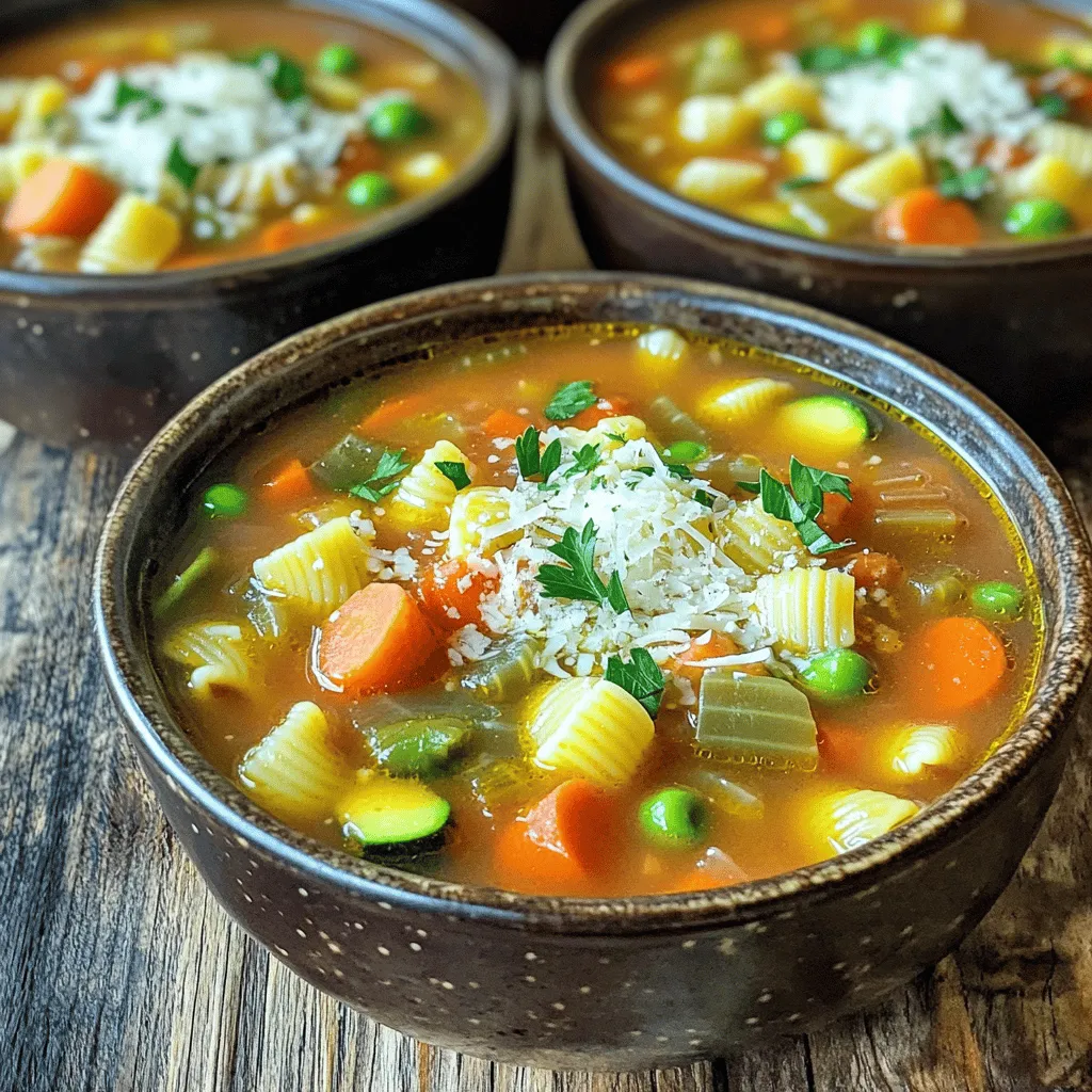 To make a great minestrone soup, start with these key ingredients: - 1 tablespoon olive oil - 1 medium onion, diced - 2 cloves garlic, minced - 2 carrots, diced - 2 celery stalks, diced - 1 zucchini, diced - 1 cup green beans, trimmed and cut into 1-inch pieces - 1 can (15 oz) diced tomatoes, with juices - 4 cups vegetable broth - 1 can (15 oz) navy beans, drained and rinsed - 1 cup small pasta (like ditalini or elbow) - 1 teaspoon dried oregano - 1 teaspoon dried basil - Salt and pepper to taste - 2 cups fresh spinach or kale, roughly chopped These ingredients make a hearty and healthy soup. Each one adds a unique flavor or texture. For a richer taste, consider adding these optional ingredients: - Grated Parmesan cheese (optional, for serving) - Chopped fresh parsley (for garnish) - A pinch of red pepper flakes for heat - A splash of lemon juice for brightness These extras can elevate your soup. They add more depth and a pop of color. If you don't have something on hand, don't worry! Here are some easy swaps: - Use any beans you have, like cannellini or black beans, instead of navy beans. - Swap zucchini for yellow squash or bell peppers. - If you lack pasta, try adding rice or quinoa instead. - Use chicken broth if you want a meatier taste. These substitutions keep your minestrone tasty and fresh. You can adjust the recipe based on what you have. For the full recipe, check out the Minestrone Melody section. Start by heating 1 tablespoon of olive oil in a large pot over medium heat. Once the oil is warm, add 1 medium onion, diced. Sauté the onion until it turns clear, about 5 minutes. This step adds sweetness to your soup. After that, stir in 2 cloves of minced garlic. Cook for another minute to release its aroma. Next, add 2 diced carrots and 2 diced celery stalks. Cook these for 5 minutes. They will soften and add a nice crunch. Now it’s time to add more veggies. Toss in 1 diced zucchini and 1 cup of green beans, trimmed and cut into 1-inch pieces. Sauté these for about 4 minutes. This helps to build a solid flavor base. Then, pour in 1 can of diced tomatoes with juices and 4 cups of vegetable broth. Bring the mixture to a boil. This will enhance the soup’s richness. Once it boils, reduce the heat to a simmer. Add 1 can of navy beans, drained and rinsed, along with 1 cup of small pasta like ditalini. Sprinkle in 1 teaspoon of dried oregano and 1 teaspoon of dried basil. Season with salt and pepper to taste. This mix of herbs makes your soup fragrant and delicious. Let the soup simmer for about 10-12 minutes. You want the pasta to cook until it is al dente. After that, stir in 2 cups of fresh spinach or kale. Cook for another 2-3 minutes until the greens wilt. Check the taste and adjust seasoning if needed. Now, you’re ready to serve! Ladle the soup into deep bowls. If you want, sprinkle grated Parmesan cheese on top. A little chopped fresh parsley makes a lovely garnish. Enjoy a warm, hearty bowl of minestrone, full of veggies and wholesome flavors! For the full recipe, see the section above. To get the best flavor in your minestrone soup, use fresh vegetables. Fresh veggies add bright tastes and great texture. Always chop your veggies evenly. This helps them cook at the same time. Sautéing the onions and garlic first builds a strong base. Add herbs like oregano and basil early. This lets their flavors bloom. Don't forget to season with salt and pepper. Taste as you go! If you're short on time, try these tips. Prep your veggies ahead of time. Chop them the night before and store them in the fridge. Use canned beans and diced tomatoes. They save time and still have great taste. You can also use store-bought vegetable broth. If you like pasta, choose smaller shapes like ditalini. They cook fast and fit nicely in each bowl. Many people make simple mistakes when making minestrone soup. One common mistake is overcooking the pasta. This can make it mushy. Cook the pasta just until it’s al dente. Another mistake is skipping the seasoning. Always taste your soup before serving. Lastly, avoid cooking all the greens for too long. Add fresh spinach or kale near the end. This keeps their bright color and crispness. For more tips and the full recipe, check out the complete guide! {{image_2}} Minestrone soup is naturally great for vegetarians and vegans. You can keep the classic taste without meat. Use vegetable broth instead of chicken broth. For protein, the navy beans work well. They add texture and flavor. You can swap the Parmesan cheese for a vegan alternative if you like. Nutritional yeast is a tasty option to mimic that cheesy flavor. To make minestrone gluten-free, choose the right pasta. Look for gluten-free pasta brands. They come in many shapes and sizes. You can also skip the pasta and add more beans or veggies. Quinoa is a wonderful grain choice too. Just cook it separately and add it in at the end. This keeps the soup thick and hearty. Want to spice up your minestrone? Try adding different herbs and spices. A pinch of red pepper flakes adds heat. Fresh herbs like basil or thyme give a great aroma. You can also toss in some diced bell peppers or corn. For a twist, add a splash of lemon juice before serving. This brightens the flavors and adds a nice zing. Explore these ideas to make your soup even better. Check out the Full Recipe for more inspiration. To store leftover minestrone soup, let it cool first. Once cool, pour it into a bowl or container. Make sure to cover it tightly with a lid or plastic wrap. This way, it stays fresh in the fridge. You can keep it for up to three days. If you want to enjoy it later, freezing is a great option. When freezing minestrone soup, use an airtight container or freezer bag. Label it with the date for easy tracking. The soup can last for up to three months in the freezer. When you're ready to eat, thaw it in the fridge overnight. To reheat, pour the soup into a pot and warm it on low heat. Stir often to prevent sticking. Meal prep with minestrone soup is easy and fun. You can make a big batch on the weekend. Store it in single-serving containers. This way, you have quick meals ready for busy days. You can also customize the soup for your taste. Add or remove veggies based on what you like. This keeps it fresh and exciting! For the full recipe, check out the Minestrone Melody. Minestrone soup comes from Italy. It has a long history. The word "minestrone" means "big soup." People made it to use up leftover veggies. Each region in Italy has its own twist. Chefs add seasonal ingredients to make it unique. This soup is hearty and full of flavor. It reflects the Italian love for fresh produce. Yes, you can make minestrone in a slow cooker! Start by sautéing the onion and garlic. Then, add all the chopped veggies and beans. Pour in the broth and diced tomatoes. Set the slow cooker on low for 6 to 8 hours. This method lets the flavors blend nicely. Just add the pasta in the last 30 minutes to keep it firm. To make minestrone soup healthier, use low-sodium broth. You can also add more veggies. Spinach, kale, or even broccoli work well. Swap out pasta for whole grains, like quinoa or farro. This boosts fiber and nutrients. You can also reduce the amount of oil used. Enjoy a warm bowl of minestrone that’s both tasty and good for you. For the full recipe, check out Minestrone Melody. Minestrone soup is a blend of essential and optional ingredients that create rich flavors. I shared step-by-step instructions to cook it just right. You learned tips to enhance taste and save time. I offered variations for every diet and detailed how to store leftovers. My final thought: Minestrone soup is versatile and easy. It warms your soul and suits any occasion. Enjoy experimenting with your own special twist!