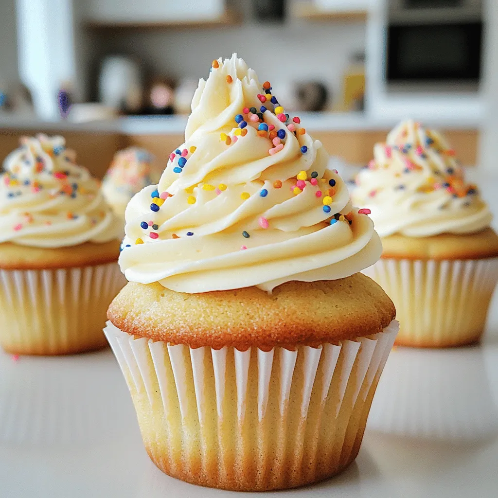 To make the best birthday cake cupcakes, you need the right ingredients. Here’s what you will need: - 1 and 1/2 cups all-purpose flour - 1 cup granulated sugar - 1/2 cup unsalted butter, softened - 2 large eggs - 1/2 cup whole milk - 1 teaspoon vanilla extract - 1 and 1/2 teaspoons baking powder - 1/4 teaspoon salt - 1/2 cup colorful sprinkles (plus extra for topping) - 1 cup frosting (store-bought or homemade, vanilla flavor works best) Each ingredient plays a key role. The flour gives structure. The sugar adds sweetness. Butter brings richness and moisture. Eggs help bind everything together. Whole milk makes the cupcakes tender. Vanilla brings a lovely aroma. Baking powder helps them rise, while salt enhances the flavors. Sprinkles are the fun part! They add color and excitement. You can use any colors you like. I recommend topping the frosted cupcakes with extra sprinkles for that festive look. For the frosting, vanilla is classic, but feel free to experiment with flavors. You can find the full recipe in the article to help you mix these ingredients perfectly. Happy baking! - Preheat your oven to 350°F (175°C). - Line a cupcake tray with paper liners. First, let’s get your oven ready. Preheating your oven is key. It ensures that your cupcakes bake evenly. While the oven heats, line your cupcake tray with paper liners. This step makes it easy to remove the cupcakes later. - Cream together butter and sugar. - Add eggs and vanilla extract. - Combine dry ingredients separately and mix. Now, let’s make the batter. In a large bowl, cream together the softened butter and granulated sugar. Mix until it looks light and fluffy. This step adds air, which makes your cupcakes soft. Next, add the eggs one at a time. Mix well after each egg. Don’t forget to stir in the vanilla extract for extra flavor. In a separate bowl, whisk the flour, baking powder, and salt. This keeps your dry ingredients even. Now, add the dry mix to the butter mix. Alternate this with the whole milk. Mix until it just comes together. We don’t want to overmix, or the cupcakes will be tough. - Fold in sprinkles and fill liners. - Bake and cool cupcakes. Now comes the fun part! Gently fold in the colorful sprinkles. This adds a festive touch. Using a spoon or an ice cream scoop, fill each cupcake liner about two-thirds full with batter. Place the tray in the oven and bake for 18-20 minutes. Check if they are done by inserting a toothpick in the center. If it comes out clean, they are ready! Let them cool in the pan for five minutes. Then, transfer them to a wire rack to cool completely. Once cool, you can frost them and add extra sprinkles for a fun finish. This step makes your birthday cake cupcakes shine! Want the full recipe? Check the link! To get soft and fluffy cupcakes, avoid overmixing the batter. Mix just until the dry ingredients blend with the wet. If you mix too much, your cupcakes may turn out dense. Ensure your oven is at the right temperature. An oven thermometer helps check this. If the heat is too high, your cupcakes may bake too fast and burn. If it’s too low, they might not rise properly. Vanilla frosting pairs well with these cupcakes. It adds a sweet touch without overpowering the cake. You can also try chocolate frosting for a richer flavor. Sprinkles are the star of the show! Use colorful sprinkles on top for a festive look. You can also mix in unique toppings like crushed cookies or mini candies to add texture and fun. To present your cupcakes nicely, use a bright and fun cupcake stand. This can make your dessert the highlight of any table. Consider themed decorations for birthdays. You can use cupcake toppers that match the party theme. Simple touches like colorful liners or themed plates can make a big difference. {{image_2}} You can have fun with flavor in your birthday cake cupcakes. - Chocolate birthday cake cupcakes are a big hit. Just swap half the flour for cocoa powder. This gives a rich, chocolatey taste that everyone loves. - Funfetti or rainbow sprinkles add a playful twist. Mix in the sprinkles after you prepare the batter. They bring color and joy to each bite. You can easily adjust this recipe for different diets. - For gluten-free alternatives, use a gluten-free all-purpose flour blend. This keeps the cupcakes soft and delicious. - If you want vegan cupcake options, replace eggs with flax eggs. You can use almond milk instead of whole milk. This way, everyone can enjoy these treats. Frosting can change the whole cupcake experience. - Cream cheese frosting is a favorite. Its tangy flavor pairs well with the sweet cake. You can make it with cream cheese, sugar, and vanilla. - Try whipped cream or ganache alternatives for a lighter feel. Whipped cream adds airiness while ganache gives a rich chocolate flavor. Each option enhances the cupcake in a unique way. You can find the full recipe to make these delicious cupcakes. Happy baking! To keep your birthday cake cupcakes fresh, use these simple tips: - Airtight containers: Store your cupcakes in airtight containers. This keeps them moist and delicious. - Covering with plastic wrap: If you don’t have a container, cover them with plastic wrap. This helps keep air out. - Cool completely: Make sure your cupcakes are cool before storing. This prevents sogginess. Want to save some cupcakes for later? Freezing them is easy! - How to freeze baked cupcakes: Place cooled cupcakes in a single layer on a baking sheet. Freeze for about an hour. Once frozen, transfer them to a freezer bag or container. - Thawing tips for best taste: When ready to eat, take them out and let them sit at room temperature for about 30 minutes. This helps restore their soft texture. How long do birthday cake cupcakes last? Birthday cake cupcakes stay fresh for about three to four days at room temperature. Keep them in an airtight container to keep them moist. If you want to save them longer, put them in the fridge for up to a week. Can I make the batter ahead of time? Yes, you can make the batter ahead. Store it in the fridge for up to 24 hours. Just remember to stir it gently before filling your cupcake liners. What to do if cupcakes sink in the middle? If your cupcakes sink, it may mean they had too much air or were underbaked. Always check your oven's temperature with a thermometer. Bake a little longer if needed, or mix the batter less next time. Why are my cupcakes dry or dense? Dry or dense cupcakes can happen if you overmix the batter or use too much flour. Make sure you measure your flour correctly. Use a spoon to scoop it into your measuring cup, then level it off. Can I use different types of sprinkles? Absolutely! You can use any type of sprinkles you like. Try themed ones for parties or even chocolate sprinkles for a twist. The fun colors will add to the look and taste! How can I make these cupcakes ahead for a party? Make the cupcakes a day or two ahead. Frost them the day of the party for the best taste. You could also freeze the unfrosted cupcakes for up to three months. Just thaw them overnight in the fridge before serving. For more details, check the Full Recipe. Now you know how to make birthday cake cupcakes. We discussed essential ingredients, step-by-step instructions, and storage tips. I shared flavor variations and fun decorating ideas to make your cupcakes shine. Remember, a few small changes can make a big difference. Whether it's adding sprinkles or using different frosting, you can create a unique treat. Get ready to impress with your baking skills. Happy baking!