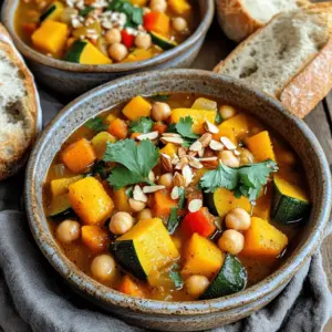 - 1 tablespoon olive oil - 1 large onion, diced - 3 cloves garlic, minced - 1-inch fresh ginger, grated - 2 carrots, diced - 1 zucchini, diced - 1 red bell pepper, diced - 1 can (14 oz) chickpeas, drained and rinsed - 1 can (14 oz) diced tomatoes - 2 cups vegetable broth - 1 cup butternut squash, peeled and cubed - 1/2 cup dried apricots, chopped - 1/2 cup raisins - 2 teaspoons ground cumin - 2 teaspoons ground coriander - 1 teaspoon ground cinnamon - 1 teaspoon smoked paprika - 1/2 teaspoon cayenne pepper (adjust to taste) - Salt and pepper to taste - Fresh cilantro for garnish For this vegan Moroccan stew, you can swap some ingredients. Use any oil if you don’t have olive oil. Sweet potatoes can replace butternut squash. You can also use lentils instead of chickpeas for a different texture. If you want less sweet, skip the dried apricots. Fresh herbs like parsley can replace cilantro. This stew is packed with nutrients. One serving contains about 350 calories. It has 14 grams of protein and 12 grams of fiber. The stew is low in fat and full of vitamins from the veggies. It offers a good dose of iron and potassium, which are essential for health. Enjoy this stew knowing it fuels your body well. For the complete recipe, check out the Full Recipe. To make Vegan Moroccan Stew, start by heating olive oil in a large pot over medium heat. Once hot, add the diced onion. Sauté the onion for 5-7 minutes until it turns translucent. Next, stir in the minced garlic and grated ginger. Cook these for 1-2 minutes until they smell great. Now, add the diced carrots, zucchini, and red bell pepper to the pot. Cook these veggies for another 5-7 minutes. Stir occasionally to ensure even cooking. Then, mix in the chickpeas, diced tomatoes, vegetable broth, butternut squash, chopped apricots, and raisins. Sprinkle the spices into the pot: ground cumin, coriander, cinnamon, smoked paprika, cayenne pepper, salt, and black pepper. Stir everything well to combine. Bring the mixture to a boil. After boiling, lower the heat and cover the pot. Let it simmer for 25-30 minutes. You want the butternut squash to be tender. Taste the stew and adjust the seasoning if needed. If you like more heat, add extra cayenne pepper. When done, remove the pot from heat and let it sit for a few minutes. This helps the flavors blend. Serve warm, garnished with fresh cilantro. - Heat the olive oil until it shimmers, but do not let it smoke. - Chop all vegetables to similar sizes for even cooking. - Stir the garlic and ginger gently to avoid burning them. - Use low-sodium vegetable broth for better control over saltiness. - Taste the stew before serving; it’s easier to add spices than to remove them. One common mistake is burning the garlic and ginger. Keep an eye on them as they cook. Another mistake is not cutting the veggies evenly. This can cause some to be undercooked. Also, avoid adding too much cayenne at once; you can always add more. Finally, do not skip the resting time after cooking. Letting it sit makes a big difference in flavor. For the full recipe, check out the provided link. To make your Vegan Moroccan stew shine, use fresh spices. Fresh spices pack more flavor than old ones. Toast your spices in the pot before adding other ingredients. This step brings out their oils and boosts the taste. You can also add a splash of lemon juice before serving. This brightens up the dish and adds a fresh zing. Lastly, don’t forget to taste as you cook. Adjust salt and spices to suit your palate. If your stew is too thin, you have options. You can mash some chickpeas in the pot. This adds body without changing the taste. Another choice is to add a little cornstarch mixed with water. Stir it in and let the stew cook for a few more minutes. If your stew is too thick, add more vegetable broth. Simply pour in a little at a time until you reach your desired consistency. Serving your stew right makes a big impact. Use rustic bowls for a warm, cozy feel. Top each bowl with fresh cilantro for color and flavor. If you want some crunch, sprinkle toasted almonds on top. Pair the stew with warm crusty bread or fluffy couscous. This adds texture and makes the meal more filling. For more ideas, check the Full Recipe for serving tips. {{image_2}} If you want to change the protein in your Vegan Moroccan Stew, you have options. Chickpeas are great, but consider using lentils or tofu. Lentils add a nice texture and cook quickly. Tofu soaks up flavors well. You can also try tempeh for a nutty taste. Each choice will give your stew a unique twist. Do you like your stew spicy? You can easily adjust the heat. Start with the cayenne pepper in the recipe. If you want more heat, add more cayenne or a dash of hot sauce. For a milder version, skip the cayenne and use sweet paprika. You can also add a pinch of black pepper for warmth without heat. Feel free to mix up the veggies in your stew. Instead of zucchini, try eggplant or sweet potatoes. They will add different flavors and textures. You can also use kale or spinach for some greens. Just add them in the last few minutes of cooking. This keeps them bright and fresh. The Full Recipe allows for many tasty changes, so get creative! Once your Vegan Moroccan Stew is cooked, let it cool down. Transfer it to an airtight container. Store it in the fridge for up to four days. This stew tastes even better the next day as the flavors meld together. To freeze your stew, use a freezer-safe container. Make sure to leave some space at the top for expansion. It can stay fresh in the freezer for up to three months. Thaw it overnight in the fridge before reheating. When you're ready to enjoy your stew, reheat it on the stove or in the microwave. If using the stove, heat it on medium until it’s hot. Stir it often to prevent sticking. If it seems thick, add a splash of vegetable broth or water to adjust the consistency. Enjoy your hearty meal! Yes, you can make this stew ahead of time. This dish tastes even better the next day. The flavors deepen and blend together, creating a rich taste. Just store it in an airtight container in the fridge. Reheat it on the stove or in the microwave before serving. I love to serve this stew with crusty bread or fluffy couscous. The bread is great for soaking up the rich sauce. Couscous adds a nice texture and makes the meal heartier. You can also add a simple green salad to balance the meal. To change the spice level, add more or less cayenne pepper. Start with a small amount. You can always add more if you like it spicier. Another option is to add a dollop of yogurt or sour cream on top, which can help cool it down. Yes, this recipe is gluten-free. All the ingredients are free from gluten. Just make sure to check the labels of any packaged items, like vegetable broth, to ensure they are gluten-free. Leftovers are great! You can enjoy them as is, or use them in new ways. Try adding the stew to a grain bowl or mix it with rice. You can also turn it into a wrap with some greens and a flatbread. The options are endless! In this blog post, we covered all you need to know about making Vegan Moroccan Stew. We discussed the ingredients, measurements, and nutrition facts. The step-by-step instructions guide you through cooking, with tips to avoid common mistakes. We shared ways to enhance flavor and substitute ingredients, too. Finally, you learned how to store and reheat leftovers wisely. Now, you can create a delicious stew that fits your taste and needs. Enjoy the cooking process and share it with others!