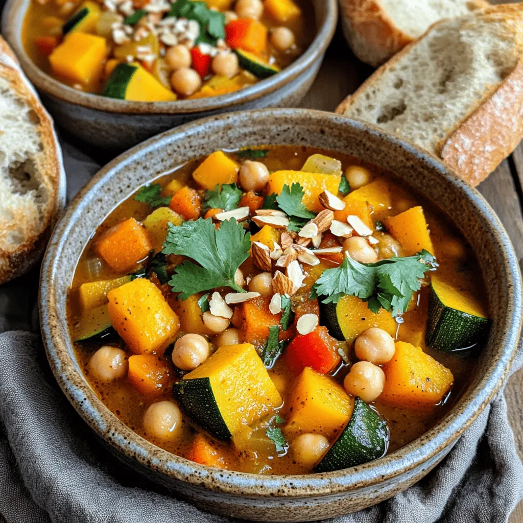 - 1 tablespoon olive oil - 1 large onion, diced - 3 cloves garlic, minced - 1-inch fresh ginger, grated - 2 carrots, diced - 1 zucchini, diced - 1 red bell pepper, diced - 1 can (14 oz) chickpeas, drained and rinsed - 1 can (14 oz) diced tomatoes - 2 cups vegetable broth - 1 cup butternut squash, peeled and cubed - 1/2 cup dried apricots, chopped - 1/2 cup raisins - 2 teaspoons ground cumin - 2 teaspoons ground coriander - 1 teaspoon ground cinnamon - 1 teaspoon smoked paprika - 1/2 teaspoon cayenne pepper (adjust to taste) - Salt and pepper to taste - Fresh cilantro for garnish For this vegan Moroccan stew, you can swap some ingredients. Use any oil if you don’t have olive oil. Sweet potatoes can replace butternut squash. You can also use lentils instead of chickpeas for a different texture. If you want less sweet, skip the dried apricots. Fresh herbs like parsley can replace cilantro. This stew is packed with nutrients. One serving contains about 350 calories. It has 14 grams of protein and 12 grams of fiber. The stew is low in fat and full of vitamins from the veggies. It offers a good dose of iron and potassium, which are essential for health. Enjoy this stew knowing it fuels your body well. For the complete recipe, check out the Full Recipe. To make Vegan Moroccan Stew, start by heating olive oil in a large pot over medium heat. Once hot, add the diced onion. Sauté the onion for 5-7 minutes until it turns translucent. Next, stir in the minced garlic and grated ginger. Cook these for 1-2 minutes until they smell great. Now, add the diced carrots, zucchini, and red bell pepper to the pot. Cook these veggies for another 5-7 minutes. Stir occasionally to ensure even cooking. Then, mix in the chickpeas, diced tomatoes, vegetable broth, butternut squash, chopped apricots, and raisins. Sprinkle the spices into the pot: ground cumin, coriander, cinnamon, smoked paprika, cayenne pepper, salt, and black pepper. Stir everything well to combine. Bring the mixture to a boil. After boiling, lower the heat and cover the pot. Let it simmer for 25-30 minutes. You want the butternut squash to be tender. Taste the stew and adjust the seasoning if needed. If you like more heat, add extra cayenne pepper. When done, remove the pot from heat and let it sit for a few minutes. This helps the flavors blend. Serve warm, garnished with fresh cilantro. - Heat the olive oil until it shimmers, but do not let it smoke. - Chop all vegetables to similar sizes for even cooking. - Stir the garlic and ginger gently to avoid burning them. - Use low-sodium vegetable broth for better control over saltiness. - Taste the stew before serving; it’s easier to add spices than to remove them. One common mistake is burning the garlic and ginger. Keep an eye on them as they cook. Another mistake is not cutting the veggies evenly. This can cause some to be undercooked. Also, avoid adding too much cayenne at once; you can always add more. Finally, do not skip the resting time after cooking. Letting it sit makes a big difference in flavor. For the full recipe, check out the provided link. To make your Vegan Moroccan stew shine, use fresh spices. Fresh spices pack more flavor than old ones. Toast your spices in the pot before adding other ingredients. This step brings out their oils and boosts the taste. You can also add a splash of lemon juice before serving. This brightens up the dish and adds a fresh zing. Lastly, don’t forget to taste as you cook. Adjust salt and spices to suit your palate. If your stew is too thin, you have options. You can mash some chickpeas in the pot. This adds body without changing the taste. Another choice is to add a little cornstarch mixed with water. Stir it in and let the stew cook for a few more minutes. If your stew is too thick, add more vegetable broth. Simply pour in a little at a time until you reach your desired consistency. Serving your stew right makes a big impact. Use rustic bowls for a warm, cozy feel. Top each bowl with fresh cilantro for color and flavor. If you want some crunch, sprinkle toasted almonds on top. Pair the stew with warm crusty bread or fluffy couscous. This adds texture and makes the meal more filling. For more ideas, check the Full Recipe for serving tips. {{image_2}} If you want to change the protein in your Vegan Moroccan Stew, you have options. Chickpeas are great, but consider using lentils or tofu. Lentils add a nice texture and cook quickly. Tofu soaks up flavors well. You can also try tempeh for a nutty taste. Each choice will give your stew a unique twist. Do you like your stew spicy? You can easily adjust the heat. Start with the cayenne pepper in the recipe. If you want more heat, add more cayenne or a dash of hot sauce. For a milder version, skip the cayenne and use sweet paprika. You can also add a pinch of black pepper for warmth without heat. Feel free to mix up the veggies in your stew. Instead of zucchini, try eggplant or sweet potatoes. They will add different flavors and textures. You can also use kale or spinach for some greens. Just add them in the last few minutes of cooking. This keeps them bright and fresh. The Full Recipe allows for many tasty changes, so get creative! Once your Vegan Moroccan Stew is cooked, let it cool down. Transfer it to an airtight container. Store it in the fridge for up to four days. This stew tastes even better the next day as the flavors meld together. To freeze your stew, use a freezer-safe container. Make sure to leave some space at the top for expansion. It can stay fresh in the freezer for up to three months. Thaw it overnight in the fridge before reheating. When you're ready to enjoy your stew, reheat it on the stove or in the microwave. If using the stove, heat it on medium until it’s hot. Stir it often to prevent sticking. If it seems thick, add a splash of vegetable broth or water to adjust the consistency. Enjoy your hearty meal! Yes, you can make this stew ahead of time. This dish tastes even better the next day. The flavors deepen and blend together, creating a rich taste. Just store it in an airtight container in the fridge. Reheat it on the stove or in the microwave before serving. I love to serve this stew with crusty bread or fluffy couscous. The bread is great for soaking up the rich sauce. Couscous adds a nice texture and makes the meal heartier. You can also add a simple green salad to balance the meal. To change the spice level, add more or less cayenne pepper. Start with a small amount. You can always add more if you like it spicier. Another option is to add a dollop of yogurt or sour cream on top, which can help cool it down. Yes, this recipe is gluten-free. All the ingredients are free from gluten. Just make sure to check the labels of any packaged items, like vegetable broth, to ensure they are gluten-free. Leftovers are great! You can enjoy them as is, or use them in new ways. Try adding the stew to a grain bowl or mix it with rice. You can also turn it into a wrap with some greens and a flatbread. The options are endless! In this blog post, we covered all you need to know about making Vegan Moroccan Stew. We discussed the ingredients, measurements, and nutrition facts. The step-by-step instructions guide you through cooking, with tips to avoid common mistakes. We shared ways to enhance flavor and substitute ingredients, too. Finally, you learned how to store and reheat leftovers wisely. Now, you can create a delicious stew that fits your taste and needs. Enjoy the cooking process and share it with others!