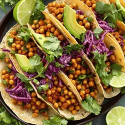 To make spicy chickpea tacos, gather these key ingredients: - 1 can (15 oz) chickpeas, drained and rinsed - 1 tablespoon olive oil - 1 teaspoon smoked paprika - 1 teaspoon ground cumin - 1/2 teaspoon cayenne pepper (adjust to taste) - 1/2 teaspoon garlic powder - Salt and pepper to taste - 8 small corn or flour tortillas - 1 avocado, sliced - 1 cup shredded red cabbage - 1/2 cup fresh cilantro, chopped - 1 lime, cut into wedges - Optional: Salsa or hot sauce for serving These simple ingredients come together to create a tasty meal that bursts with flavor. The chickpeas serve as a hearty base, while spices like smoked paprika and cumin add depth. Feel free to customize your tacos with these add-ins: - Chopped tomatoes for freshness - Diced red onion for a bit of crunch - Shredded cheese for creaminess - Pickled jalapeños for extra heat Adding these options can enhance your meal and cater to your taste buds. You can swap ingredients if needed: - Use black beans instead of chickpeas for a different flavor. - Swap olive oil with avocado oil for a higher smoke point. - Use taco seasoning instead of individual spices if you're short on time. These substitutions can keep the recipe exciting while still being easy to make. For the full recipe, check out the Spicy Chickpea Tacos section. To start, gather your ingredients. You will need: - 1 can (15 oz) chickpeas, drained and rinsed - 1 tablespoon olive oil - 1 teaspoon smoked paprika - 1 teaspoon ground cumin - 1/2 teaspoon cayenne pepper (adjust to taste) - 1/2 teaspoon garlic powder - Salt and pepper to taste - 8 small corn or flour tortillas - 1 avocado, sliced - 1 cup shredded red cabbage - 1/2 cup fresh cilantro, chopped - 1 lime, cut into wedges - Optional: Salsa or hot sauce for serving Open the can of chickpeas and rinse them well. This step helps remove any excess salt. Drain them and set aside. Slice the avocado and chop the cilantro. Heat a large skillet over medium heat. Add the olive oil. Once the oil is hot, add the chickpeas. Sprinkle the smoked paprika, cumin, cayenne pepper, garlic powder, salt, and pepper over them. Stir well to coat the chickpeas with the spices. Cook for about 5-7 minutes. Stir occasionally to make sure they heat evenly. You want them to be warm and slightly crisp, which gives a nice texture. While the chickpeas cook, warm the tortillas. You can do this in a pan over low heat for about 30 seconds on each side. Alternatively, wrap them in foil and place them in a warm oven. Now it’s time to build your tacos. Take a warm tortilla and add a spoonful of the spicy chickpea mixture in the center. Top it with sliced avocado, shredded red cabbage, and chopped cilantro. Squeeze fresh lime juice over everything. If you like heat, add some salsa or hot sauce. Enjoy these tasty tacos right away! For the full recipe, check earlier in this article. You can change the heat in your spicy chickpea tacos. Start by using less cayenne pepper. Add a pinch, taste, and adjust to your liking. If you want more heat, add more cayenne. You can also use hot sauce for extra spice. Remember, spice can build over time, so taste as you go. These tacos go well with many sides. Try serving them with a fresh salad or rice. A side of black beans adds flavor and protein. You can also pair them with corn on the cob for a sweet crunch. If you want something cool, add a dollop of yogurt or sour cream. How you serve your tacos makes a big difference. Stack them on a large platter. Garnish with lime wedges and fresh cilantro for color. Drizzle salsa over the tacos for added flair. You can even use colorful plates to make the dish pop. The more inviting it looks, the more fun it is to eat! Check out the Full Recipe for more ideas. {{image_2}} You can choose different tortillas for your spicy chickpea tacos. Corn tortillas give a nice crunch. Flour tortillas are soft and chewy. You can even use lettuce wraps for a low-carb option. Each choice adds its unique flavor and texture. Try them all to find your favorite! Want to make your tacos heartier? Add protein like grilled chicken or shrimp. You can also mix in veggies like bell peppers or zucchini. These add color and nutrition. Beans like black beans or pinto beans work well too. They boost the fiber and protein in your meal. Feel free to change up the spices in your chickpeas. Try chili powder for a smoky kick. Or add oregano for a fresh herb taste. You can even sprinkle in some lime zest for brightness. Each seasoning brings a new twist to your tacos. Experiment to find what you love best! To keep your spicy chickpea tacos fresh, store the filling and tortillas separately. Place the chickpea mix in an airtight container. Make sure to cool it before sealing. Wrap the tortillas in foil or plastic wrap. This keeps them soft and ready to use. Reheat the chickpea filling in a skillet over medium heat. Stir it well to heat evenly. If the tortillas are cold, warm them in a dry pan for about 30 seconds on each side. You can also use the microwave for quick heating, but be careful not to overdo it. When stored properly, the chickpea filling lasts about 3 to 4 days in the fridge. The tortillas can stay fresh for about a week, but check for any signs of spoilage. If you freeze the filling, it can last up to 3 months. Just thaw it in the fridge overnight before reheating. Enjoy your tasty tacos later with the full recipe! You can use black beans or lentils. Both options provide similar texture and protein. Black beans are smooth, while lentils add a hearty bite. Adjust spices to match the flavor profile of your choice. Yes, this recipe is already vegan. Chickpeas, spices, and veggies are all plant-based. Just ensure your tortillas are also vegan. Many corn and flour options fit this need. To make these tacos gluten-free, choose corn tortillas. Most brands offer gluten-free options. Check the package to be sure. You can also use lettuce wraps for a fresh twist. We covered all the key parts of making great tacos. You learned about the ingredients, cooking steps, useful tips, and fun variations. Store them well, and you can enjoy tacos longer. Remember, you can swap ingredients to fit your needs. Be creative with spice and sides to make them your own. Tacos are flexible, tasty, and can please any crowd. Enjoy making your next batch!