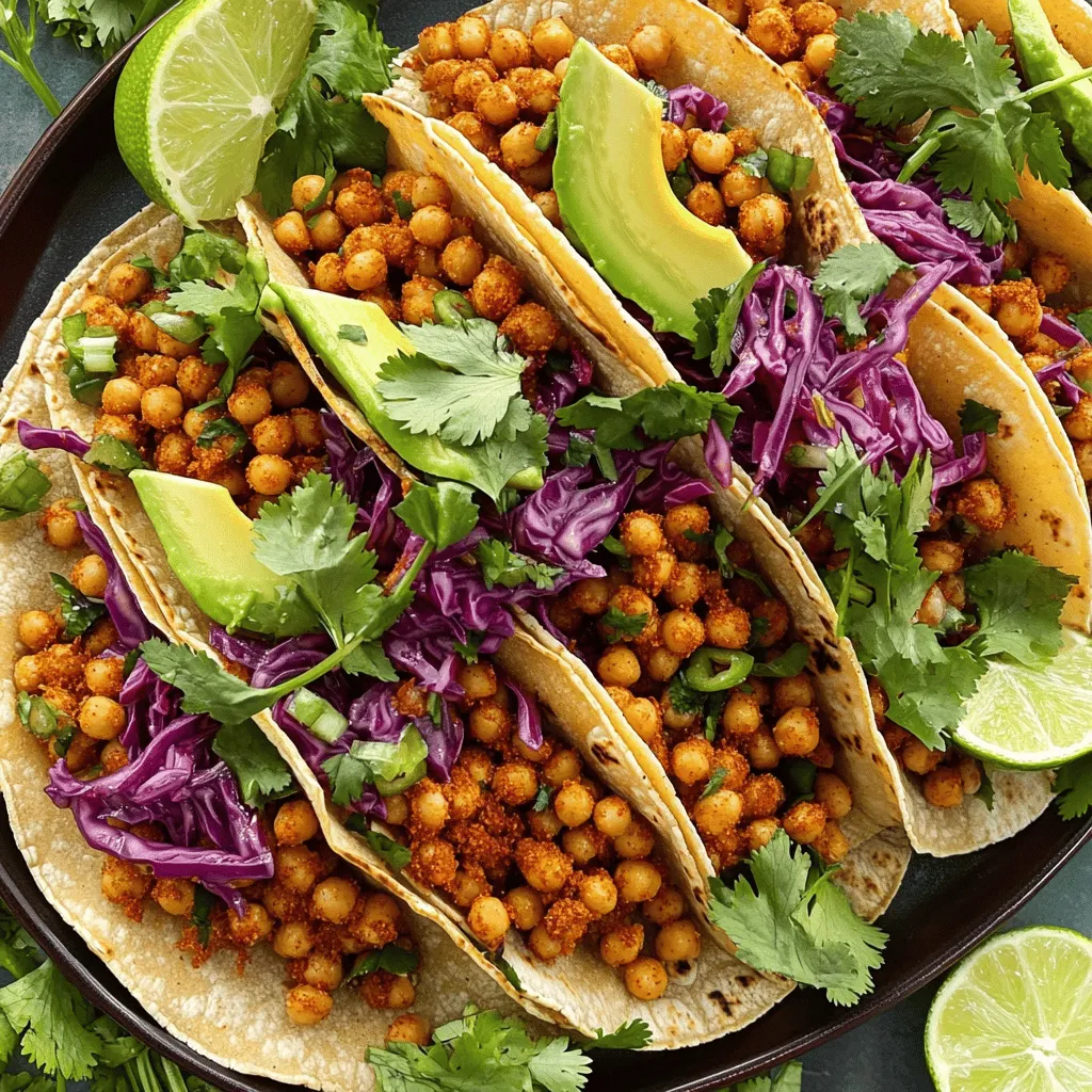 To make spicy chickpea tacos, gather these key ingredients: - 1 can (15 oz) chickpeas, drained and rinsed - 1 tablespoon olive oil - 1 teaspoon smoked paprika - 1 teaspoon ground cumin - 1/2 teaspoon cayenne pepper (adjust to taste) - 1/2 teaspoon garlic powder - Salt and pepper to taste - 8 small corn or flour tortillas - 1 avocado, sliced - 1 cup shredded red cabbage - 1/2 cup fresh cilantro, chopped - 1 lime, cut into wedges - Optional: Salsa or hot sauce for serving These simple ingredients come together to create a tasty meal that bursts with flavor. The chickpeas serve as a hearty base, while spices like smoked paprika and cumin add depth. Feel free to customize your tacos with these add-ins: - Chopped tomatoes for freshness - Diced red onion for a bit of crunch - Shredded cheese for creaminess - Pickled jalapeños for extra heat Adding these options can enhance your meal and cater to your taste buds. You can swap ingredients if needed: - Use black beans instead of chickpeas for a different flavor. - Swap olive oil with avocado oil for a higher smoke point. - Use taco seasoning instead of individual spices if you're short on time. These substitutions can keep the recipe exciting while still being easy to make. For the full recipe, check out the Spicy Chickpea Tacos section. To start, gather your ingredients. You will need: - 1 can (15 oz) chickpeas, drained and rinsed - 1 tablespoon olive oil - 1 teaspoon smoked paprika - 1 teaspoon ground cumin - 1/2 teaspoon cayenne pepper (adjust to taste) - 1/2 teaspoon garlic powder - Salt and pepper to taste - 8 small corn or flour tortillas - 1 avocado, sliced - 1 cup shredded red cabbage - 1/2 cup fresh cilantro, chopped - 1 lime, cut into wedges - Optional: Salsa or hot sauce for serving Open the can of chickpeas and rinse them well. This step helps remove any excess salt. Drain them and set aside. Slice the avocado and chop the cilantro. Heat a large skillet over medium heat. Add the olive oil. Once the oil is hot, add the chickpeas. Sprinkle the smoked paprika, cumin, cayenne pepper, garlic powder, salt, and pepper over them. Stir well to coat the chickpeas with the spices. Cook for about 5-7 minutes. Stir occasionally to make sure they heat evenly. You want them to be warm and slightly crisp, which gives a nice texture. While the chickpeas cook, warm the tortillas. You can do this in a pan over low heat for about 30 seconds on each side. Alternatively, wrap them in foil and place them in a warm oven. Now it’s time to build your tacos. Take a warm tortilla and add a spoonful of the spicy chickpea mixture in the center. Top it with sliced avocado, shredded red cabbage, and chopped cilantro. Squeeze fresh lime juice over everything. If you like heat, add some salsa or hot sauce. Enjoy these tasty tacos right away! For the full recipe, check earlier in this article. You can change the heat in your spicy chickpea tacos. Start by using less cayenne pepper. Add a pinch, taste, and adjust to your liking. If you want more heat, add more cayenne. You can also use hot sauce for extra spice. Remember, spice can build over time, so taste as you go. These tacos go well with many sides. Try serving them with a fresh salad or rice. A side of black beans adds flavor and protein. You can also pair them with corn on the cob for a sweet crunch. If you want something cool, add a dollop of yogurt or sour cream. How you serve your tacos makes a big difference. Stack them on a large platter. Garnish with lime wedges and fresh cilantro for color. Drizzle salsa over the tacos for added flair. You can even use colorful plates to make the dish pop. The more inviting it looks, the more fun it is to eat! Check out the Full Recipe for more ideas. {{image_2}} You can choose different tortillas for your spicy chickpea tacos. Corn tortillas give a nice crunch. Flour tortillas are soft and chewy. You can even use lettuce wraps for a low-carb option. Each choice adds its unique flavor and texture. Try them all to find your favorite! Want to make your tacos heartier? Add protein like grilled chicken or shrimp. You can also mix in veggies like bell peppers or zucchini. These add color and nutrition. Beans like black beans or pinto beans work well too. They boost the fiber and protein in your meal. Feel free to change up the spices in your chickpeas. Try chili powder for a smoky kick. Or add oregano for a fresh herb taste. You can even sprinkle in some lime zest for brightness. Each seasoning brings a new twist to your tacos. Experiment to find what you love best! To keep your spicy chickpea tacos fresh, store the filling and tortillas separately. Place the chickpea mix in an airtight container. Make sure to cool it before sealing. Wrap the tortillas in foil or plastic wrap. This keeps them soft and ready to use. Reheat the chickpea filling in a skillet over medium heat. Stir it well to heat evenly. If the tortillas are cold, warm them in a dry pan for about 30 seconds on each side. You can also use the microwave for quick heating, but be careful not to overdo it. When stored properly, the chickpea filling lasts about 3 to 4 days in the fridge. The tortillas can stay fresh for about a week, but check for any signs of spoilage. If you freeze the filling, it can last up to 3 months. Just thaw it in the fridge overnight before reheating. Enjoy your tasty tacos later with the full recipe! You can use black beans or lentils. Both options provide similar texture and protein. Black beans are smooth, while lentils add a hearty bite. Adjust spices to match the flavor profile of your choice. Yes, this recipe is already vegan. Chickpeas, spices, and veggies are all plant-based. Just ensure your tortillas are also vegan. Many corn and flour options fit this need. To make these tacos gluten-free, choose corn tortillas. Most brands offer gluten-free options. Check the package to be sure. You can also use lettuce wraps for a fresh twist. We covered all the key parts of making great tacos. You learned about the ingredients, cooking steps, useful tips, and fun variations. Store them well, and you can enjoy tacos longer. Remember, you can swap ingredients to fit your needs. Be creative with spice and sides to make them your own. Tacos are flexible, tasty, and can please any crowd. Enjoy making your next batch!