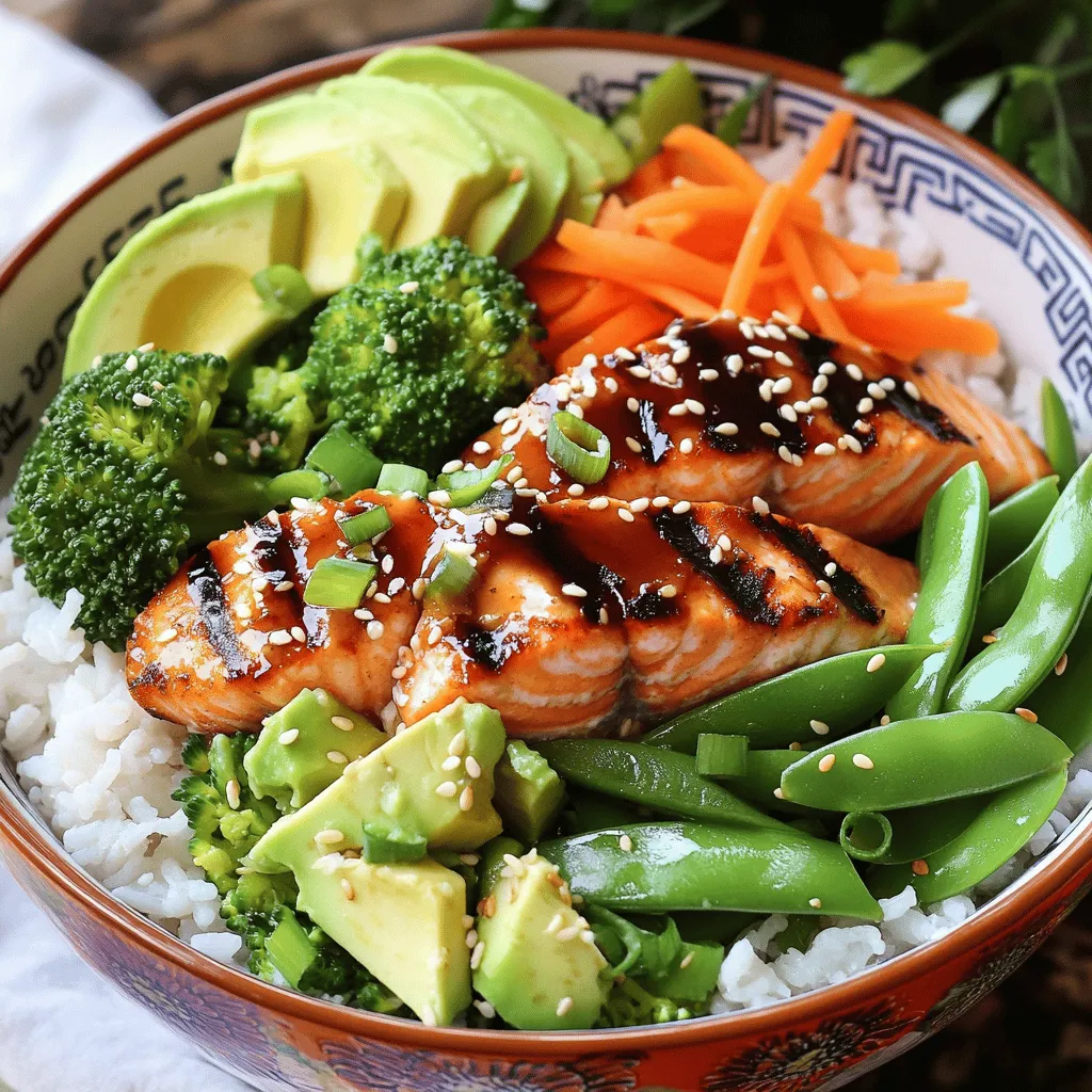 - 2 salmon fillets (6 oz each) - 1/4 cup teriyaki sauce (store-bought or homemade) - 1 cup jasmine rice - 2 cups water - 1 cup broccoli florets - 1 cup snap peas - 1 carrot, julienned - 2 green onions, sliced - 1 tablespoon sesame seeds - Salt and pepper to taste - Optional: avocado slices for garnish When you gather your ingredients, focus on freshness. The salmon fillets should have a bright color and smell clean. For the teriyaki sauce, you can use store-bought or make your own. Jasmine rice adds a lovely aroma and texture, making it perfect for this dish. As for the fresh vegetables, choose bright broccoli and snap peas. They not only add color but also crunch and nutrients. Carrots add natural sweetness and a nice crunch. Finally, green onions and sesame seeds make great garnishes that enhance the look and taste of your bowl. You can find the full recipe for Teriyaki Salmon Bowls in the section above. Remember, sourcing high-quality ingredients makes a big difference in flavor. Enjoying the cooking process is just as important as the final meal! To get the best flavor, marinate the salmon for at least 20 minutes. You can marinate it longer if you want a stronger taste. Use a shallow dish so the sauce covers the fish evenly. This helps the salmon soak up all the teriyaki goodness. For jasmine rice, use a 1:2 water-to-rice ratio. This means one cup of rice needs two cups of water. Bring it to a boil, then lower the heat, cover it, and let it simmer for about 15 minutes. This will help keep the rice fluffy. After cooking, let it sit for 5 more minutes. This step is key for perfect rice. Blanching broccoli and snap peas keeps them bright and crisp. Boil water in a small pot and add the veggies for 2-3 minutes. Once done, drain and rinse them with cold water. This stops the cooking and keeps the color vibrant. You can cook the salmon on a grill pan or in a non-stick skillet. Heat it over medium-high heat. Remove the salmon from the marinade, letting the extra drip off. Cook each side for about 4-5 minutes. The fish should flake easily with a fork when it's done. Start by placing a serving of jasmine rice in each bowl. Next, add the salmon on one side of the rice. On the other side, add the blanched broccoli, snap peas, and julienned carrot. This creates a colorful and balanced bowl. Top your bowls with sliced green onions and sesame seeds. If you want a creamy touch, add some avocado slices. This adds great flavor and texture. You can also drizzle a little more teriyaki sauce on top for an extra kick. For the full recipe, check out the earlier section. Enjoy your tasty and healthy teriyaki salmon bowls! - Avoiding overcooking fish: Cook salmon for 4-5 minutes on each side. It should flake easily. Use a fork to check if it’s done. If it falls apart, it’s overcooked. Keep an eye on the color; it should be a nice pink inside. - Techniques for perfect rice and veggies: Rinse jasmine rice before cooking to remove excess starch. This helps the rice stay fluffy. For veggies, blanch them in boiling water for 2-3 minutes. Then, cool them quickly in cold water. This keeps their bright colors and crisp texture. - Adding spices or other sauces: You can spice things up by adding garlic or ginger to your teriyaki sauce. A sprinkle of crushed red pepper can add heat. If you want a different twist, try hoisin sauce for a sweet flavor. - Suggestions for additional toppings: Try adding sliced avocado for creaminess. A few sesame seeds add crunch. You can also use pickled ginger for a tangy kick. Fresh cilantro or mint can enhance the dish’s freshness. - How to streamline the cooking process: Start with marinating the salmon while cooking the rice. This saves time. Use one pot for the rice and veggies to cut down on dishes. - Preparing ingredients in advance: Chop veggies and measure out rice the night before. You can also marinate the salmon ahead of time. This makes it easy to whip up your teriyaki salmon bowls on a busy day. For the full recipe, check the details provided earlier. {{image_2}} You can change the protein in your teriyaki bowls. If you want a different flavor, try chicken. Just marinate and cook it like the salmon. You can also use shrimp. Cook the shrimp for just a few minutes until pink. For a vegetarian option, tofu works great. Press the tofu to remove extra water, then cut it into cubes. Marinate and pan-fry until golden. You can also use tempeh, which has a hearty texture. Making your own teriyaki sauce is simple. Combine soy sauce, honey, garlic, and ginger in a pot. Heat until the honey dissolves, then let it cool. If you want to try other sauces, think about a sweet chili sauce or a peanut sauce. Both add a tasty twist to your bowls. Seasonal veggies can change your dish. In spring, use asparagus and radishes. In summer, bell peppers and zucchini shine. In autumn, try roasted sweet potatoes and Brussels sprouts. Winter is great for carrots and kale. You can mix and match veggies to create fun combos. Don't be afraid to experiment with colors and textures! You can store leftover teriyaki salmon bowls in the fridge for about three days. Use airtight containers to keep the food fresh. Glass containers work great for this. They help prevent odors and stains while keeping your meal safe. If you want to freeze your meal, separate the components first. Freeze the cooked salmon and rice in separate bags. This keeps them fresh and tasty. When you’re ready to eat, thaw them in the fridge overnight. To reheat, place the salmon in a skillet over medium heat for a few minutes. Heat the rice in the microwave or on the stove until warm. Get creative with your leftovers! Use the salmon in a salad or a sandwich. Mix the rice with a bit of broth for a tasty soup. You can also make fried rice with the veggies. This helps you enjoy every bite of your meal. Meal prepping can save time. Cook a big batch and divide it into containers for a quick lunch or dinner. Teriyaki sauce is a mix of soy sauce, sugar, sake, and mirin. This blend gives it a sweet and savory taste. You can also find many store-bought options. Some brands even add pineapple juice for extra flavor. If you want to make your own, it's easy! Just combine the ingredients and simmer until it thickens. You can tell salmon is cooked when it flakes easily with a fork. The color should change from a bright pink to a light orange. If you have a food thermometer, the center should reach 145°F (63°C). Keep an eye on it while cooking. Overcooking can make it dry. Yes, you can make Teriyaki Salmon Bowls gluten-free! Use gluten-free soy sauce or tamari instead of regular soy sauce. Many brands offer gluten-free teriyaki sauce as well. Always read the labels to check for gluten content. This way, everyone can enjoy the dish. To make this recipe healthier, you can use less teriyaki sauce or a lower-sugar version. Swap jasmine rice for brown rice or quinoa for extra fiber. You can also add more veggies like spinach or bell peppers. Baking or grilling the salmon instead of pan-frying can cut down on oil too. Yes, you can prepare this dish in advance! You can marinate the salmon a day ahead to boost flavor. Cook the rice and veggies and store them in separate containers in the fridge. When you’re ready to eat, just reheat everything. This makes for easy meal prep. Some great sides for Teriyaki Salmon Bowls are edamame or a simple cucumber salad. You could also serve pickled ginger or seaweed salad for a fresh touch. If you like crunch, try some crispy wontons on the side. These add texture and flavor to your meal. This blog post covered how to make Teriyaki Salmon Bowls from start to finish. You learned about ingredients, marinating tips, and how to cook rice and veggies. We also discussed variations, storage tips, and common questions. Cooking can be fun and simple. With practice, you can improve your skills and create tasty meals. Enjoy your time in the kitchen, and don’t be afraid to try new flavors! Cooking is all about exploring and finding what you love.