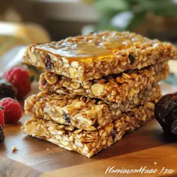 To make delicious homemade granola bars, you need a few key ingredients. These are the stars of the recipe: - 2 cups oats (rolled or quick) - 1 cup mixed nuts (almonds, walnuts, pecans), chopped - ½ cup nut butter (like almond or peanut butter) - ½ cup honey or maple syrup - ½ cup dried fruits (cranberries, raisins, or apricots), chopped - ¼ cup sunflower seeds - ¼ teaspoon salt - 1 teaspoon vanilla extract - ½ teaspoon cinnamon (optional) These ingredients work together to create a tasty and satisfying snack. The oats form the base, while nuts add crunch and protein. Nut butter binds everything together, making the bars chewy. You can easily customize your granola bars. Here are some fun add-ins to consider: - Chocolate chips for sweetness - Coconut flakes for a tropical twist - Chia seeds for extra fiber - Pumpkin seeds for a nutty flavor - Spices like nutmeg or ginger for warmth Feel free to mix and match! This way, you can create a new flavor every time you make them. Let’s look at the health benefits of these ingredients: - Oats: Rich in fiber, they help keep you full. They also support heart health. - Nuts: Packed with healthy fats, they provide protein and keep your energy up. - Nut Butter: Great for protein and healthy fats. It makes the bars creamy. - Honey or Maple Syrup: Natural sweeteners provide energy. They also have antioxidants. - Dried Fruits: They add natural sweetness and vitamins. They help with digestion too. - Sunflower Seeds: High in vitamin E, they support skin health. - Salt: Just a pinch enhances flavor, balancing the sweetness. - Vanilla Extract: Adds a rich flavor without extra sugar. - Cinnamon: This spice helps regulate blood sugar and adds warmth. Each ingredient brings unique benefits. Together, they create a snack that is both tasty and good for you. For the complete recipe, check out the Full Recipe section. To start, gather your ingredients. You will need oats, nuts, nut butter, honey, dried fruits, seeds, salt, vanilla, and cinnamon. Preheat your oven to 350°F (175°C). Line an 8x8-inch baking dish with parchment paper. Leave some paper hanging over the sides for easy removal later. In a big bowl, mix oats, nuts, sunflower seeds, salt, and cinnamon. Stir them well to combine. In another bowl, blend the nut butter, honey, and vanilla until smooth. Pour this mixture over the dry ingredients. Mix until everything is coated nicely. Add the dried fruits and fold them in gently. Now, transfer your mixture into the prepared baking dish. Press it down firmly with a spatula. Make sure it’s even and compact. Bake in your preheated oven for 20 to 25 minutes. Look for the edges to turn golden brown. This step gives your bars the perfect crunchy texture. Once baked, take the dish out and let it cool completely for about an hour. Use the parchment paper to lift the granola out of the dish. Cut it into bars of your desired size. Store the bars in an airtight container. They stay fresh at room temperature for a week or in the fridge for longer. Enjoy your tasty homemade snack! One common mistake is not measuring ingredients correctly. Always use a scale or measuring cups. Another error is not pressing the mixture down enough. If you don’t pack it firmly, the bars won’t hold together. Avoid using too much liquid; it can make your bars soggy. Finally, don’t skip cooling time. Letting them cool helps them set properly. For the best texture, balance wet and dry ingredients. Use enough nut butter and sweetener to bind everything. If your mixture seems dry, add a bit more honey or nut butter. You want it to feel sticky but not runny. Press the mixture firmly into the pan; this helps it stick together. Bake until golden brown edges appear for a crunchy bite. For a stunning display, stack the bars or fan them out on a platter. Pair them with fresh fruit for color and freshness. You can also wrap each bar in parchment paper for a cute touch. This makes them easy to grab and eat. A sprinkle of nuts or seeds on top adds a nice finish too. For the complete recipe, check out the Full Recipe section. {{image_2}} You can easily make vegan granola bars. Just replace honey with maple syrup. Use almond or peanut butter, and ensure all your ingredients are plant-based. This keeps your snacks healthy and creamy without any animal products. The result is a tasty treat that everyone can enjoy. To make gluten-free bars, choose oats labeled gluten-free. Most oats are safe, but cross-contamination can happen. Use gluten-free nut butter and check all your add-ins for gluten. This way, you keep your snacks safe for those with gluten allergies or sensitivities. Gluten-free granola bars can be just as crunchy and delicious. Explore fun flavors by mixing and matching ingredients. Here are some ideas to spark your creativity: - Chocolate Chip: Add dark chocolate chips for a sweet touch. - Coconut: Mix in shredded coconut for a tropical vibe. - Spicy: Sprinkle in a bit of cayenne pepper for a kick. - Pumpkin Spice: Use pumpkin puree and spices for a fall flavor. These tweaks can make your granola bars exciting and new. With the full recipe at hand, you can try these variations anytime. Enjoy your baking adventure! To keep your granola bars fresh, store them in an airtight container. This keeps out air and moisture. You can place parchment paper between layers to avoid sticking. If you want to keep them crunchy, avoid refrigeration unless needed. If you want to save your bars for later, freezing is a great option. Wrap each bar tightly in plastic wrap. Then, place them in a freezer bag or container. They can last up to three months in the freezer. When you’re ready to enjoy them, just thaw at room temperature. Homemade granola bars can last about a week at room temperature. If stored in the fridge, they stay fresh for two weeks. The ingredients used may affect freshness. For instance, nut butter can help keep them moist longer. Always check for any signs of spoilage before eating. Yes, you can use any nuts or seeds you like. Almonds, walnuts, or pecans work well. You can also try pumpkin seeds or chia seeds for a twist. Just chop them to a small size. This lets them mix well with the oats and binds nicely. To make granola bars chewier, add more nut butter or honey. You can also include more dried fruits, like dates or figs. These ingredients add moisture. Press the mixture down firmly in the pan. This keeps the bars dense and chewy. Homemade granola bars are often healthier. You control the ingredients and avoid additives. Store-bought bars may have extra sugar or preservatives. With homemade bars, you can choose natural sweeteners. You also get to add your favorite nuts and fruits. This way, you enjoy a snack that fits your diet. For a great start, check out the Full Recipe. Making homemade granola bars is simple and fun. You learned about key ingredients and optional add-ins. Each ingredient offers unique health benefits, making your bars both tasty and nutritious. You now have step-by-step instructions to create the perfect crunchy texture. I also shared tips to avoid mistakes and enhance presentation. Explore variations like vegan or gluten-free options to match your diet. Finally, good storage keeps your bars fresh and delicious. Now, go ahead and enjoy your healthy, homemade granola bars!