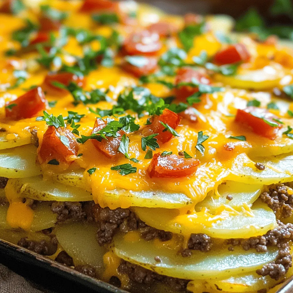 To make this tasty casserole, you will need the following ingredients: - 1 pound ground beef - 4 medium potatoes, peeled and sliced thinly - 1 medium onion, chopped - 2 cloves garlic, minced - 1 can (15 oz) diced tomatoes (with juice) - 1 cup beef broth - 1 teaspoon dried oregano - 1 teaspoon paprika - Salt and black pepper to taste - 1 cup shredded cheddar cheese - 2 tablespoons olive oil - Fresh parsley, chopped (for garnish) These ingredients create a warm, satisfying dish. The ground beef gives protein, while potatoes add heartiness. Onion and garlic bring flavor, and tomatoes keep it juicy. Oregano and paprika add a nice kick. Finally, the cheese makes it all creamy and delicious. Gather these items, and you're ready to whip up this delightful casserole! Check out the Full Recipe for more details on how to prepare it. 1. Preheat your oven: Start by setting your oven to 375°F (190°C). This step is key for even cooking. 2. Sautéing onion and garlic: In a large skillet, heat 2 tablespoons of olive oil over medium heat. Add 1 chopped onion and sauté for 3-4 minutes. This softens the onion and brings out its sweetness. Next, add 2 minced garlic cloves and cook for another minute. 3. Cooking ground beef mixture: Add 1 pound of ground beef to the skillet. Cook until the beef is brown, about 5-6 minutes. Use a spatula to break the beef into smaller pieces. If there’s excess fat, drain it. 4. Layering ingredients in the baking dish: Stir in 1 can of diced tomatoes (with juice), 1 cup of beef broth, 1 teaspoon of dried oregano, 1 teaspoon of paprika, and salt and pepper to taste. Let this mix simmer for 5 minutes to blend the flavors. In a greased baking dish, layer half of the sliced potatoes first. Then, spread half of the beef mixture over the potatoes. Repeat with the remaining potatoes and beef. 5. Baking instructions: Cover the dish with aluminum foil and bake for 30 minutes. After this, remove the foil and sprinkle 1 cup of shredded cheddar cheese on top. Bake for another 15-20 minutes until the potatoes are tender and the cheese is bubbly and golden. After baking, let the casserole sit for 5 minutes. Garnish with fresh parsley before serving. For the full recipe, check out the main article! - Proper cooking of ground beef: Start by heating olive oil in a skillet. Add chopped onion and cook until soft. Then, add minced garlic and ground beef. Cook the beef until it turns brown. This step helps enhance the flavor. Don’t rush it; let it brown well. - Ensuring even potato layers: Slice your potatoes thinly and evenly. This helps them cook through in the same time. Layer half of the potatoes at the bottom of your dish first. Follow with half of the beef mixture. Repeat with the rest of the potatoes and beef. This way, each bite has a nice mix of flavors. - Achieving bubbly, golden cheese: After baking your casserole with foil, remove it for the last 15-20 minutes. This allows the cheese to melt and brown nicely. Keep an eye on it to avoid burning. You want that perfect bubbly, golden top that adds a great look and taste. - Best side dishes to pair: A fresh green salad works well to lighten the meal. You can also serve some crusty bread on the side. Both options balance the rich flavors of the casserole. - Garnishing ideas for presentation: Sprinkle fresh parsley on top before serving. This adds a pop of color and a hint of freshness. You can also add a dollop of sour cream for a creamy touch. These small details make your dish look and taste even better. {{image_2}} You can easily change this recipe to fit your needs. If you want a healthier option, swap ground beef for ground turkey. Turkey has less fat but still gives you great taste. You can also use plant-based meat if you're looking for a vegan option. Just make sure it’s seasoned well to match the flavors. For those needing gluten-free choices, check the labels on your beef broth and diced tomatoes. Many brands offer gluten-free options. You can also use gluten-free flour to thicken the casserole if needed. If you're avoiding dairy, there are many good cheese alternatives. Look for dairy-free cheese that melts well. These can add a nice creamy texture without the dairy. You can make this casserole in several ways. A slow cooker version works well, too. Just brown the ground beef and onions first, then layer everything in the slow cooker. Cook on low for 6-8 hours or high for 3-4 hours. This method gives the flavors more time to mingle. If you prefer quick cooking, try the Instant Pot. After browning the beef and onions, add the other ingredients. Seal the lid and cook on high pressure for 15 minutes. This method saves time and still tastes delicious. Choose the method that fits your schedule best! To keep your casserole fresh, cool it first. Let it sit out for about 30 minutes. After it cools, place it in an airtight container. Glass or plastic containers work well here. Make sure to store it in the fridge. It will last for about 3 to 4 days. You can reheat your casserole in the oven or microwave. For the oven, preheat it to 350°F (175°C). Place the casserole in a baking dish and cover it with foil. Heat for about 20-25 minutes, or until warm. If you choose the microwave, use a microwave-safe dish. Heat it in one-minute intervals, stirring in between. Check that it is hot throughout before serving. Enjoy your savory beef and potato casserole! For the full recipe, click here. Can I use frozen potatoes in this recipe? Yes, you can use frozen potatoes. They save time and work well in this dish. Just make sure to thaw them first. This helps them cook evenly with the beef. What’s the best way to make this healthier? To make this casserole healthier, you can use lean ground beef or turkey. You can also add more veggies like zucchini or carrots. This boosts nutrients and flavor. How long can this casserole be stored in the refrigerator? You can store this casserole in the fridge for up to three days. Keep it in an airtight container to keep it fresh. Reheat it well before serving. For the full recipe, check the link above! This savory beef and potato casserole is a simple, tasty dish. We covered the ingredients, steps, tips, and variations to make it perfect. You can swap meat types or cooking methods to fit your needs. Storing leftovers is easy, and reheating is quick. Whether you serve it with sides or change it up, it will delight everyone. Enjoy making this hearty meal that works for any occasion!