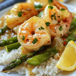 - 1 pound large shrimp, peeled and deveined - 1 bunch asparagus, trimmed and cut into 2-inch pieces - 4 tablespoons unsalted butter - 4 cloves garlic, minced - 1 teaspoon lemon zest - 2 tablespoons fresh lemon juice - ½ teaspoon red pepper flakes (optional) - Salt and pepper to taste - Fresh parsley, chopped, for garnish To make garlic butter shrimp and asparagus, you need fresh shrimp and asparagus. The shrimp should be large, peeled, and deveined. Fresh asparagus adds crunch and color. Butter gives the dish a rich flavor. Use unsalted butter for better control over salt. Garlic is key here; minced garlic will bring out a strong taste. Lemon zest and juice add brightness. They balance the butter's richness. Red pepper flakes give a hint of heat, but that is optional. Finally, fresh parsley adds a nice touch. It looks pretty and tastes great. For the full recipe, check the details above. - White wine for deglazing - Fresh herbs like thyme or rosemary For added flavor, consider white wine. It can be used to deglaze the pan, enhancing the sauce. Fresh herbs like thyme or rosemary also work well. They add a fragrant note that lifts the dish. - Rinse and dry the shrimp. This keeps the shrimp clean and helps them cook well. - Season shrimp with salt and pepper. This adds flavor to your shrimp. - Sauté minced garlic until fragrant. Melt 2 tablespoons of butter in a skillet. Add garlic and cook for 30 seconds. The smell will fill your kitchen! - Cook asparagus until tender-crisp. Add the asparagus pieces to the skillet. Stir them for 3-4 minutes. They should be bright green and still a bit crunchy. - Cook shrimp until pink and opaque. Use the same skillet. Add 2 more tablespoons of butter. Once melted, add the shrimp. Cook for 2-3 minutes on each side. They should turn pink and look opaque. - Toss shrimp and asparagus with lemon zest and juice. Add the cooked asparagus back to the skillet. Squeeze in fresh lemon juice and sprinkle lemon zest. Mix everything well. Cook for one more minute to blend the flavors. You can find the complete details of this dish in the Full Recipe section. - Avoid overcooking shrimp for the best texture. Cook them until they turn pink and opaque. - Sauté garlic carefully to prevent burning. Cook it just until fragrant, about 30 seconds. - This dish is best served with rice or crusty bread. The bread soaks up the tasty garlic butter. - Pair it with a side salad for a complete meal. A fresh salad adds crunch and color. - Use fresh herbs for added color and flavor. Parsley or basil can brighten the dish. - Lemon wedges give an extra zesty kick. Squeeze them before eating for more flavor. For the full recipe, check the detailed instructions above! {{image_2}} You can easily change up this dish by adding new flavors. Here are some ideas: - Cherry tomatoes: These bring bright color and a sweet taste. Just toss them in with the asparagus for a pop of freshness. - Zucchini or bell peppers: If you want to skip the asparagus, these veggies work great. They add crunch and flavor while keeping the dish light. You can adjust this dish to fit different diets. Here are two easy swaps: - Low-carb option: Serve the shrimp and asparagus on a bed of cauliflower rice. This keeps it hearty without the carbs. - Vegan choice: Use plant-based butter instead of regular butter. This lets you enjoy all the flavors without animal products. For the full recipe, check the sections above. Store leftovers in an airtight container for up to 2 days. This keeps the shrimp tender and the asparagus crisp. Make sure to let the dish cool first before sealing it. Freeze the cooked dish in a freezer-safe container for up to a month. Be sure to cool it completely before freezing. Label the container with the date. This helps you keep track of freshness. Reheat gently in a skillet to maintain texture. Add a splash of water or broth to keep it moist. Heat over low to medium heat, stirring often. This helps avoid overcooking the shrimp. Enjoy your dish just like the first time! For the full recipe, check back for the details. Cook the shrimp in the skillet for about 2-3 minutes per side. This time ensures they turn pink and opaque, which means they are cooked perfectly. Yes, you can use frozen shrimp. Just make sure they are thawed properly before cooking. Thaw them in the fridge or run them under cold water. This keeps them safe and ready for your dish. You can use zucchini, broccoli, or green beans instead of asparagus. Each of these options brings a different taste and texture to the dish, making it fun to experiment. To make the dish spicier, increase the amount of red pepper flakes or add chopped jalapeños. This gives your garlic butter shrimp and asparagus a nice kick that enhances the flavor. Serve it hot over rice, pasta, or with a side of crusty bread. A lemon wedge on the side adds a lovely touch and brightens the flavors. For the full recipe, check the earlier sections! This recipe for Garlic Butter Shrimp and Asparagus is simple and delicious. You learned which key ingredients you need and how to cook them. I shared tips to ensure your shrimp turn out perfect. You can even customize the dish with different veggies or spices. Lastly, proper storage helps enjoy leftovers later. Remember, cooking is about experimenting and having fun. Enjoy making this meal your own!