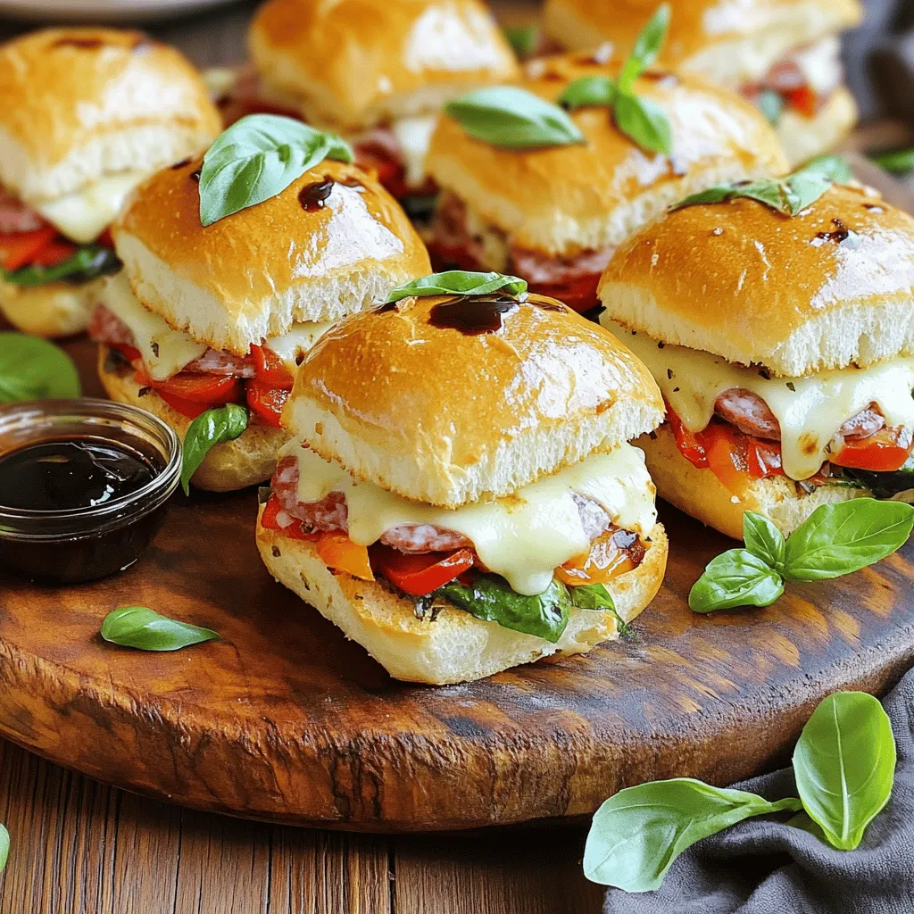 - 12 slider rolls - 1 cup sliced salami - 1 cup sliced capicola - 1 cup sliced provolone cheese The main ingredients for Italian sandwich sliders are simple yet flavorful. Slider rolls serve as the base. I like to use soft, fresh rolls that hold up well. Salami and capicola add a nice punch of flavor. These deli meats provide both spice and richness. Provolone cheese melts beautifully, making each bite creamy and cheesy. - 1/4 cup olive oil - 2 tablespoons balsamic vinegar - 1 teaspoon Italian seasoning Condiments and seasonings bring everything together. Olive oil adds moisture and richness. Balsamic vinegar gives a sweet and tangy kick. Italian seasoning combines herbs like oregano and basil. This mix enhances the overall taste of the sliders. - 1 cup roasted red peppers, sliced - 1/2 cup fresh basil leaves You can elevate the sliders with optional garnishes. Roasted red peppers add sweetness and color. Fresh basil leaves give a burst of herbal flavor. These extras make the sliders even more appealing. Adding them will impress your guests! For the complete recipe, check the Full Recipe. 1. Preheat the oven Start by preheating your oven to 350°F (175°C). This step ensures your sliders bake evenly and come out warm and melty. 2. Slice the slider rolls Take your 12 slider rolls and slice them in half horizontally. This makes it easy to layer your meats and cheeses. 1. Layering salami and capicola Place half of your sliced salami evenly on the bottom half of the rolls. Then, add half of the sliced capicola on top. These meats bring a savory punch to your sliders. 2. Adding provolone cheese and toppings Next, add half of your provolone cheese on top of the meats. Now, spread the roasted red peppers and fresh basil leaves over the cheese for added flavor and freshness. Finally, repeat the process with the remaining salami, capicola, and provolone cheese for a hearty bite. 1. Drizzling with olive oil and seasoning Take the top halves of the rolls and drizzle them with olive oil and balsamic vinegar. Sprinkle Italian seasoning, salt, and pepper on top for an extra burst of flavor. 2. Covering and baking in the oven Place the top halves back on the assembled bottom halves. Cover the sliders with aluminum foil and bake them for 15 minutes. This step keeps them moist and helps the cheese melt. 3. Final touches for serving After 15 minutes, remove the foil and bake for an additional 5-7 minutes. This will make the tops golden brown and add a nice crunch. Once done, let the sliders cool for a minute, then slice into individual sliders and serve warm. For the full recipe, check out the detailed instructions above. Enjoy your flavorful Italian sandwich sliders! - Use fresh ingredients: Freshness makes a big difference. Use high-quality meats and cheeses. Choose ripe roasted red peppers and bright basil. Fresh tastes better and makes your sliders shine. - Adjusting layers for flavor: Layering is key. Alternate meats and cheese for a balanced taste. Add a generous amount of roasted peppers for sweetness. Don’t forget to sprinkle seasoning evenly for depth of flavor. - Best sides to accompany sliders: Pair your sliders with simple sides. A crisp salad or crunchy potato chips works well. You can also serve them with a side of olives or pickles for tang. - Presentation ideas for gatherings: Impress your guests by arranging sliders on a wooden platter. Garnish with fresh basil leaves. Add a bowl of balsamic dipping sauce for extra flavor. This adds a nice touch and makes them easy to grab. - How to reheat for optimal taste: For the best taste, reheat sliders in the oven. Preheat to 350°F (175°C). Place them on a baking sheet for about 10 minutes. This keeps them warm and the bread soft. - Storing leftovers properly: Store leftover sliders in an airtight container. Place parchment paper between layers to keep them fresh. They last about three days in the fridge. Enjoy them as a quick snack or meal! {{image_2}} For a tasty vegetarian slider, simply swap out the meats. You can use grilled zucchini or eggplant. Both add great flavor and texture. Try adding fresh mozzarella or feta cheese for creaminess. You can also pile on colorful veggies like spinach, arugula, or sliced tomatoes. These will brighten up your sliders and add crunch. Don't be afraid to get creative with sauces. Instead of olive oil, you might use pesto or sun-dried tomato spread. These add a rich taste to your sliders. For cheese, a blend of goat cheese and sharp cheddar can really change the game. Each bite will surprise your taste buds. Italian regions each have their own twist on sandwiches. In Sicily, you might find caponata or pickled vegetables added for a tangy bite. In Naples, they love using mozzarella di bufala for a rich, creamy texture. Each region brings unique toppings, so feel free to explore! This can make your sliders not just tasty but also a fun culinary journey. For a full recipe that ties all these ideas together, check out the Italian Sandwich Sliders section. Store your Italian sandwich sliders in the fridge. Use an airtight container to keep them fresh. If you don't have one, plastic wrap works too. Always let the sliders cool first before wrapping them up. This helps avoid sogginess. You can freeze sliders both before and after baking. If you freeze before baking, wrap them tightly in plastic wrap and then foil. For after baking, let them cool, then wrap them the same way. To thaw, place them in the fridge overnight. For reheating, bake at 350°F (175°C) until warm, about 10-15 minutes. In the fridge, your sliders last about 3-4 days. Check for mold or a bad smell as signs of spoilage. If they feel slimy or look off, it's best to toss them. Keeping an eye on freshness helps ensure you enjoy every bite of your delicious Italian sandwich sliders. Italian sandwich sliders are fun and tasty! They use simple ingredients that pack a big flavor. Here’s what you need: - 12 slider rolls - 1 cup sliced salami - 1 cup sliced capicola - 1 cup sliced provolone cheese - 1 cup roasted red peppers, sliced - 1/2 cup fresh basil leaves - 1/4 cup olive oil - 2 tablespoons balsamic vinegar - 1 teaspoon Italian seasoning - Salt and pepper to taste These ingredients create layers of flavor and texture. The salami and capicola give a rich taste. Provolone cheese melts beautifully. Roasted red peppers add sweetness, while fresh basil brings brightness. Yes, you can prep these sliders ahead! Just assemble them and cover them tightly. You can store them in the fridge for up to a day. This makes them perfect for parties or quick dinners. When you’re ready, bake them as directed. This way, they stay fresh and warm when served. You can also prep the ingredients a day in advance. Slice the meats and cheese, and store them separately. This saves time on the day of serving. Many sides go well with Italian sandwich sliders. Here are some popular choices: - Chips or fries for crunch - A fresh salad for a light touch - Pasta salad for a heartier option - Pickles or olives for a salty bite These sides complement the flavors of the sliders. You can mix and match to suit your taste. Create a fun platter for your friends and family! If you want more ideas, check the Full Recipe for suggestions. In this post, we covered how to make delicious Italian sandwich sliders. We discussed the key ingredients, easy steps for preparation, and tips for perfecting flavors. You can try different variations and learn how to store these tasty sliders well. Make sliders your own by switching ingredients to match your taste. With the right prep and care, these sliders can impress at any gathering. Enjoy each bite!