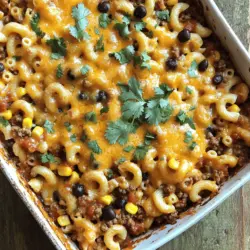 - 8 oz elbow macaroni - 1 lb ground beef (or turkey) - 1 small onion, diced - 2 cloves garlic, minced - 1 packet taco seasoning - 1 cup salsa - 1 can (15 oz) black beans, drained and rinsed - 1 cup corn (frozen or canned) - 2 cups shredded cheddar cheese (divided) - 1 cup sour cream - 1/2 cup chopped fresh cilantro (optional for garnish) - Salt and pepper, to taste When I think about making Cheesy Taco Pasta Bake, I get excited. This dish is packed with flavor and comfort. The main ingredients are simple but crucial. The elbow macaroni serves as the perfect base. Ground beef or turkey adds protein and heartiness. Diced onion and minced garlic give it a nice aromatic touch. Next, we have the flavor additions. Taco seasoning brings that classic taste. Salsa adds a tangy kick and moisture. The black beans offer fiber and texture. Corn adds sweetness, making each bite delightful. For toppings, shredded cheddar cheese is a must. It melts beautifully and creates that gooey layer we all love. Sour cream adds creaminess, balancing the flavors. Fresh cilantro can enhance the dish visually and flavor-wise, but it’s optional. Finally, don’t forget to season with salt and pepper to your liking. This recipe is a great way to bring the family together. If you want to try it out, you can find the Full Recipe in the article for detailed steps. - Preheat your oven to 350°F (175°C). - Cook the elbow macaroni according to package instructions. Aim for al dente. This means it should still have a slight bite. Drain it well and set aside. - In a large skillet, brown the ground beef, diced onion, and minced garlic over medium heat. Stir often for about 5-7 minutes. You want the meat to be fully cooked and the onion soft. - Next, stir in the taco seasoning, salsa, black beans, and corn. Cook this mixture for 3-4 minutes. Ensure everything heats through and blends well. This step builds that delicious flavor. - In a large mixing bowl, combine the cooked macaroni with the meat mixture, half of the cheddar cheese, and sour cream. Mix until everything is well combined. Season with salt and pepper to taste. - Transfer the mixture to a greased 9x13 inch baking dish. Spread it evenly to avoid uneven cooking. - Top with the remaining cheddar cheese for that perfect melty finish. - Bake in the preheated oven for 25-30 minutes. Look for bubbling cheese that is slightly golden. This stage ensures a wonderful texture and flavor. Now you are ready to enjoy a great meal. For the complete cooking instructions, check the Full Recipe. To boost the flavor of your Cheesy Taco Pasta Bake, think about adding spices. A pinch of cumin or smoked paprika can add depth. If you crave heat, a few dashes of hot sauce work wonders. For cheese substitutes, consider Monterey Jack or Pepper Jack. These cheeses melt well and add a nice kick. For perfect macaroni texture, cook it until just al dente. This means it should still have a little bite. Drain it well to avoid extra moisture. When cooking the beef mixture, break it apart with a spoon. This ensures even cooking. Keep the heat steady and stir often. You want everything to blend nicely. Garnishing your dish makes it more appealing. A sprinkle of fresh cilantro adds color and flavor. You could also use chopped green onions for a nice crunch. Serve it in a colorful bowl for a fun touch. Pair the dish with tortilla chips or a simple salad to complete the meal. {{image_2}} You can easily change the protein. Use chicken or turkey instead of beef. For a vegetarian option, try black beans or lentils. Adding veggies makes it better! Bell peppers and zucchini are great choices. Chop them up and mix them in. They add color and taste. If you need gluten-free pasta, pick a rice or corn-based option. These work well in the bake. For dairy-free needs, look for vegan cheese and sour cream. Many brands taste great and melt nicely. You can enjoy the dish without worry! Want it mild? Use a gentle salsa. If you like heat, pick a spicy salsa or add jalapeños. You can also mix in some cayenne pepper for extra kick. Adjust the spice to make it just right for you! To keep your Cheesy Taco Pasta Bake fresh, store it in the fridge. Use an airtight container. Make sure to let it cool first. This will help keep the pasta from getting soggy. It can last for about three to four days in the fridge. For long-term storage, a glass or plastic container works best. You can also use a foil-covered baking dish for easy access. Just wrap it well to keep out air. When it's time to enjoy leftovers, you can reheat it in two ways: oven or microwave. The oven keeps the texture nice. Preheat it to 350°F (175°C). Place the pasta bake in a baking dish, cover with foil, and heat for about 15-20 minutes. If you're in a hurry, use the microwave. Place a portion in a microwave-safe bowl. Heat for about two to three minutes. Stir halfway through to warm it evenly. To keep the taste, add a splash of salsa or a little cheese on top before reheating. This adds moisture and flavor. You can freeze the Cheesy Taco Pasta Bake for later. Just cool it completely before freezing. Use a freezer-safe container or wrap it tightly in plastic wrap. This will prevent freezer burn. It can last up to three months in the freezer. When you're ready to eat it, thaw it overnight in the fridge. After thawing, reheat it in the oven at 350°F (175°C) for about 25 minutes. You can also use the microwave, but the oven gives it a better texture. Follow these steps for a tasty meal, even days later! For the Full Recipe, visit the recipe section. Cheesy Taco Pasta Bake lasts about 3 to 4 days in the fridge. Store it in an airtight container to keep it fresh. Make sure to let it cool first before sealing. This way, you keep the taste and texture nice. Yes, you can make this dish ahead of time. To do this, prepare the recipe, but do not bake it yet. Cover the dish tightly with foil and refrigerate. When ready, bake it straight from the fridge. Just add a few extra minutes to the cooking time. Absolutely! This recipe works great for meal prep. You can divide it into portions before baking. Store each portion in separate containers. When you need a meal, just reheat in the microwave or oven. It saves time and makes meal planning easy. You can serve this dish with a side of salad or some tortilla chips. A dollop of sour cream on top adds creaminess. You might also enjoy it with some fresh guacamole or pico de gallo. These sides balance the flavors and make it fun. Yes, feel free to add more veggies! Bell peppers, zucchini, or spinach work well. Just chop them up and add them to the meat mixture. This will add color and nutrients without changing the flavor too much. You can find the Full Recipe for Cheesy Taco Pasta Bake in the article above. It gives you all the details you need to create this delicious meal. This blog post covered every step to make Cheesy Taco Pasta Bake. We explored the main ingredients, flavor additions, and toppings. I detailed easy cooking methods and shared tips for perfecting your dish. I also discussed variations and proper storage to keep your leftovers fresh. Enjoy making this tasty meal that suits any occasion. You'll impress your family and friends while making dinnertime fun!