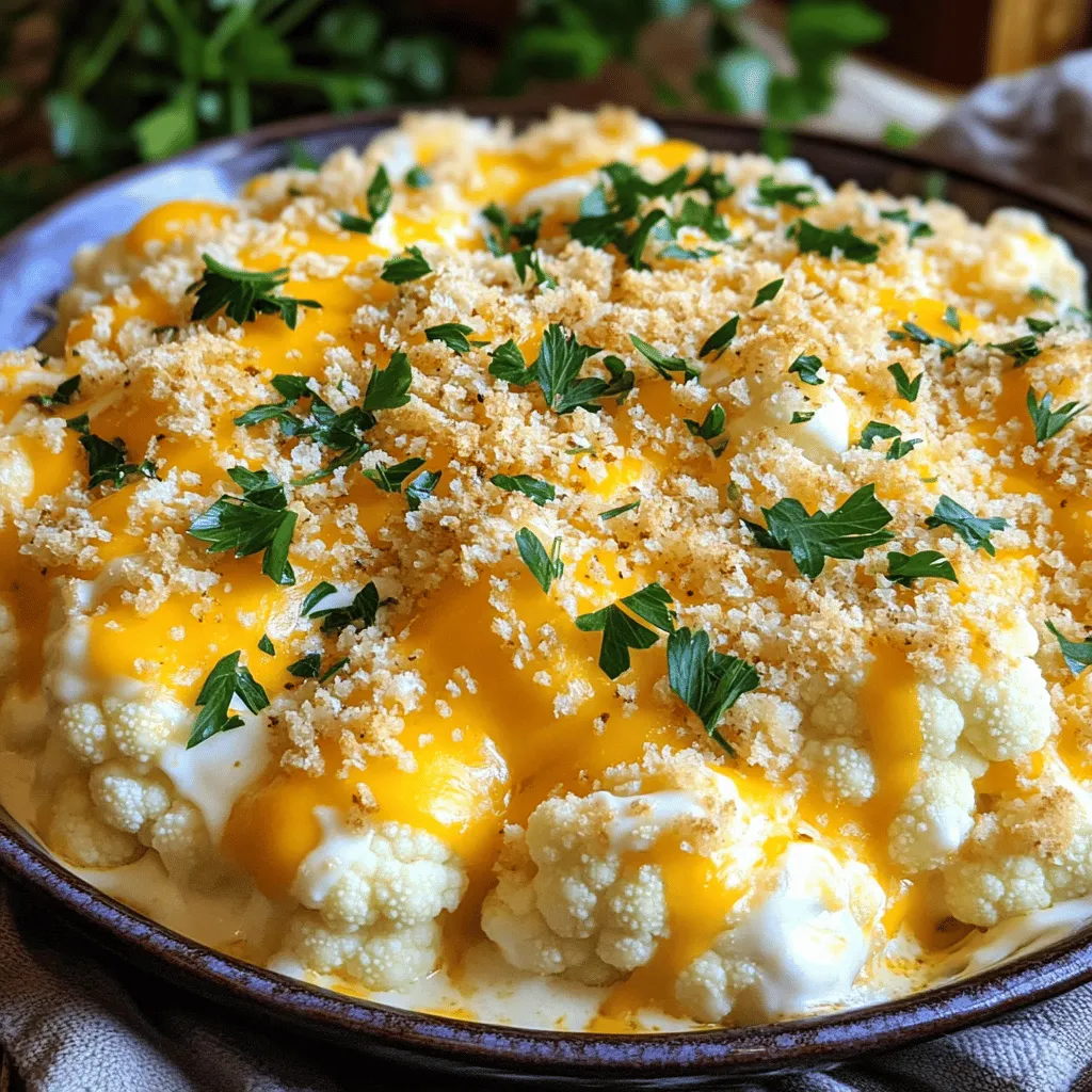 - 1 large head of cauliflower, cut into florets - 1 cup sharp cheddar cheese, shredded - 1 cup mozzarella cheese, shredded - ½ cup cream cheese, softened - ½ cup sour cream - 2 cloves garlic, minced - 1 teaspoon paprika - ½ teaspoon onion powder - Salt and pepper to taste - ½ cup breadcrumbs (for topping) - 2 tablespoons fresh parsley, chopped (for garnish) Cheesy Cauliflower Bake is all about simple ingredients. Start with a large head of cauliflower. Cut it into small florets to ensure even cooking. This veggie serves as the backbone of the dish. Next, we add cheese. Sharp cheddar and mozzarella create a rich, melty flavor. I love using a mix of these cheeses for depth. For creaminess, we use cream cheese and sour cream. These two ingredients blend smoothly and add a luscious texture. Don't forget the seasonings! Garlic, paprika, and onion powder add warmth and flavor. Adjust salt and pepper to your taste. Finally, we finish it off with breadcrumbs. They give a nice crunch on top. A sprinkle of fresh parsley adds a pop of color. For the full recipe, check out the details above. This dish brings comfort and joy in every bite! - Preheat your oven to 375°F (190°C). - Boil cauliflower florets in salted water for 5-7 minutes until slightly tender. Boiling makes the cauliflower soft but not mushy. This step helps it mix well with the cheese later. - Create the cheese mixture with cream cheese, sour cream, garlic, paprika, onion powder, salt, and pepper. - Stir in half of the cheddar and mozzarella cheeses. Mixing these ingredients creates a creamy base. The garlic adds a nice flavor, while paprika gives it a warm hue. - Combine cooked cauliflower with cheese mixture and sprinkle remaining cheeses on top. - Mix breadcrumbs with olive oil and sprinkle over the dish before baking. After mixing, the cheese will melt and bubble in the oven. The breadcrumbs will get crunchy, adding texture to each bite. For the full recipe, check out the complete guide. - Avoid overcooking the cauliflower to keep it crunchy. - Cook it just until it’s slightly tender, about 5-7 minutes. - Make sure the cheese mixture is well mixed for the best taste. - Clumps of cheese can lead to uneven flavor. - Use fresh parsley for a bright color and fresh taste. - A sprinkle on top makes the dish look nice. - Serve it hot to bring out all the flavors and keep the cheese gooey. - Watch the baking time closely to prevent burning. - Aim for a golden brown top without overdoing it. - Try using a broiler for a few minutes at the end. - This gives a lovely, crispy finish to your Cheesy Cauliflower Bake. These tips will help you create a dish that not only tastes great but looks stunning too! If you want to know how to make this delicious dish, check out the Full Recipe. {{image_2}} You can make your Cheesy Cauliflower Bake even tastier with some fun add-ins. Try using different cheeses, like gouda or parmesan. These cheeses bring a unique flavor. Also, consider adding cooked bacon bits for a smoky taste. If you want a low-carb twist, you can swap cauliflower for broccoli. Broccoli has a similar texture and works well in this dish. You can also use almond flour instead of breadcrumbs. This makes the recipe gluten-free and still delicious. To spice things up, add crushed red pepper flakes. This will give your bake a nice kick. You can also include Italian herbs like oregano or basil. These herbs add depth and flavor that make the dish even more enjoyable. Store any leftover Cheesy Cauliflower Bake in an airtight container in the fridge. It stays fresh for up to 3 days. This makes it easy to enjoy a tasty meal later in the week! To freeze, let the dish cool completely. Then, wrap it tightly in foil. You can freeze it for up to 2 months. This is a great way to save some for a busy day when you want comfort food without much effort. For the best texture, reheat in the oven. Set it to 350°F (175°C) and warm it for about 15 minutes. If you need a quicker option, use the microwave. Just heat for 1-2 minutes, checking often to avoid overheating. Enjoy your cheesy delight again! Yes, you can prepare and assemble the dish. Just refrigerate it. Bake when you are ready to serve. This makes it easy for busy days or gatherings. This dish pairs well with grilled meats like chicken or steak. It also makes a great side for potlucks. Try serving it with a fresh salad for a complete meal. To make this dish healthier, use low-fat cheese options. You can also reduce the amount of cream cheese and sour cream. This way, you keep the taste while cutting calories. Yes, frozen cauliflower works well too. Just adjust the boiling time. Cook it until tender, but not mushy. Using frozen can save time and still taste great. This blog post covered all you need to know for a tasty Cheesy Cauliflower Bake. We discussed the main and additional ingredients, plus simple steps to prepare, mix, and bake. I shared tips to perfect your dish and offered fun variations to keep it fresh. In conclusion, this recipe is not only delicious but also versatile. Enjoy making it your own with your favorite ingredients.