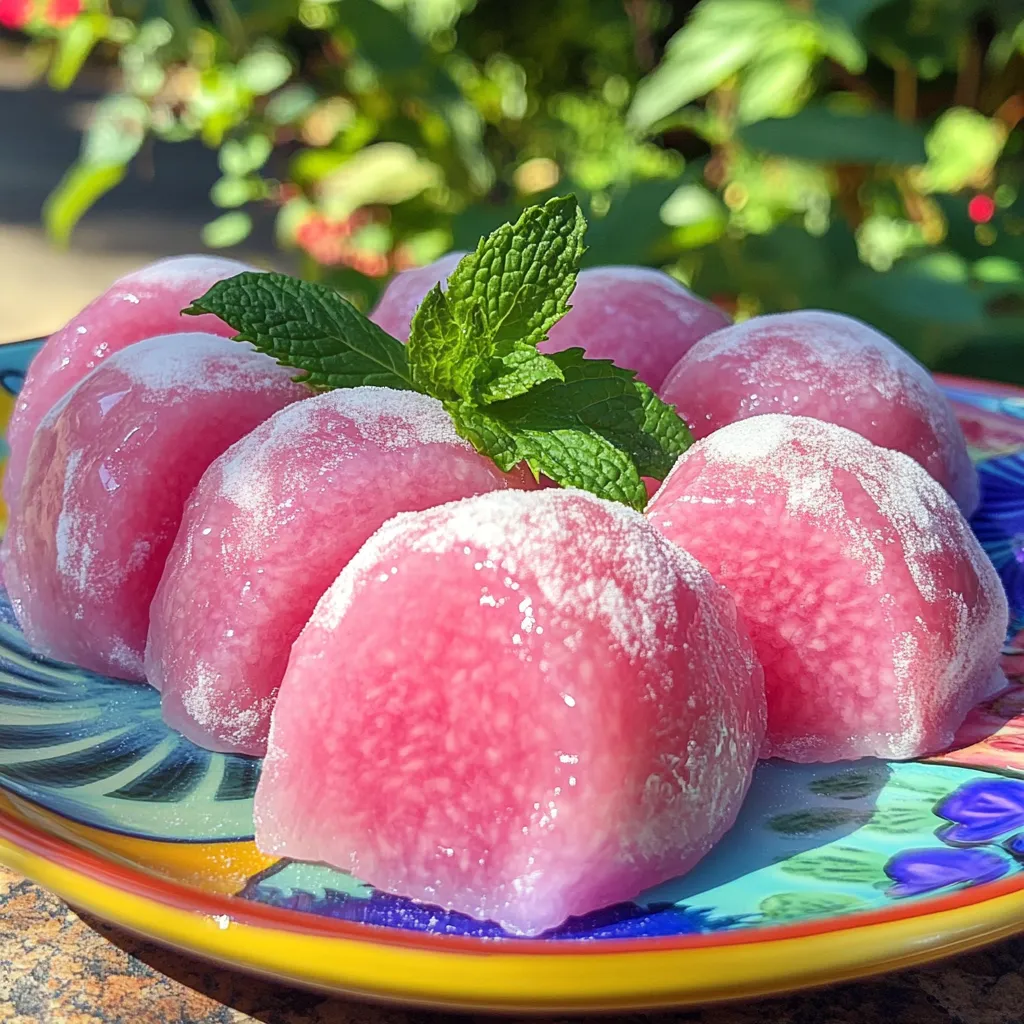 To make a tasty watermelon mochi, you need: - 2 cups watermelon puree (freshly blended watermelon) - 1 cup glutinous rice flour (mochi flour) - 1/4 cup sugar (adjust to taste) - 1/2 cup water - Cornstarch (for dusting) These ingredients create a sweet and chewy treat that everyone loves. You can add some fun flavors to your mochi. Try using: - Matcha powder for a green tea kick - Coconut flakes for a tropical touch These garnishes not only taste great but also make your mochi look pretty. To prepare your watermelon mochi, gather these tools: - A blender for the watermelon puree - A mixing bowl for the ingredients - A microwave-safe bowl for cooking - A wet paper towel to keep moisture in - A clean surface for shaping the mochi Having these tools ready will make your cooking process smooth and easy. Start by cutting a fresh watermelon into small pieces. Blend the pieces until smooth to make the puree. If you want a smoother texture, strain it through a fine mesh sieve. Aim for about 2 cups of watermelon puree. This will give your mochi a fresh and juicy flavor. In a mixing bowl, add 1 cup of glutinous rice flour and 1/4 cup of sugar. Mix them well so the sugar spreads evenly. Slowly pour in the watermelon puree and 1/2 cup of water. Stir until you see a smooth batter. It should be thick but pourable. Next, transfer this mixture to a microwave-safe bowl. Cover it with a wet paper towel. This helps keep it moist while cooking. Microwave on high for about 2-3 minutes. After that, take it out and stir. Put it back in the microwave for another 2-3 minutes. Your mixture should look sticky and slightly clear. Let the mochi mixture cool for a bit so it’s easier to touch. Dust a clean surface with cornstarch to prevent sticking. With cornstarch on your hands, take small portions of the mochi dough. Shape each piece into small rounds, using about 1 tablespoon per piece. You can flatten them slightly to make disks. If you like, wrap the mochi around small bits of diced watermelon for a fun surprise. You can also roll the mochi in matcha powder or coconut flakes for added flavor. Once shaped, let the mochi rest for about 30 minutes to firm up. Serve chilled for a refreshing treat. Check out the Full Recipe for more details! When making watermelon mochi, avoid using too much water. This makes the dough too runny. Always measure your watermelon puree. If you skip straining the puree, your mochi may be too watery. Remember to dust your hands and the surface with cornstarch. This keeps the dough from sticking. Lastly, do not skip the resting time after shaping. This helps the mochi firm up. For the best texture, use glutinous rice flour. This gives the mochi its chewy quality. Mix the ingredients until smooth, but do not overmix. When microwaving, stir the mixture halfway through to ensure even cooking. If your mochi is too sticky, it might need a bit more cornstarch when shaping. Aim for a dough that is thick yet pourable before cooking. Watermelon mochi is a fun treat on its own, but you can make it even better! Serve it with a scoop of vanilla ice cream or a drizzle of chocolate sauce. Pair it with fresh mint leaves for a refreshing touch. You can also offer a side of matcha tea for a unique flavor combo. For a party, arrange the mochi on a colorful plate. This makes a lovely presentation that will impress your guests. For the full recipe, check out the details above. {{image_2}} You can use many fruits to make mochi. Try mango, strawberry, or peach. Each fruit adds its own flavor and sweetness. You just need to replace the watermelon puree with your chosen fruit puree. Fresh or frozen fruit works well. Remember to adjust the sugar based on the fruit's sweetness. Adding flavors can make your mochi special. Mix in some vanilla extract or a splash of citrus juice. You can also try spices like cinnamon or cardamom for warmth. For a fun twist, add finely shredded coconut or chocolate chips to the batter. These extras give a new taste to each bite. Mochi doesn’t have to be round! You can shape it into squares or fun shapes using cookie cutters. This is great for parties or kids. You can serve mochi on a stick for easy eating. Just poke a skewer through each piece. You can also layer your mochi with whipped cream or yogurt for a dessert trifle. To store leftover mochi, place it in an airtight container. This helps keep the mochi soft and fresh. You can also use plastic wrap to keep each piece separate. Make sure to keep the container in the fridge. This will prevent it from drying out. To freeze mochi, first dust each piece with cornstarch. This stops them from sticking together. Place the mochi in a single layer on a baking sheet. Freeze for about one hour until firm. Then, transfer the pieces to a freezer bag. This way, you can enjoy watermelon mochi anytime. Fresh watermelon mochi lasts about 3 to 5 days in the fridge. If stored properly, it can last up to 3 months in the freezer. However, for the best taste, eat it within a month. Over time, the texture may change, but the flavor remains delicious. The best way to eat watermelon mochi is chilled. This treat is perfect on a hot day. You can enjoy it plain or with a piece of fresh watermelon inside. It has a chewy texture that makes each bite fun. Pair it with green tea for a great flavor combo. You can also serve it on a colorful plate to impress your friends. Yes, you can make watermelon mochi without a microwave! Use a steamer instead. First, prepare the batter as directed. Then, pour it into a heat-safe dish. Place this dish in a steamer and cover it. Steam for about 20 minutes, checking for doneness. The mochi should be sticky and slightly translucent when done. Let it cool, then shape it as you would normally. You can adjust the sweetness of watermelon mochi easily. Start with the suggested 1/4 cup of sugar in the recipe. If you like it sweeter, add more sugar. Mix well to ensure it dissolves. If you prefer less sweetness, reduce the sugar amount. You can also use honey or agave syrup as alternatives. Taste the mixture before cooking to find your perfect balance! Watermelon mochi blends fun flavors with easy steps to make a tasty treat. You learned about the key parts, from ingredients to tools. I shared tips to avoid common mistakes and ensure a great texture. You also discovered fun ways to change up flavors and shapes. Remember, storing your mochi well helps keep it fresh. Enjoy making your watermelon mochi, and feel free to get creative with your flavors. Happy cooking!