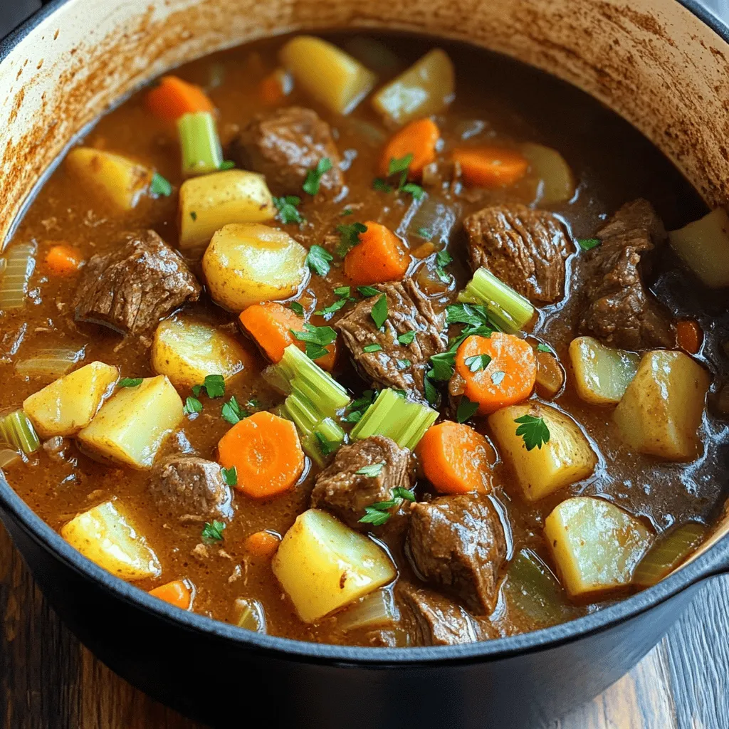 To make a great beef stew, you need some key ingredients. Here’s what you need: - 2 lbs beef chuck, cut into 1-inch cubes - 3 tablespoons olive oil - 1 large onion, diced - 3 garlic cloves, minced - 4 medium carrots, sliced - 3 stalks celery, diced - 4 medium potatoes, cubed - 4 cups beef broth - 1 tablespoon tomato paste - 2 teaspoons dried thyme - 2 teaspoons dried rosemary - 1 bay leaf - Salt and pepper to taste Each of these ingredients adds to the stew's rich flavor and texture. The beef chuck gives you nice, tender pieces. The vegetables add color and sweetness. Seasoning is vital for a tasty stew. Here are my top picks: - 2 teaspoons dried thyme - 2 teaspoons dried rosemary - 1 bay leaf - Salt and pepper to taste These herbs bring warmth and depth. Thyme and rosemary pair well with beef. They create a comforting taste. Adjust the salt and pepper to your liking. A beautiful stew deserves a nice finish. Here are some garnishes you can use: - Fresh parsley, chopped Chop fresh parsley and sprinkle it on top before serving. It adds a pop of color and freshness. You can also use crusty bread on the side. It’s perfect for dipping in the stew. For the complete recipe, check out the Full Recipe section. Start by gathering your ingredients. You want fresh beef and veggies. Cut the beef chuck into 1-inch cubes. Dice the onion, mince the garlic, and slice the carrots. Dice the celery and cube the potatoes. Having everything ready makes cooking easier. Browning the beef is key for flavor. Heat olive oil in a large Dutch oven over medium-high heat. Add the beef in batches. Don't crowd the pot. Brown each piece on all sides. This takes about 5 minutes. Once browned, remove the beef and set it aside. This step gives your stew a deep, rich taste. Next, add the onions to the same pot. Sauté until they turn translucent, about 5 minutes. Add the minced garlic and cook for one more minute. Then, toss in the carrots and celery. Stir and cook for 5 minutes. This softens the veggies. Return the browned beef to the pot. Add the cubed potatoes too. Pour in the beef broth and stir in the tomato paste, thyme, rosemary, and bay leaf. Season with salt and pepper. Bring everything to a boil. Reduce the heat to low and cover. Let it simmer for 1.5 to 2 hours. This allows the flavors to blend. Stir occasionally and add broth if needed. When done, remove the bay leaf. Your hearty beef stew is now ready! For the complete recipe, refer to the Full Recipe section. To get tender beef, start with good cuts. I love using beef chuck. Cut it into 1-inch cubes. Make sure to brown the beef well. This step adds flavor. Cook it in batches to avoid steaming. Let it rest after browning. This helps keep the juices inside. To thicken your stew, use a few methods. One way is to mash some potatoes in the pot. They break down and add creaminess. You can also add a cornstarch slurry. Mix cornstarch with cold water, then stir it in. Let the stew cook a bit longer. It will thicken nicely. For a flavor boost, consider adding red wine. It deepens the taste and adds richness. You can also try fresh herbs like parsley or thyme. Adding a splash of Worcestershire sauce gives it a savory kick. Don’t forget to adjust seasoning. Taste as you go to find the right balance. For the full recipe, check the link provided. {{image_2}} You can swap beef for other meats if you want. Try pork or lamb for a new flavor. Chicken works well too, but it cooks faster. Adjust the cooking time to keep it juicy. Use the same steps as the beef stew. For a meat-free stew, use hearty vegetables like mushrooms and eggplant. These add great texture and flavor. You can also use lentils or chickpeas for protein. Replace beef broth with vegetable broth for a rich taste. Add beans for extra nutrition. Explore global flavors by adding spices. Try paprika for a smoky touch, or cumin for warmth. You can make a French-style stew with red wine and herbs. For an Irish twist, add stout beer and serve with soda bread. Each change gives a new spin on the classic dish. For more details on making this stew, check the Full Recipe. Store your hearty beef stew in airtight containers. Let it cool to room temperature first. Then, cover tightly and place it in the fridge. It stays good for about three to four days. If you want to keep it longer, consider freezing it. When reheating, use a pot on the stove. This helps keep the stew moist and tasty. Add a splash of broth or water if it looks too thick. Stir often on low heat until hot. You can also use a microwave, but the stove method is best for flavor. To freeze your beef stew, use freezer-safe containers. Leave some space at the top, as the stew expands when frozen. It can last for up to three months in the freezer. When ready to eat, thaw it in the fridge overnight. Then, reheat as mentioned before. Enjoy your comforting stew anytime! You can check if the beef is tender by using a fork. If the beef pulls apart easily, it is done. Another way is to cook it low and slow. This method helps break down tough fibers. Aim for a cooking time of about 1.5 to 2 hours. You want the beef to be soft and juicy. Taste testing is also a good method. If it melts in your mouth, you got it right! Yes, you can make Hearty Beef Stew in a slow cooker. Start by browning the beef as in the full recipe. After you brown the beef, add it to the slow cooker. Then, add all the chopped veggies and seasonings. Pour in the beef broth and stir well. Cook on low for about 6 to 8 hours. This slow method brings out rich flavors. Your stew will be warm and comforting. Several side dishes go well with beef stew. You might try crusty bread for dipping. A simple green salad adds freshness to the meal. Mashed potatoes also work great as a side. They soak up the stew’s savory sauce. Steamed veggies like green beans or peas are nice too. They add color and nutrition to your plate. Enjoy mixing and matching these sides! To make a great Hearty Beef Stew, we covered key ingredients, steps, and tips. You learned how to prepare beef and veggies, brown the meat, and simmer flavors. We explored ways to boost taste and discussed tasty variations. Proper storage and reheating can keep your stew fresh. Remember, a good stew comes from quality ingredients and patience. Enjoy making your next batch! It will warm your heart and your stomach.