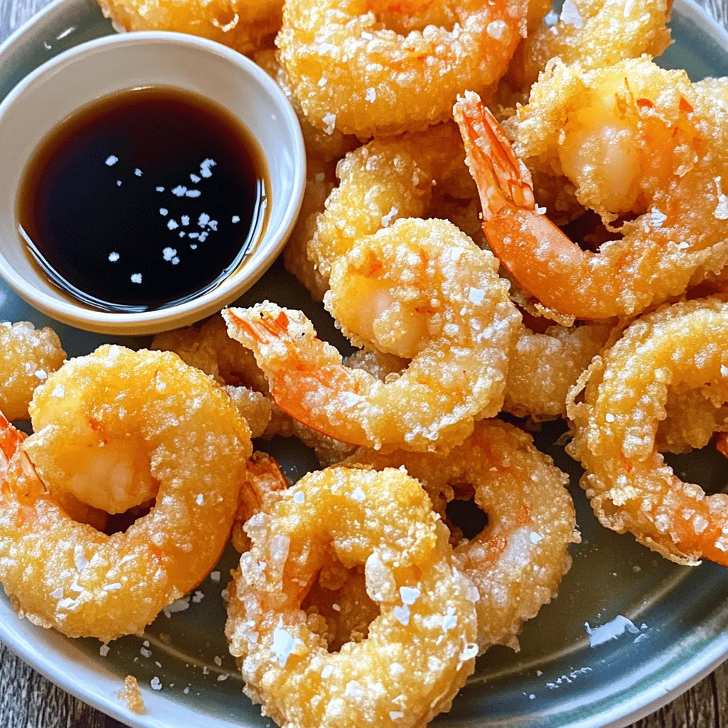 - 1 pound large shrimp, peeled and deveined - 1 cup all-purpose flour - 1/4 cup cornstarch - 1 teaspoon baking powder - 1 cup cold sparkling water - 1/2 teaspoon salt - Oil for frying (vegetable or canola) - Optional: 1 cup panko breadcrumbs for extra crunch - Dipping sauce: soy sauce or ponzu sauce The main star of this dish is the shrimp. Choose large, fresh shrimp for the best taste. The all-purpose flour and cornstarch create a light, crispy batter. Cornstarch helps absorb moisture, making your tempura crispier. Baking powder adds airiness to the batter. Cold sparkling water gives the tempura a unique texture. It keeps the batter light and fluffy during frying. Salt enhances the flavor of each bite. For extra crunch, you can add panko breadcrumbs. They make the tempura even crispier. You can also explore different dipping sauces. Soy sauce and ponzu sauce both pair well. They add a salty, tangy kick to your dish. Feel free to get creative with flavors that excite your palate. Start by taking 1 pound of large shrimp. Peel and devein them carefully. Pat them dry using paper towels. This step is key for making crispy shrimp. If the shrimp are wet, they will not fry well. Dry shrimp will absorb less oil and get that nice crunch. In a bowl, mix 1 cup of all-purpose flour, 1/4 cup of cornstarch, 1 teaspoon of baking powder, and 1/2 teaspoon of salt. Slowly add 1 cup of cold sparkling water while you whisk. Mix it gently until just combined. Don’t worry about lumps; they are okay. Overmixing will make the batter tough. Heat about 2 inches of oil in a deep pan. Aim for 350°F (175°C). You can test the oil by dropping in a bit of batter. It should sizzle and rise. For added crunch, dip the shrimp in panko breadcrumbs before the batter. This is optional but tasty. Fry the shrimp in batches, ensuring not to crowd the pan. Dip each shrimp in the batter, then place it in the hot oil. Fry for 2-3 minutes until golden brown. Remove them and let them drain on paper towels. Serve hot with soy sauce or ponzu sauce. Check out the Full Recipe for more details! To make your shrimp tempura extra crispy, start with dry shrimp. Pat them with paper towels to remove moisture. This step is key. Next, use cold sparkling water in your batter. The bubbles help create a light texture. For even more crunch, consider using panko breadcrumbs. They provide a delightful crispness that you will love. One common mistake is overmixing the batter. It’s okay if there are lumps; they help with texture. Also, ensure your oil is hot enough. If it’s not, the shrimp will soak up oil and become greasy. Frying too many shrimp at once can lower the oil temperature. This will lead to soggy tempura. Work in small batches for the best results. Fry your shrimp at 350°F (175°C) for golden perfection. Use a thermometer to check the oil temperature. When placing shrimp in the oil, do it gently. This prevents splashing and burns. Let the shrimp fry for 2-3 minutes on each side. They are done when they turn golden brown. After frying, place them on paper towels to drain excess oil. This keeps them crispy. For the best experience, serve your crispy shrimp tempura with a tasty dipping sauce like soy or ponzu. {{image_2}} You can add veggies to your tempura feast. Common choices include sweet potatoes, zucchini, and bell peppers. Cut them into thin strips for even frying. These veggies soak up the batter well and taste amazing. You can serve them alongside shrimp for a colorful dish. Try to fry them for about 2-3 minutes until they turn golden brown. While soy sauce is classic, you can get creative with dipping sauces. A mix of soy sauce and vinegar brings a tangy twist. You can also try a spicy mayo or a citrusy ponzu sauce. For a unique touch, mix honey with soy sauce for sweetness. These sauces enhance the flavor of your crispy shrimp tempura. If you want to switch things up, try other seafood. Scallops and calamari work well in tempura. Both can be coated with the same batter. Just remember to adjust the frying time; they may cook faster than shrimp. Enjoy the variety of flavors that different seafood brings to your meal. For a full recipe, check out the Crispy Shrimp Tempura recipe. After you enjoy your crispy shrimp tempura, store leftovers right away. Place the shrimp in an airtight container. Keep it in the fridge for up to three days. This helps to keep them fresh. The batter may lose some crunch, but the shrimp will still taste good. To reheat your tempura, use an oven or an air fryer. Preheat the oven to 375°F (190°C). Spread the shrimp on a baking sheet. Heat them for about 10 minutes. An air fryer works well too. Set it to 350°F (175°C) and cook for about 5 minutes. This keeps the tempura crispy. You can freeze tempura for later use. First, let the shrimp cool completely. Then, place them in a single layer on a baking sheet. Freeze for about one hour. After that, transfer the shrimp to a freezer bag. They can last for up to three months. When ready to eat, thaw them in the fridge and reheat as mentioned. Enjoy the crispy goodness later! The secret to crispy tempura lies in the batter and the oil. You want to use cold sparkling water when making the batter. Cold water helps keep the batter light and airy. The use of cornstarch also adds to the crunch. Frying at the right temperature is key. Oil should be around 350°F (175°C). If the oil is too hot, the tempura burns. If it is too cool, the tempura becomes soggy. Yes, you can make tempura batter in advance. However, it is best to use it right away. If you must store it, cover it and keep it in the fridge. Use it within a few hours for a good texture. When you are ready to fry, gently mix it again. Avoid overmixing to keep the batter light. Crispy shrimp tempura goes well with many side dishes. Some great options include: - Steamed rice - Miso soup - Seaweed salad - Pickled vegetables - Soba noodles These sides add flavor and balance to your meal. Enjoy your crispy shrimp tempura with a tasty dipping sauce, like soy sauce or ponzu sauce. For the full recipe, check out the earlier section. This blog post covered how to make shrimp tempura, starting with key ingredients and their roles. You learned step-by-step instructions for preparing shrimp, making batter, and frying for crispiness. I shared valuable tips to avoid common mistakes and ensure the best results. You also explored tasty variations and how to store leftovers. Remember, perfecting shrimp tempura takes practice, but it’s worth it for the crunch and flavor. Enjoy your cooking journey, and get ready to impress with your new skills!