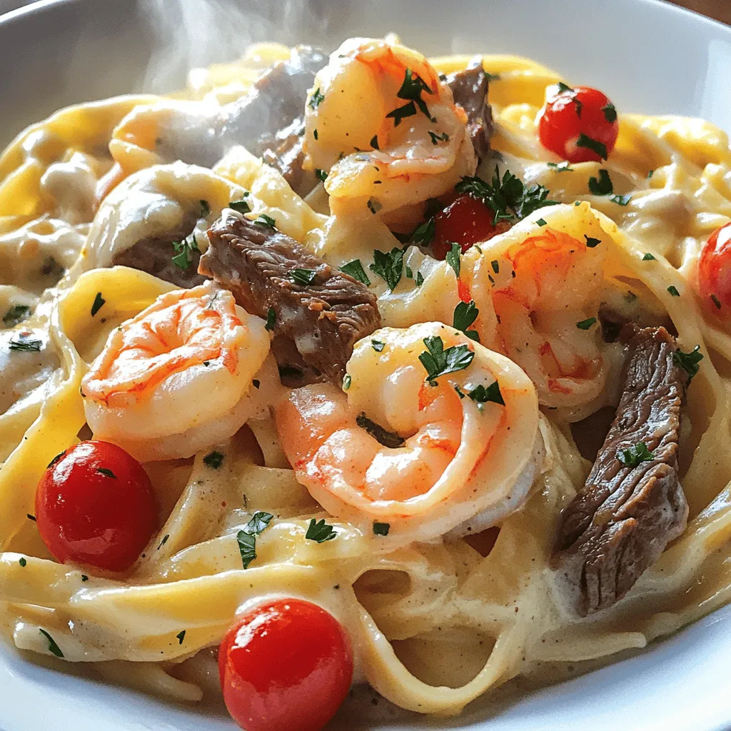 - 8 oz fettuccine pasta - 1 lb shrimp, peeled and deveined - 1 lb sirloin steak, cut into thin strips - 2 tablespoons Cajun seasoning (adjust to taste) - 2 tablespoons olive oil - 4 cloves garlic, minced - 1 cup heavy cream - 1 cup grated Parmesan cheese - 1 cup cherry tomatoes, halved - Salt and pepper to taste - Fresh parsley for garnish - Each serving has about 600 calories. - The dish includes protein from steak and shrimp, carbs from pasta, and fats from cream. - Contains allergens like shellfish, dairy, and gluten. - Use gluten-free pasta if needed. - Substitute heavy cream with coconut milk for a dairy-free version. - Adjust Cajun seasoning for more or less spice. Try paprika or Italian herbs for a milder taste. To start, fill a large pot with water and add salt. Bring the water to a boil. Once it boils, add 8 oz of fettuccine pasta. Cook it according to the package directions. This usually takes about 8-10 minutes. You want the pasta to be al dente, which means it should be firm but not hard. To check, taste a piece a minute or two before the time is up. When done, drain the pasta and set it aside. Next, let’s season the steak. Take 1 lb of sirloin steak and cut it into thin strips. Place the strips in a bowl and add 1 tablespoon of Cajun seasoning. Toss the steak well to coat it evenly. Now, heat 1 tablespoon of olive oil in a large skillet over medium-high heat. Add the steak strips and cook for about 4-5 minutes. Stir occasionally until it turns brown and reaches your desired doneness. For medium-rare, aim for an internal temp of 135°F. Once cooked, remove the steak from the skillet and set it aside. Now, it’s time to cook the shrimp. Use the same skillet for added flavor. Add 1 tablespoon of olive oil and then place 1 lb of peeled and deveined shrimp in the skillet. Sprinkle the remaining Cajun seasoning over the shrimp. Sauté for about 2-3 minutes or until the shrimp turn pink and are cooked through. Remember, shrimp cook quickly, so keep an eye on them! Once done, remove them from the heat. In the same skillet, lower the heat to medium. Add 4 cloves of minced garlic and sauté for about 30 seconds until fragrant. Then, pour in 1 cup of heavy cream. Stir constantly and bring it to a gentle simmer. Now comes the cheese! Gradually add 1 cup of grated Parmesan cheese. Stir until the cheese melts and the sauce thickens, about 2-3 minutes. Taste and add salt and pepper to your liking. Finally, it’s time to mix everything together. Add the cooked fettuccine, cherry tomatoes, cooked steak, and shrimp into the skillet with the Alfredo sauce. Toss everything gently until it’s well combined and heated through. This ensures every bite is full of flavor. If you want to take it up a notch, cook everything together for an extra minute. This helps the flavors meld. Serve it hot, and enjoy your Cajun Shrimp and Steak Alfredo! For the complete process, check the Full Recipe. To prevent overcooked shrimp, pay attention to timing. Cook shrimp for just 2-3 minutes. They should turn pink and opaque. If you leave them too long, they become rubbery. For a smooth Alfredo sauce, avoid clumping by adding cheese slowly. Stir constantly as you add the cheese to the cream. This keeps the sauce creamy and rich. You can elevate the dish with fresh herbs like basil or thyme. A sprinkle of red pepper flakes adds a nice kick. Consider using smoked paprika for depth. For garnishing, fresh parsley brightens up the plate. You can also use a squeeze of lemon juice for a fresh finish. Use a heavy skillet for cooking steak and shrimp. A non-stick pan helps prevent sticking and makes cleanup easy. A large pot is best for boiling pasta. For preparation, a good knife and cutting board are key. Tongs help you toss the pasta and sauce together evenly. A large serving bowl makes plating simple. For the full recipe, check the provided link. {{image_2}} You can switch up the proteins in Cajun Shrimp and Steak Alfredo. If you want a change, try chicken. It cooks well and absorbs flavors nicely. You can also use pork for a different taste. For a meatless dish, tofu is a great choice. Just press it well to remove moisture, then season it with Cajun spices. This keeps the dish flavorful and satisfying. Adjusting spice levels can change the whole dish. If you prefer milder flavors, use less Cajun seasoning. You can also add more spice for a kick. Adding veggies can enhance both flavor and nutrition. Spinach brings a nice color, while bell peppers add crunch. Broccoli is another tasty option that also boosts health benefits. Mix and match as you like! The sauce base can also vary. You can keep it creamy or try a lighter option. A mix of milk and yogurt can create a healthier sauce. Different cheese can change the taste, too. Instead of Parmesan, try a mix of mozzarella or cheddar. Each cheese adds its own unique flair, so feel free to experiment. These variations keep the dish fresh and exciting! For more details, check out the Full Recipe. To keep your Cajun Shrimp and Steak Alfredo fresh, store it in an airtight container. Place it in the fridge within two hours of cooking. This helps it stay safe to eat. Eat leftovers within three days for the best taste. If you want to freeze it, let it cool first. Then, divide it into smaller portions. Use freezer bags or containers to store it. Frozen Alfredo can last up to three months. Remember to label the bags with the date. When reheating, you want to keep that creamy texture. The best method is using a skillet. Add a splash of milk or cream to the dish. Heat it over low heat, stirring gently. This helps the sauce stay smooth. If you use the microwave, cover the dish with a damp paper towel. Heat it in short bursts, stirring in between. Avoid high heat, as it can cause the sauce to separate. With these tips, your leftovers will taste almost as good as the first time! Cajun Shrimp and Steak Alfredo blends Italian and Cajun foods. Cajun cooking hails from Louisiana. It mixes French, Spanish, and African flavors. Alfredo sauce has roots in Italy. It uses cream and cheese for a rich taste. This dish shows how cultures can unite through food. It brings spice and comfort to your table. Yes, you can prep some parts ahead. Cook the pasta and store it in the fridge. You can season and cook the steak and shrimp ahead. Keep them separate until serving. Make the sauce fresh for the best flavor. This way, you save time when it's dinner time. To cut calories, use less cream. You can swap heavy cream for half-and-half. Choose a lower-fat cheese for the sauce. You can also use whole wheat pasta for more fiber. Adjust portion sizes to keep it light. Small changes make a big impact on calories. To complement this dish, try a simple salad. A fresh green salad pairs well. Roasted veggies also add color and nutrition. Garlic bread can be a nice touch too. Each side enhances the flavors of the main dish. Mixing flavors makes your meal more enjoyable. For the detailed steps and presentation suggestions, check the [Full Recipe](#). Cajun Shrimp and Steak Alfredo is a crowd-pleaser. We've covered the ingredients, cooking steps, and even tips for variations. Understanding preparation and storage ensures this dish is always a hit. You can customize flavors or proteins while still keeping the rich, creamy taste. Remember, cooking is about having fun and experimenting. Enjoy creating your own version of this dish, and share it with family and friends for a memorable meal!