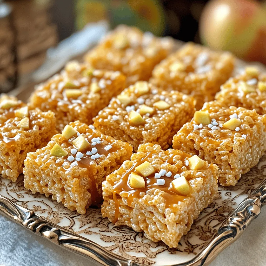 - 4 cups rice cereal (Krispy Rice) - 1 cup mini marshmallows - 1/2 cup unsalted butter - 1/2 cup salted caramel sauce (store-bought or homemade) - 1 teaspoon vanilla extract - 1 medium apple, diced (tart varieties like Granny Smith work best) - 1/2 teaspoon sea salt - Optional: 1/4 cup chopped nuts (such as pecans or walnuts) Choosing the right apple is key. For these treats, I suggest tart apples. They balance the sweet caramel. Granny Smith apples are my favorite. They stay crisp and add a nice bite. When you pick apples, look for these signs: - Firm skin - Bright color - No bruises or soft spots Fresh apples make your treats taste better. Always wash your apples before dicing. This keeps them clean and crunchy. You can use store-bought or homemade salted caramel. If you buy it, check the label. Look for quality ingredients, like real sugar and cream. This ensures a rich taste. For homemade, use simple ingredients: sugar, butter, and cream. - Cook sugar until golden. - Add butter and stir until melted. - Slowly mix in cream for a smooth sauce. This will give you a fresh, creamy caramel. It enhances every bite of the treats. You can find the full recipe for these delightful treats in the recipe section. First, grab a 9x13 inch baking dish. Line it with parchment paper. Leave some paper hanging over the edges. This will help you lift the treats out later. Lightly grease the parchment with cooking spray or a bit of butter. This step keeps the treats from sticking. Next, take a large saucepan and set it over medium heat. Add the unsalted butter and let it melt. Once it is melted, toss in the mini marshmallows. Stir them continuously until they are fully melted and smooth. This mix is the base for your treats. Once the marshmallows melt, remove the pan from heat. Now, mix in the salted caramel sauce. Add the vanilla extract and stir until everything is creamy and well blended. Then, it’s time to combine this with the rice cereal. - Add 4 cups of rice cereal into the pan. Stir gently until every piece is coated. If you want some crunch, add 1/4 cup of chopped nuts at this point. Fold them into the mix. Now, it's time for the star of the show: the apples. Take 1 medium apple and dice it into small pieces. Gently fold the apple pieces into the mixture. Be careful not to mash them. You want to keep those apple bits whole for a nice bite. Now, pour this mixture into the prepared baking dish. Use a spatula or your hands to press it down firmly. Make sure it is even and flat. Finally, lightly sprinkle 1/2 teaspoon of sea salt on top. This will enhance the caramel flavor and balance the sweetness. Let the treats cool at room temperature for 30 to 60 minutes. This will help them set nicely. Once cooled, use the parchment to lift them out. Cut into squares or rectangles and enjoy! For the full recipe, refer back to the ingredients and instructions provided. When making Salted Caramel Apple Krispy Treats, some simple errors can ruin your fun. Here are key mistakes to watch out for: - Not Greasing the Dish: If you skip greasing, your treats may stick. Always grease your dish or use parchment paper. - Overcooking the Butter: Melt the butter gently. If it burns, it changes the flavor and texture. - Adding Apples Too Early: If you add apples while mixing, they can break down. Wait until the mixture cools slightly before folding them in. To get the right texture, follow these steps: - Melt Marshmallows Fully: Ensure marshmallows are completely melted. Lumps can lead to uneven treats. - Press Firmly: When you pack the mixture into the dish, press firmly. This helps the treats hold together. - Cool Properly: Let the treats cool at room temperature. Avoid the fridge, as it can make them hard. Making your own salted caramel sauce is simple and adds a special touch. Here’s how: 1. Ingredients Needed: - 1 cup granulated sugar - 6 tablespoons unsalted butter - 1/2 cup heavy cream - 1 teaspoon sea salt 2. Make the Caramel: - In a saucepan, heat the sugar over medium heat, stirring until melted and golden. - Add butter carefully. The mixture will bubble. - Once combined, slowly pour in heavy cream. Stir until smooth. 3. Add Salt: After removing from heat, mix in sea salt. Let it cool before using in your treats. This homemade sauce brings depth and flavor to your Salted Caramel Apple Krispy Treats. If you want to follow the full recipe, be sure to check it out! {{image_2}} You can make these treats even more fun with chocolate. After they cool, melt some chocolate chips. Use a microwave or a double boiler for this. Drizzle the melted chocolate over the top of the treats. This adds a rich taste that pairs well with the caramel. It also makes them look fancy and special. Your guests will love the extra touch! You can change the flavor by adding nuts or dried fruits. Try using chopped pecans, walnuts, or even almonds. They add a nice crunch and nutty flavor. You can also add dried fruits like cranberries or raisins. These give a hint of sweetness and chewiness. Mix in any of these options when you add the rice cereal. This makes each bite a little different and exciting! If you need gluten-free treats, there are easy swaps. Use gluten-free rice cereal instead of regular ones. Check the labels to be sure. You can also make sure your caramel sauce is gluten-free. Most brands are, but it's always good to check. These changes make the treats safe for everyone. You won't lose any flavor, just the gluten! For the full recipe, see above. To keep your Salted Caramel Apple Krispy Treats fresh, store them in an airtight container. This helps maintain their chewy texture and rich flavor. Place parchment paper between layers if stacking. This prevents sticking and keeps them easy to grab. When stored properly, these treats can last for about 3 to 5 days at room temperature. If you notice them getting too hard, they may be drying out. Keep an eye on them, and enjoy them while they are still soft and tasty! If you want to save some for later, freezing is a great option. Wrap individual squares in plastic wrap, then place them in a freezer bag. They will stay good for up to 2 months in the freezer. To enjoy, just let them thaw at room temperature before indulging. For the full recipe, check out the complete instructions. Yes, you can use regular caramel sauce. However, it will lack the salty contrast. Salted caramel adds a nice balance to the sweet treats. If you want to mimic that flavor, sprinkle a little sea salt on top. This will enhance the taste and make it more exciting. I recommend using tart apples like Granny Smith. Their tartness pairs well with the sweet caramel. Other good choices include Honeycrisp and Fuji. They hold their shape well and add crunchiness. Avoid soft apples like Red Delicious, as they may turn mushy. To make these treats vegan, swap the butter for a plant-based butter. Use vegan mini marshmallows instead of regular ones. For the caramel, look for a vegan version or make your own using coconut milk. These changes keep the treats just as tasty and fun! In this blog post, we explored the key ingredients and steps to create delicious treats. We covered how to choose fresh apples and the best salted caramel sauce. We also provided tips for avoiding common mistakes and achieving perfect consistency. You can try fun variations like chocolate drizzle or gluten-free options. Remember, storing leftovers properly can keep them fresh for a longer time. These treats are fun to make and enjoy. I hope you try this recipe and share the joy with others!