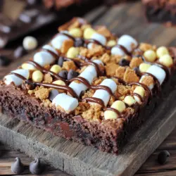 To make S'mores Brownie Bars, gather these ingredients: - 1 cup unsalted butter, melted - 1 1/4 cups granulated sugar - 1 cup packed brown sugar - 4 large eggs - 1 teaspoon vanilla extract - 1 cup all-purpose flour - 1/2 cup unsweetened cocoa powder - 1 teaspoon baking powder - 1/2 teaspoon salt - 1 cup milk chocolate chips - 1 cup mini marshmallows - 1 cup crushed graham crackers (about 8 full sheets) - Extra chocolate and marshmallows for topping These ingredients blend together to create a rich and gooey dessert. The butter brings moisture, while the sugars add sweetness. Eggs help bind the mix, creating a soft texture. Flour and cocoa powder create the brownie base. Baking powder gives it lift, and salt enhances flavor. Chocolate chips add richness, and marshmallows bring that classic S'mores taste. Graham crackers provide crunch and structure. The extra toppings make it even more fun and delicious. Check the Full Recipe for more details on how to prepare these delightful bars. - Preheat the oven to 350°F (175°C). This heat is perfect for baking. - Grease a 9x13 inch baking pan or use parchment paper. This helps with easy removal. - In a large bowl, whisk together the melted butter, granulated sugar, and brown sugar. Mix until smooth. - Add the eggs one at a time. Make sure to mix well after each egg. Stir in the vanilla extract for flavor. - In another bowl, sift together the flour, cocoa powder, baking powder, and salt. This helps avoid lumps. - Gradually fold the dry mix into the wet ingredients. Be gentle so you don’t overmix. - Now, fold in the milk chocolate chips and crushed graham crackers. Save a bit of each for topping later. This step-by-step guide leads you to tasty S'mores Brownie Bars. For the full recipe, check the earlier section. Enjoy the process and the sweet, gooey result! To make your brownies great, avoid overmixing the batter. When you mix too much, the brownies can turn tough. Mix only until you see the dry ingredients blend in. This keeps them soft and fudgy. To achieve a fudgy brownie, use melted butter instead of softened butter. Melted butter helps create that rich, moist texture. You can also add an extra egg for more moisture. Timing is key for the marshmallows. Add them after baking for 25 minutes. This gives them time to melt but not burn. To get a golden, gooey top, bake the marshmallows for just 5-7 more minutes. Keep an eye on them! You want them to puff up and turn light brown. The gooey marshmallows add that classic s'mores flavor. For the full recipe, check out the detailed steps to make these mouthwatering treats! {{image_2}} You can make S'mores brownie bars even better by adding your favorite nuts. Walnuts or pecans add a nice crunch. You can also try different types of chocolate. Dark chocolate or white chocolate will give a new twist to your bars. If you want, you can also use flavored extracts. Almond or mint extracts can add a fun layer of flavor to the mix. When serving S'mores brownie bars at parties, think about fun ways to present them. Stack the bars on a rustic wooden board. Drizzle melted chocolate on top for a tasty look. You can also sprinkle mini marshmallows and graham cracker crumbs around the plate. This makes a great campfire vibe! You can layer the bars in a clear jar for a cute gift or treat. It’s a fun way to show off the layers of chocolate and marshmallows. To keep your S'mores brownie bars fresh, let them cool completely. This step is key. If you store them while warm, they can become soggy. Once cool, cut them into bars. Use an airtight container for storage. A glass or plastic container works great. You can also layer parchment paper between the bars to prevent sticking. This keeps them fresh and easy to grab. If you want to enjoy them warm, reheating is simple. Place a bar on a microwave-safe plate. Heat for about 10 to 15 seconds. This warms the chocolate and marshmallows nicely. If you store your bars in the fridge, they may become firm. You can leave them at room temperature for a bit before eating. This helps soften them up. Enjoy your S'mores brownie bars at their best! S'mores Brownie Bars can last about five days. Store them in an airtight container. They stay fresh at room temperature. If you keep them in the fridge, they may last up to a week. Just remember, they taste best fresh! Yes, you can freeze S'mores Brownie Bars! Wrap them tightly in plastic wrap. Then, place them in a freezer bag. They can stay frozen for up to three months. When you’re ready to eat, let them thaw in the fridge overnight. If you don’t have chocolate chips, you can use chopped chocolate bars. Or, try using a mix of white chocolate or butterscotch chips. Even cocoa powder can work in a pinch. Your bars will still be tasty and sweet! To make these bars gluten-free, swap all-purpose flour with gluten-free flour. Many brands work well as a substitute. Just check the package for best results. Also, ensure that your chocolate chips and graham crackers are gluten-free. For the full recipe and any further inquiries on customizations, refer to the above sections. Enjoy your baking! Making S'mores Brownie Bars is fun and easy. We covered important ingredients and steps. You learned to mix, bake, and achieve the perfect texture. Customizing flavors and toppings lets you be creative. Remember to store bars properly for long-lasting enjoyment. Following these tips ensures your brownies taste great each time. Now you are ready to impress friends and family with your delicious treats. Enjoy your baking journey!
