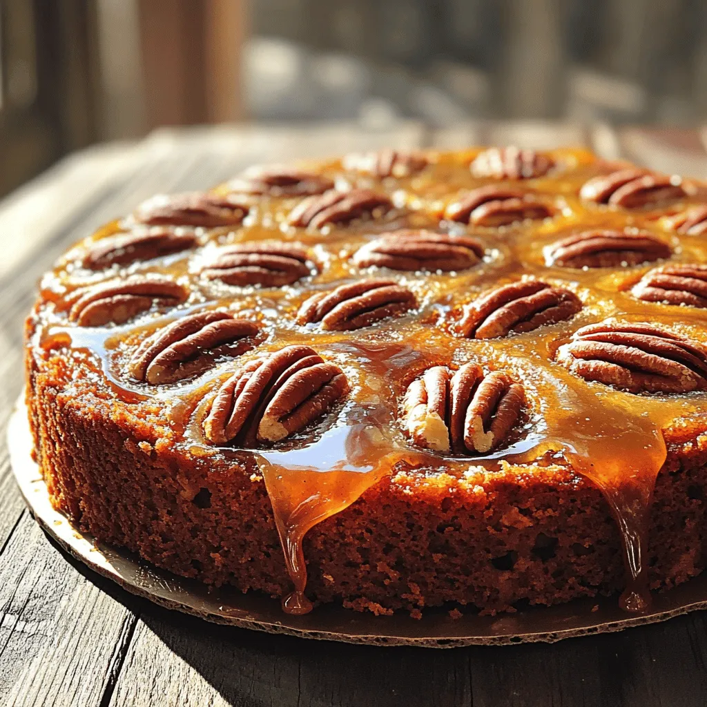 - 1 cup pecan halves - 1/4 cup unsalted butter - 1/2 cup brown sugar - 1 cup granulated sugar - 1/2 cup vegetable oil - 3 large eggs - 1 teaspoon vanilla extract - 2 cups all-purpose flour - 1 tablespoon baking powder - 1/2 teaspoon salt - 1 cup buttermilk - 1/2 teaspoon ground cinnamon Pecans are the stars of this cake. Their rich, nutty flavor adds depth. Unsalted butter gives the cake moisture. Brown sugar adds sweetness and a hint of caramel. Granulated sugar helps the cake rise and brown nicely. Vegetable oil ensures the cake stays moist. Eggs bind the mixture and add richness. Vanilla extract gives a warm, inviting aroma. All-purpose flour is the base, giving structure. Baking powder helps the cake rise, while salt enhances all flavors. Buttermilk adds a tangy flavor and makes the cake tender. Ground cinnamon gives a warm spice note. You can swap pecans for walnuts or almonds for a different taste. Use coconut oil instead of vegetable oil for a hint of coconut flavor. If you don’t have buttermilk, mix milk with a tablespoon of vinegar. For a dairy-free option, use almond milk with vinegar. You could also replace eggs with flaxseed meal mixed with water for a vegan cake. First, gather your ingredients. You need pecan halves, butter, brown sugar, granulated sugar, vegetable oil, eggs, vanilla extract, flour, baking powder, salt, buttermilk, and ground cinnamon. Next, preheat your oven to 350°F (175°C). This step is key to baking a great cake. Grease a 9-inch round cake pan with butter or oil. This helps the cake release easily later. In a medium saucepan over low heat, melt the butter and brown sugar. Stir them together until they bubble a bit. Pour this mixture into the bottom of your prepared cake pan. Now, arrange the pecans in a circle on top of the butter-sugar mix. Press them down gently. This makes a lovely design for when you flip the cake later. In a large bowl, combine the granulated sugar and vegetable oil. Mix them until they blend well. Add the eggs one by one, mixing well after each. Then stir in the vanilla extract. In another bowl, whisk your flour, baking powder, salt, and cinnamon. Now, alternate adding the dry mix and buttermilk to the sugar mixture. Start with the dry ingredients and end with them. Mix until just combined to keep the cake fluffy. Pour the batter over the pecans in the pan. Bake it in the preheated oven for 35-40 minutes. Check if it's done by inserting a toothpick into the center. It should come out clean. After baking, remove the pan from the oven. Let it cool for about 10 minutes. This cooling time is crucial for easy flipping. To invert the cake, place a serving plate over the pan. Carefully flip the pan upside down. Lift it off slowly to let the pecans and syrup drizzle over the cake. Let the cake cool completely before slicing. This will help you serve neat slices. Enjoy your delicious pecan upside down cake! You can find the full recipe in the earlier section. When making your pecan upside down cake, avoid overmixing the batter. Overmixing can lead to a tough cake. Mix just until the ingredients are combined. Another common mistake is not greasing the pan well. A sticky cake can ruin your beautiful design. Make sure to coat the pan with butter or cooking spray. For the best batter, use room temperature eggs and buttermilk. This helps with even mixing and a smoother texture. Start by mixing the sugar and oil well. This creates a fluffy base for your cake. Add eggs one at a time and mix well. This step is key for a rich flavor. To achieve a fluffy cake, fold dry ingredients gently into the wet mixture. Use a spatula and make slow, sweeping motions. This keeps air in the batter, making the cake light. Also, make sure to not skip the baking powder. It’s essential for that perfect rise. Finally, baking at the right temperature is crucial. An oven thermometer can help ensure accuracy. For the full recipe, check out the Pecan Paradise Upside Down Cake . {{image_2}} You can switch out pecans for other nuts. Walnuts or almonds work great too. Each nut brings its own taste and crunch. If you want a milder flavor, try hazelnuts. Just chop them up and use the same amount. You can add extra flavors to make this cake unique. For a chocolate twist, mix in some cocoa powder. A half-cup will do. If you love citrus, add some lemon or orange zest. This will brighten the cake and add freshness. You can also drizzle a bit of citrus juice over the cake before serving. To make this cake gluten-free, swap regular flour for almond or coconut flour. You can also use a gluten-free blend. For a dairy-free cake, use almond milk or coconut milk in place of buttermilk. Just remember to add a bit of apple cider vinegar for tang. These swaps keep the taste and texture delicious. For the full recipe, check out the link. To keep your pecan upside down cake fresh, store it in an airtight container. This will help keep moisture in and prevent it from drying out. Place the cake at room temperature for up to three days. If you prefer it chilled, you can refrigerate it. Just remember to bring it back to room temperature before serving for the best taste. You can freeze this cake to enjoy later. First, let the cake cool completely. Wrap it well in plastic wrap and then in aluminum foil. This helps prevent freezer burn. Freeze it for up to three months. When you're ready to eat, thaw it in the fridge overnight. To reheat your pecan upside down cake, slice it into pieces. Place the slices on a microwave-safe plate. Heat them in the microwave for about 15-20 seconds. If you prefer it warm from the oven, preheat the oven to 350°F (175°C). Bake the slices for about 5-10 minutes. This warms the cake without drying it out. For the complete recipe, check out the [Full Recipe]. Pecan Upside Down Cake stays fresh for about three days at room temperature. To keep it longer, store it in the fridge. It can last up to a week when chilled. The flavor might change slightly as it sits, but it will still taste good. Yes, you can make this cake ahead of time. Bake it, then let it cool. Once it's cool, wrap it tightly in plastic wrap or foil. It will keep well for up to two days at room temperature. For longer storage, place it in the fridge. Just remember to bring it to room temp before serving for the best taste. Serve your Pecan Upside Down Cake warm or at room temperature. The caramelized pecans on top look beautiful. You can add a scoop of vanilla ice cream or whipped cream on the side for extra flavor. This cake is perfect for special occasions or a cozy dessert after dinner. For the complete recipe, check out the Full Recipe section. This blog talked about making a delicious Pecan Upside Down Cake. We covered key ingredients, substitutions, and how to prepare and bake the cake. I shared tips to avoid mistakes and create a fluffy texture. You learned about tasty variations and how to store your cake properly. In conclusion, with these steps and tips, you can easily make a great cake. Enjoy it with friends or family, and savor the smiles it brings!
