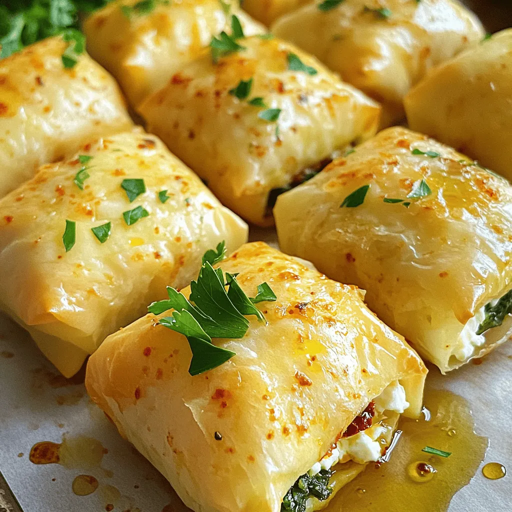 Here’s what you need for the Oven Fried Feta Rolls with Chili Honey. Gather these fresh ingredients before you start cooking: - Feta cheese - Fresh spinach - Sun-dried tomatoes - Dried oregano - Phyllo dough - Olive oil - Honey - Red chili flakes - Salt and pepper - Fresh parsley Every ingredient plays a role in making this dish stand out. Feta cheese gives a creamy and tangy taste. Fresh spinach adds a nice green crunch. Sun-dried tomatoes bring a sweet and rich flavor. Dried oregano adds a hint of earthiness. Phyllo dough wraps everything up in a crispy shell. Olive oil helps achieve that golden color. Honey sweetens the dish, and red chili flakes give it a spicy kick. Salt and pepper enhance all the flavors, while fresh parsley adds a pop of color. Using fresh ingredients is key to delicious rolls. You can find these items at most grocery stores. Once you have everything ready, you can dive into the fun part: cooking! For the full recipe, check the details above. 1. Preheat your oven to 400°F (200°C). This helps the rolls cook evenly and get crispy. 2. Line a baking sheet with parchment paper. This keeps the rolls from sticking and makes cleanup easy. 3. In a mixing bowl, combine the filling. Add the crumbled feta cheese, chopped spinach, sun-dried tomatoes, oregano, salt, and pepper. Mix well until you have a smooth mixture. 1. Lay one sheet of phyllo dough on a clean surface. Brush it lightly with olive oil. 2. Place a second sheet on top and brush it with oil again. Repeat this step for a total of four sheets. This gives you a strong base for the rolls. 3. Cut the stacked phyllo sheets into strips. Aim for about 3 inches wide, making it easy to fill. 4. Place a tablespoon of the feta mixture at one end of each phyllo strip. 5. Fold the sides of the strip over the filling. Roll it up tightly into a roll. Repeat this until all the filling is used. 1. Place the rolls seam-side down on the baking sheet. Brush the tops with olive oil to help them brown. 2. Bake in the preheated oven for 15-20 minutes. You want them golden brown and crispy. 3. While the rolls bake, prepare the chili honey. Heat honey in a small pan over low heat, then add red chili flakes. Stir well. Remove from heat. 4. Once the rolls are done, drizzle the chili honey over them while they are still warm. 5. Garnish with fresh parsley before serving. This adds color and flavor to your dish. For the full recipe, you can refer to the previous sections. Enjoy your delicious oven fried feta rolls! To get crispy phyllo, you must work fast. Use fresh phyllo dough and keep it covered. Brush each layer with olive oil. This helps layers stick and crisp up nicely. Store your feta rolls in an airtight container. If you have leftovers, keep them in the fridge. They taste best when eaten within two days. To reheat, use the oven to keep them crispy. These feta rolls pair well with dips. Try hummus or tzatziki for a fresh kick. You can also serve them with a simple tomato salsa. For drinks, a crisp white wine works great. You can also enjoy sparkling water with lemon. Both choices enhance the flavors of the rolls. If you want the full recipe, check out the [Full Recipe]. {{image_2}} You can easily change the cheese in this recipe. Goat cheese can add a tangy taste. Cream cheese gives a creamy texture. Both are great options. Adding vegetables can also change the flavor. Try roasted red peppers for a sweet kick. Artichoke hearts add a unique taste and texture. Zucchini or mushrooms can work well too. Spices and herbs can change a dish's flavor. Try adding garlic powder for depth. A sprinkle of smoked paprika gives a nice warmth. Fresh herbs like basil or dill can freshen things up. You can also play with sauces. Swap the chili honey for a spicy aioli. A yogurt dip can add creaminess and coolness. Experiment with different sauces to find your favorite mix. For the full recipe, check out the details above. To keep your feta rolls fresh, place them in an airtight container. Store them in the fridge for up to three days. This will help maintain their flavor and texture. If you want to save them longer, you can freeze them. Wrap each roll in plastic wrap, then put them in a freezer bag. They can last up to three months in the freezer. When it comes to reheating, the oven is the best choice. Preheat your oven to 350°F (175°C). Place the rolls on a baking sheet and heat for about 10 minutes. This will help restore their crispiness. If you're in a hurry, you can use the microwave. However, this method may make them a bit soggy. To avoid that, try placing a paper towel under the rolls. This helps absorb some moisture. Yes, you can make these rolls ahead of time. You can prepare them and freeze them before baking. Just make sure to wrap them well. When you're ready, bake them straight from the freezer. This method helps keep them crispy. If you don’t have phyllo dough, you can use puff pastry or egg roll wrappers. Both options work well. Puff pastry gives a nice, flaky texture, while egg roll wrappers are thicker. Adjust baking time if needed to ensure they cook through. To make the chili honey spicier, add more red chili flakes. You can also use fresh chopped chili instead. Just remember to taste as you go. This way, you can control the spice level based on your preference. For the full recipe, check the section above. In this post, we covered feta rolls, from ingredients to cooking tips. You learned how to make crispy phyllo, mix the perfect filling, and pair your rolls with tasty dips. Remember, you can personalize the recipe with different cheeses and spices. Store any leftovers properly, and reheat them for a quick snack. Enjoy experimenting with variations to make this dish your own. These feta rolls are sure to impress and satisfy everyone. Happy cooking!