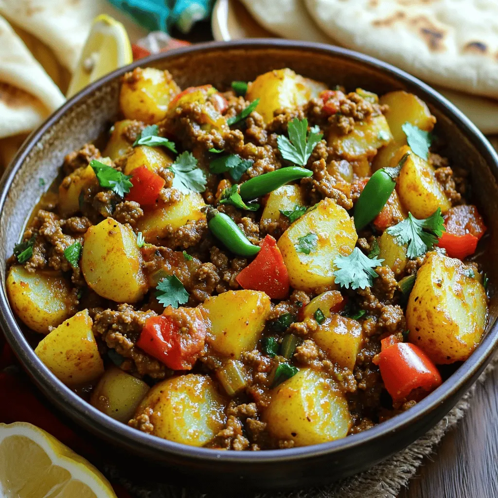 To make Aloo Keema, you need the following main ingredients: - 500g ground beef - 2 large potatoes, peeled and diced - 1 large onion, finely chopped - 2 tomatoes, chopped - 2 green chilies, finely chopped - 4 cloves garlic, minced - 1-inch piece ginger, minced - 1 teaspoon cumin seeds - 1 teaspoon coriander powder - 1 teaspoon garam masala - 1/2 teaspoon turmeric powder - 1 teaspoon red chili powder (adjust to taste) - Salt to taste - 2 tablespoons cooking oil - Fresh cilantro, chopped for garnish - Lemon wedges for serving These ingredients create a rich and hearty dish. The ground beef gives flavor, while potatoes add creaminess. Onions and tomatoes create a base that is both sweet and savory. You can add some optional ingredients to enhance your Aloo Keema: - Peas for extra texture - Carrots for sweetness - Bell peppers for color - A dash of lime juice for brightness These extras add layers of taste and nutrition. Feel free to mix and match based on what you have at home. Aloo Keema pairs well with several side dishes: - Warm naan or roti - Steamed basmati rice - Cucumber raita to cool the spice - A fresh salad for crunch These sides make your meal complete. They balance the flavors and textures of the curry. You can find the full recipe [here](#). For Aloo Keema, start by gathering your ingredients. You will need: - 500g ground beef - 2 large potatoes, peeled and diced - 1 large onion, finely chopped - 2 tomatoes, chopped - 2 green chilies, finely chopped - 4 cloves garlic, minced - 1-inch piece ginger, minced - 1 teaspoon cumin seeds - 1 teaspoon coriander powder - 1 teaspoon garam masala - 1/2 teaspoon turmeric powder - 1 teaspoon red chili powder (adjust to taste) - Salt to taste - 2 tablespoons cooking oil - Fresh cilantro, chopped for garnish - Lemon wedges for serving Chop the onion, tomatoes, and chilies first. Mince the garlic and ginger next. This prep makes cooking easier and faster. Heat the cooking oil in a large skillet over medium heat. Add cumin seeds and let them crackle. This adds a nice flavor. Next, add the chopped onions. Sauté until they turn golden brown. This usually takes about 5 minutes. Stir in minced garlic and ginger. Cook for one more minute until fragrant. Now, add the chopped tomatoes and green chilies. Cook until the tomatoes soften and their juices flow. Mix in the ground beef. Break it apart with a spoon. Cook until the beef turns brown and is fully cooked. This should take about 8-10 minutes. Next, sprinkle in turmeric, coriander powder, red chili powder, and salt. Stir well and cook for 5 minutes. Now, add the diced potatoes and mix everything well. Pour in enough water to cover the mixture, about 1-1.5 cups. Stir and bring to a boil. Reduce the heat to low and cover the pot. Let it simmer for 20-25 minutes until the potatoes are tender. Stir occasionally to prevent sticking. Once cooked, stir in garam masala. Adjust salt if needed. Cook for another 5 minutes uncovered. Remove from heat and garnish with chopped cilantro. Serve hot in a deep bowl with lemon wedges on the side. This dish pairs well with warm naan or steamed rice. Enjoy your Aloo Keema! For the full recipe, check out the detailed instructions above. Cooking Aloo Keema can be easy, but some mistakes can ruin it. One common error is overcooking the potatoes. They should be tender but not mushy. Another mistake is not browning the beef properly. This step adds depth to the flavor. Lastly, don’t skip the spices. They are key to making the dish taste great. If your potatoes are not cooking through, you may need to adjust the cooking time. If you cut them larger, they will take longer. Start with 25 minutes of simmering. You can always check and cook more if needed. The beef should be cooked thoroughly, which usually takes about 10 minutes. To boost flavor, you can add fresh herbs like mint or more cilantro. A squeeze of lemon right before serving can make the dish pop. If you like heat, add more green chilies or red chili powder. For a richer taste, try using ghee instead of oil. This adds a unique flavor that elevates your Aloo Keema. For the full recipe, refer to the earlier section. {{image_2}} You can make a tasty vegetarian version of Aloo Keema. Use crumbled tofu or textured vegetable protein instead of beef. This gives a similar texture and absorbs all the flavors well. Add extra veggies like peas or carrots for more color and nutrients. Follow the same steps in the Full Recipe but skip the meat. The spices work wonders with veggies. Serve it hot with naan or rice for a hearty meal. For a kick, try making spicy Aloo Keema. Use more green chilies and red chili powder than the Full Recipe calls for. You can also add a pinch of cayenne pepper. This makes the dish hotter and more exciting. Balance the heat with a squeeze of fresh lemon juice. Serve with cool yogurt on the side. It helps tame the spice and adds a nice touch. You can switch up the meat in your Aloo Keema easily. Ground lamb or chicken works great. Each meat gives a unique flavor. Just cook it the same way as the beef in the Full Recipe. If you use chicken, it may cook faster, so watch it closely. Lamb adds richness, making the dish feel extra special. Enjoy the variety, and find your favorite! To keep your Aloo Keema fresh, let it cool down first. Once it's cool, put it in an airtight container. Store it in the fridge if you plan to eat it within three days. Make sure to label the container with the date. This way, you’ll know when it’s best to eat it. When you’re ready to enjoy leftover Aloo Keema, reheating is easy. You can use a microwave or stovetop. For the microwave, put it in a bowl and cover it with a damp paper towel. Heat for one to two minutes, checking halfway. If using the stovetop, warm it in a pan over low heat. Stir often to avoid burning. Add a splash of water if it seems dry. If you want to save Aloo Keema for later, freezing is a great option. Place cooled Aloo Keema in a freezer-safe container or bag. Squeeze out any extra air to prevent freezer burn. Label it with the date. You can freeze it for up to three months. When ready to eat, thaw it in the fridge overnight before reheating. Enjoy your meal with the same great taste! This information helps you keep your Aloo Keema delicious and safe to eat. For the full recipe, check out the recipe section above. You can use ground turkey or chicken instead of beef. These meats work well with the spices. If you prefer a vegetarian option, try using lentils or chickpeas. Both add a nice texture and flavor. For a hearty meal, you can also use crumbled tofu or tempeh. Each option brings unique tastes to your dish. Aloo Keema can be mild or spicy, depending on your taste. Typically, it includes green chilies for heat. If you want less spice, reduce the number of chilies. You can also remove the seeds from the chilies. If you enjoy heat, add more red chili powder. You control the spice level to suit your palate. Yes, you can easily make Aloo Keema in a slow cooker! Brown the meat and sauté the onions, garlic, and spices first. Then, add everything to the slow cooker. Cook on low for 6-8 hours or on high for 3-4 hours. The flavors meld beautifully, and the potatoes become tender. It's a great way to prepare this dish while you focus on other tasks. For the full recipe, check out the detailed instructions. In this post, we explored how to make Aloo Keema. We covered its key ingredients and side dishes, detailed step-by-step cooking instructions, and shared tips to avoid mistakes. I also provided variations to suit different tastes and suggestions for storing the dish. Aloo Keema is flexible and fun to cook. With the right tips, you can enjoy a tasty meal. Try these methods and make Aloo Keema your own!