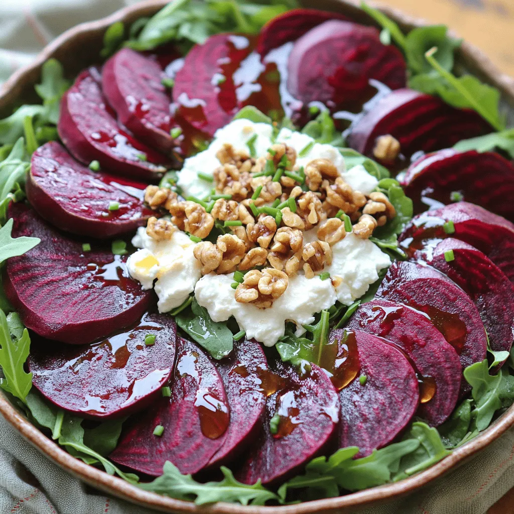 - 4 medium-sized beets - 5 oz (140g) goat cheese, crumbled - 4 cups mixed salad greens (arugula, spinach, and frisée) - ½ cup walnuts, toasted and roughly chopped - ¼ cup balsamic vinegar - 2 tablespoons honey - 3 tablespoons olive oil - Salt and pepper to taste - Fresh chives, chopped (for garnish) The magic of this salad lies in its ingredients. Each one adds a special touch. The beets bring sweetness and earthiness. They are vibrant in color and rich in nutrients. Goat cheese adds a creamy and tangy flavor. It balances the sweetness of the beets perfectly. Mixed salad greens provide freshness and crunch. Walnuts add a nice crunch and healthy fats. For the dressing, balsamic vinegar, honey, and olive oil blend well. This mix enhances all the flavors. It ties the salad together. Salt and pepper add just the right amount of seasoning. This salad packs a healthy punch. Each serving has about 250 calories. It includes: - Carbohydrates: 20g - Protein: 8g - Fat: 18g Beets are low in calories and high in fiber. They support heart health and improve blood flow. Goat cheese offers calcium and protein. Together, these ingredients make a nutritious meal. You can enjoy this salad guilt-free. For the full recipe, check out the detailed instructions to create this delightful dish. First, preheat your oven to 400°F (200°C). This high heat helps the beets roast evenly and fully. Next, wash the beets well under cold water. After cleaning, wrap each beet in aluminum foil. This keeps them moist and helps them cook faster. Place the wrapped beets on a baking sheet for easy handling. Roast the beets for about 45 to 60 minutes. Check for tenderness by piercing them with a fork. They should feel soft inside when done. Once they are ready, let them cool slightly. Then, peel off the skin and slice the beets into wedges. While the beets roast, you can make the dressing. In a small bowl, add balsamic vinegar, honey, olive oil, salt, and pepper. Use a whisk to mix these ingredients together until they blend well. This is called making an emulsion. For the perfect balance of flavors, taste the dressing. If it’s too tangy, add a bit more honey. If it’s too sweet, add more vinegar. Adjust it until you love the taste. Now it’s time to put everything together. In a large salad bowl, combine the mixed greens. Add the roasted beet wedges you prepared earlier. Toss in the toasted walnuts for some crunch. Drizzle the dressing over the salad. Gently toss the salad to coat the greens and beets with the dressing. Make sure everything is well-mixed. Serve the salad on individual plates. Sprinkle the crumbled goat cheese on top. Garnish with fresh chives for extra flavor and a touch of color. Enjoy this fresh and tasty Roasted Beet and Goat Cheese Salad! For complete details, refer to the Full Recipe. To boost the taste of your salad, add fresh herbs like basil or mint. These herbs bring a bright note. You can also try spices like cumin or smoked paprika for a twist. For vinegars, swap balsamic with red wine or apple cider vinegar. Each type adds a unique touch and depth. This salad pairs well with grilled chicken or fish. It also works great as a starter for a fancy dinner. Serve it at picnics or gatherings, as it's colorful and delicious. Always choose fresh greens over packaged ones. Fresh greens taste better and stay crisp longer. When roasting beets, wrap them tightly in foil to keep moisture in. After roasting, let them cool before peeling. Store any leftover beets in the fridge for up to a week. For the best flavor, use them within a few days. Check out the Full Recipe for detailed instructions! {{image_2}} You can easily swap goat cheese for feta or blue cheese. Both options bring a unique flavor. Feta adds a salty taste, while blue cheese gives a rich, bold touch. You can also play with the nuts. Instead of walnuts, try pecans or almonds. They add a nice crunch. For a sweet twist, toss in some diced apples or pears. These fruits pair well with beets and cheese. If you want a vegan or dairy-free version, leave out the cheese. Use avocado instead. It adds creaminess without dairy. You can also use a vegan dressing made from tahini or cashew cream. For gluten-free options, this salad is already safe. Just ensure any added ingredients, like nuts, are gluten-free. Change your salad with the seasons. In fall, add roasted squash or pumpkin for warmth. In summer, fresh berries can brighten the dish. Try adding citrus fruits in winter. They bring a fresh, zesty flavor. You can also mix in seasonal greens, like kale in winter or fresh basil in summer. Each season offers a chance to create something new with this salad. To keep your salad fresh, store it in an airtight container. Use a container that fits the salad tightly. This keeps air out and maintains the crispness of the greens. Place the beets and walnuts on top. This way, they won't get soggy. For the dressing, store it separately in a small jar. This keeps the salad from wilting and lets you add it fresh when ready to eat. Can you freeze roasted beets? Yes, you can freeze them! First, let the beets cool completely. Then, slice them into wedges and place them in a freezer-safe bag. Remove as much air as possible before sealing. This helps prevent freezer burn. To use later, thaw the beets in the fridge overnight. They may be softer but still taste great in salads or side dishes. To refresh leftover salad, add fresh greens. This brings back crunch and life. If the salad feels limp, toss in some new lettuce or spinach. For serving cold, I recommend letting it sit at room temp for 10 minutes. This helps the flavors come alive again. Enjoy it just as you did the first time! When picking beets, look for firm ones with smooth skin. Avoid any that feel soft or have blemishes. The smaller the beet, the sweeter it usually is. Choose beets that are about the size of a golf ball for even cooking. Fresh beets have vibrant colors, which means they are still full of flavor. Yes, you can prepare parts of this salad ahead. Roast the beets a day before and store them in the fridge. You can also make the dressing ahead of time. Keep the greens separate until you serve. This way, they stay crisp and fresh. Assemble everything right before serving for the best taste. If you don’t have balsamic vinegar, try red wine vinegar or apple cider vinegar. They both add a nice tang. You can also use lemon juice for brightness. Just mix it with a little sweetener for balance. Each option will provide a unique flavor twist to your salad. This salad combines vibrant beets, creamy goat cheese, and crunchy walnuts. I shared key ingredients and easy steps to make it. The health benefits from beets and greens enhance your meals. Use my tips to enhance flavors or make variations. You can store leftovers well or even freeze beets. Remember, fresh ingredients make a big difference. Enjoy this tasty salad, whether for a special occasion or a simple lunch. Create your own versions as you experiment. Good luck with your cooking!
