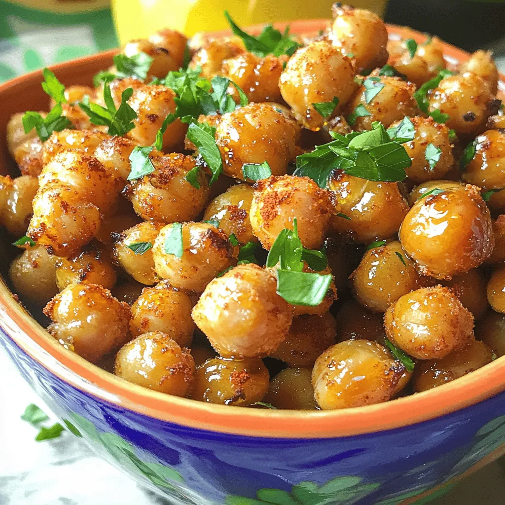 - 1 can (15 oz) chickpeas, drained and rinsed - 2 tablespoons olive oil - 1 tablespoon maple syrup - 1 teaspoon smoked paprika - 1 teaspoon ground cumin - 1/2 teaspoon cayenne pepper (adjust to taste) - 1/2 teaspoon garlic powder - 1/2 teaspoon salt - 1/4 teaspoon black pepper - Alternatives for chickpeas: You can use canned white beans or lentils if you want a change. Both options will give a nice texture. - Substituting maple syrup: If you don't have maple syrup, honey works well too. Use agave syrup for a vegan option. - Using different spices for flavor: Try using chili powder instead of smoked paprika for a different taste. You can also mix in some Italian herbs for a savory twist. These ingredients come together to create a snack that's both sweet and spicy. The chickpeas give a great crunch, while the spices make each bite exciting. For the full recipe, check out the Sweet and Spicy Roasted Chickpeas section. First, you need to rinse and drain the chickpeas. Open a can of chickpeas and pour them into a colander. Rinse them well under cold water. This step helps remove excess salt and improves flavor. Now, let them sit to drain for a few minutes. Next, drying is key for crispiness. Pat the chickpeas dry with a clean kitchen towel. Make sure they are as dry as possible. You can also air-dry them for about 15 minutes. This helps them get nice and crunchy when roasted. Now, let’s make the spice mix. In a large bowl, combine the olive oil, maple syrup, smoked paprika, ground cumin, cayenne pepper, garlic powder, salt, and black pepper. Mix it well until it forms a thick paste. This paste will stick to the chickpeas and give them great flavor. To achieve the best texture, make sure to coat all the chickpeas evenly. Toss them in the spice mix until they are fully covered. You can use your hands for this, which works well. Preheat your oven to 400°F (200°C) while you prepare the chickpeas. Spread the seasoned chickpeas in a single layer on a lined baking sheet. This helps them roast evenly. Roast them in the oven for 25 to 30 minutes. It’s important to shake the pan halfway through. This ensures that all sides get crispy. When they are golden brown, take them out of the oven. Let them cool for a few minutes. They will crisp up even more as they cool. Enjoy your sweet and spicy roasted chickpeas as a snack or on salads. Check out the Full Recipe for more details! To make your roasted chickpeas crispy, you must dry them well. After rinsing, use a clean kitchen towel to pat them dry. This step removes moisture, which is key for that crunch. Every oven is different. If your oven runs hot or cool, adjust the cooking time. Start with 25 minutes, but keep an eye on them. You want a golden brown color. Want more heat? Add extra cayenne or chili powder to the mix. If you prefer sweetness, try a bit more maple syrup. Both options add great depth to the flavor. You can also boost freshness by adding herbs. Try parsley or cilantro for a bright taste. A squeeze of lemon juice can also wake up the flavors. Serve these crunchy chickpeas in a vibrant bowl. They make a perfect snack or salad topper. Pair them with dips like hummus or yogurt for a tasty combo. You can also sprinkle them over soups for added crunch. Enjoy exploring different ways to serve them! {{image_2}} You can make roasted chickpeas even sweeter. Adding honey or brown sugar works great. Just mix it into your spice mix. The result? A tasty, crunchy treat. You can also add dried fruits like cranberries. They bring a chewy contrast to the crispy chickpeas. Toss them in after roasting for a fun twist. For a spicier kick, try different types of chili powder. Smoked chili powder adds a nice depth of flavor. You can also use chipotle for extra heat. Adding jalapeños or hot sauce is another great option. It boosts the heat and adds a fresh taste. Just be careful not to overdo it! Want a savory twist? You can try savory seasonings like Italian herbs. Oregano and basil pair well with chickpeas. Creating a Mediterranean flavor profile is easy. Just add garlic powder, lemon zest, and a bit of olive oil. This gives a nice, fresh taste to your roasted chickpeas. For the full recipe, check out the Sweet and Spicy Roasted Chickpeas section. Store your roasted chickpeas in an airtight container. Glass jars or plastic containers work well. Avoid using bags, as they can let air in. Keep them in a cool, dry place. Your pantry is perfect for this. Roasted chickpeas stay fresh for about 3 to 5 days. If you want them to last longer, consider refrigerating them. To reheat roasted chickpeas, use an oven or an air fryer. Preheat your oven to 350°F (175°C). Spread the chickpeas on a baking sheet and heat for about 10 minutes. If using an air fryer, set it to 350°F (175°C) and heat for 5 minutes. Reviving crispiness is easy. Make sure to let the chickpeas cool completely before storing. This helps keep them crunchy. If they become soft, reheating can bring back the snap. For extra crispiness, toss them in a little oil before reheating. Enjoy your flavorful snack again with this method! Yes, you can use dried chickpeas. To prepare them, soak them overnight. After soaking, drain and rinse them. Then, boil for about an hour until soft. Once cooked, you can spice them up just like with canned chickpeas. This gives you a fresh taste and better texture. Roasted chickpeas can last up to a week when stored properly. Keep them in an airtight container to maintain crispiness. For extra freshness, store them in a cool, dry place. If they lose crunch, you can re-roast them at 400°F for about 5 minutes. Yes! Chickpeas are packed with nutrients. They are high in protein and fiber. This makes them a great snack choice. By roasting them, you add flavor without many calories. Plus, the spices in the recipe offer extra health benefits. Enjoy knowing you are snacking smartly! Roasting chickpeas is simple and fun. You learned about the best ingredients and substitutions. We covered easy steps for prepping, roasting, and flavoring your dish. Don’t forget tips for crispiness and serving ideas. Now, with a little creativity, you can change the flavor. Try sweet, spicy, or savory variations for new tastes. Store your roasted chickpeas properly to keep them fresh. Enjoy your crunchy snacks and feel good knowing they are healthy!