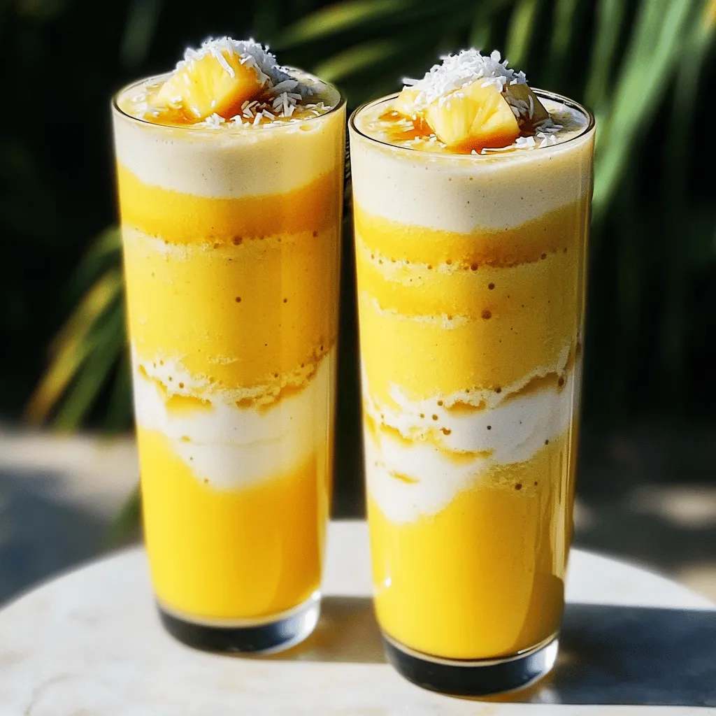 - 1 cup fresh pineapple chunks - 1 ripe banana - 1/2 cup coconut yogurt - 1 cup coconut milk (or almond milk for a lighter option) - 1 tablespoon honey or maple syrup (optional) - 1/2 teaspoon vanilla extract - 1/4 cup shredded coconut (unsweetened) - Ice cubes (optional, for a thicker smoothie) When measuring, use a standard cup for liquids and dry goods. A kitchen scale can help with precise measurements for ingredients like the banana. Ensure the pineapple is fresh for the best taste. If using frozen pineapple, reduce or omit the ice cubes. You can add spinach for extra nutrients without changing the flavor. Swap coconut yogurt for regular yogurt if you prefer. For a nutty taste, try adding a spoonful of almond butter. If you want it sweeter, increase honey or maple syrup. You can also use flavored coconut milk for a unique twist. Check the [Full Recipe] for more ideas! To make this Pineapple Coconut Smoothie, gather your ingredients first. You need fresh pineapple chunks, a ripe banana, coconut yogurt, and coconut milk. You can use almond milk if you want a lighter drink. Optional ingredients include honey or maple syrup and shredded coconut. This smoothie takes just five minutes to prepare. 1. Start by placing the pineapple chunks, banana, coconut yogurt, and coconut milk in your blender. 2. If you like sweetness, add honey or maple syrup. Then, mix in the vanilla extract and shredded coconut. 3. Blend everything on high until it becomes smooth and creamy. 4. If you prefer a thicker smoothie, toss in some ice cubes and blend again. 5. Taste your smoothie. You can adjust the sweetness or thickness by adding more milk or sweetener. 6. Pour the smoothie into two glasses. For a nice touch, sprinkle more shredded coconut on top. This Pineapple Coconut Smoothie is great for breakfast or a snack. You can pair it with a light meal or enjoy it on its own. For fun, serve it with a colorful straw or an umbrella for a tropical vibe. You can find the full recipe in the recipe section above. Enjoy! To make your smoothie smooth, blend well. I suggest starting on low speed. Gradually increase to high. If your smoothie is too thin, add more yogurt or banana. For a thicker texture, toss in some ice cubes. Blend again until you reach your desired creaminess. Fresh ingredients make a big difference. Use ripe bananas and sweet pineapple for the best taste. Look for pineapples that are golden and smell sweet. If you can, choose coconut yogurt without added sugars. This keeps your smoothie healthy and tasty. You can boost the flavor of your smoothie easily. Consider adding a pinch of salt. This helps bring out the sweetness. A squeeze of lime juice adds a zesty kick. You might try adding a handful of spinach for extra nutrients without changing the taste. For a fun twist, sprinkle in some chia seeds or flax seeds for added texture. If you want to try new flavors, check the Full Recipe for more ideas! {{image_2}} You can make this smoothie even more fun! Try adding mango or papaya for extra flavor. A splash of orange juice gives a zesty kick. For a more tropical taste, add passion fruit. These twists create a party in your mouth! Want a dairy-free version? Just use coconut yogurt and coconut milk. Both keep the smoothie creamy and delicious. You can also swap honey for maple syrup to keep it vegan. This way, everyone can enjoy the tropical goodness! Use seasonal fruits for a fresh twist! In summer, add strawberries or blueberries. In fall, try apples or pears. These fruits mix well with pineapple and coconut. They add new flavors and colors to your smoothie. For the full recipe, check the main section. If you have leftover smoothie, store it in a clean jar. Use an airtight lid to keep it fresh. You can also use a tightly sealed container. This helps avoid any unwanted smells in your fridge. Smoothies are best when you drink them fresh, but you can store them for later. To keep ingredients fresh, freeze them. Cut fresh pineapple and banana into chunks. Place them in a freezer bag. Be sure to remove air from the bag before sealing. You can also freeze coconut yogurt in ice cube trays. This makes it easy to grab what you need for your next smoothie. Your smoothie lasts about one day in the fridge. After that, the taste and texture can change. If you notice separation, just shake or stir it before drinking. For the best flavor and quality, enjoy your smoothie fresh or within a day. You can find the full recipe [here]. To make your smoothie thicker, you can add ice cubes. Ice cools the drink and gives it a nice texture. Another option is to use more frozen fruit. Frozen fruit blends well and makes the drink creamy. You can also increase the amount of coconut yogurt. This adds both thickness and flavor. Yes, frozen fruits work great in this recipe. Using frozen pineapple or banana keeps the smoothie cold and thick. This is a smart choice if fresh fruit is not available. Just remember to reduce the ice, as frozen fruit can create a thick texture on its own. Pineapple is rich in vitamin C and aids digestion. It helps support your immune system too. Coconut provides healthy fats that are good for energy. It also helps keep your skin healthy. Together, they create a delightful and nutritious drink. You can customize smoothies to suit kids' tastes. Try adding spinach for extra nutrition. It blends well with the fruit and tastes sweet. You could also swap out yogurt for a favorite flavor. Let kids choose toppings like sprinkles or extra fruit for fun. This Pineapple Coconut Smoothie is healthy and filling. One serving has about 200 calories. It is low in fat and high in vitamins. The smoothie provides potassium from bananas and fiber from fruit. For the full recipe, check out the details above. You now have all the tools to make a great pineapple coconut smoothie. We covered the key ingredients, steps for blending, and tasty tips to make it better. Remember, feel free to try different fruits and customize it to your taste. Store leftovers right so you waste nothing. This smoothie is not just yummy; it's also good for you. Enjoy each sip, and make it your new favorite!